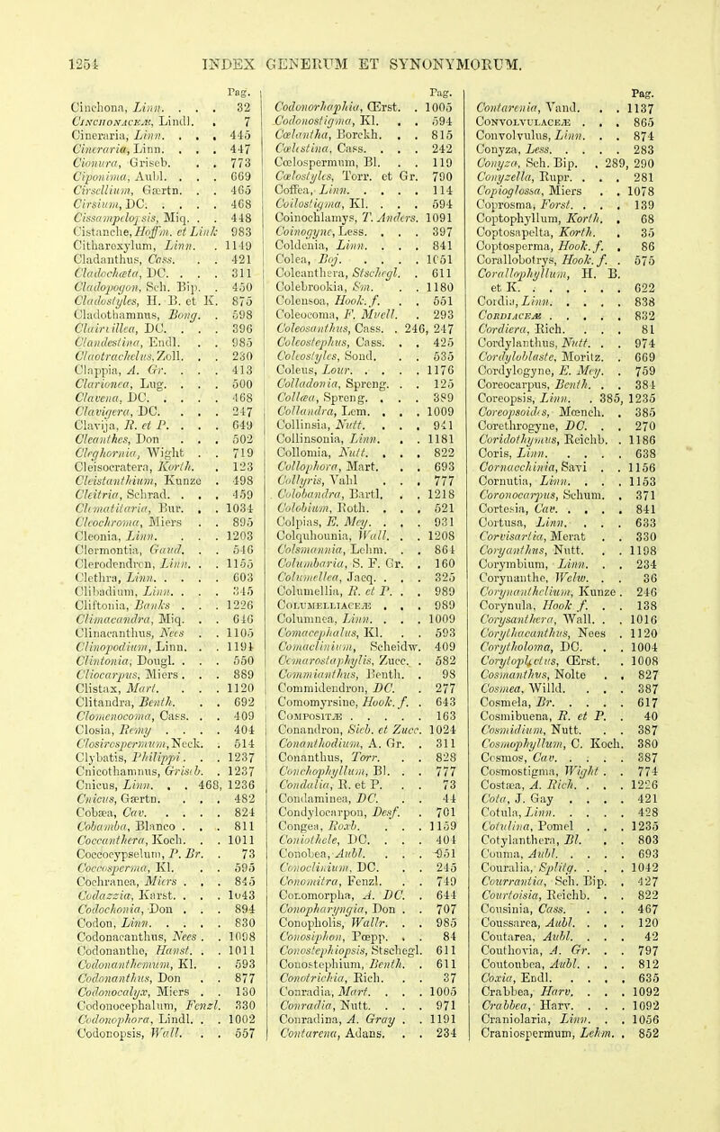 Pag. Cinchona, Linn. ... 32 CiNcnoNACE.v,, Lind). , 7 Oineraria, Linn. . . . 44,5 Cincraria, Linn. . . , 447 Ciomita, Griscb. . . 773 Ci^Mnima, Aulil. . . . G69 Cirsdlium, Gairtn. . . 4G5 Cirsium, DC 468 Cissampdojsis, Miq. . . 448 Cistanche, Hoffm. ct Linlc 983 Citharoxylum, Linn. . 1149 Cladanthiis, Cass. . . 421 CladocJi(eta, DC. . . . 311 Clado'i)ogon, Seh. Bip. . 450 Cladostylcs, H. B. et K. 875 Cladothamniis, Bong. . 598 ClairuUca, DC. . . . 396 Clandestina, Endl. . . 985 Claotrachclus,7.o\\. . . 230 Clappia, A. Gr. . . . 413 Clarionca, Liig. . . . 500 Clavena. DC 468 Claviqcra, BC. . , . 247 Ciavija, R. H P. . . . 649 Cleanthes, Don . . , 502 Clcghornia, Wight . . 719 Cleisocratera, Korth. , 123 Clcistunthium, Kunzo . 498 Clcitria, Schrad. . . , 459 Clnnatitaria, T>\\v. . . 1034 Clcochroma, Miers . . 895 Cleonia, Linn. . . . 1203 Clovmontia, Gaud. . . 546 Clerod?ndrcn, Linn. . .1155 Clethra, Linn C03 Clibadium, LAnn. . . . 345 Cliftonia, Bavhs . . . 1226 Cliinacandra, Miq. . . 646 Clinacantlius, Necs . .1105 Clinopodium, Ijhm. . . 1194 Clintonia, Dougl. . . . 650 Cliocarpvs, Miers. . . 889 Clistax, Mart. . . .1120 Clitaudra, Bcnth. . . 692 Clomcnocorna, Cass. . . 409 Closia, Ecmy .... 404 Closirospcr7nitm,^i:c\. . 514 Clybatis, P//!7/p;3/. . .1237 Cnicothamnus, Grisih. . 1237 Cnicus, Linn. . . 460, 1236 Cnicus, Gsertn. . , . 482 CobEPa, Cav 824 Cobamba, Blanco . , . 811 Coccanthera, Koch. . . 1011 Coccocypseluni, P. Br. . 73 Cocctisperma, Kl. , . 695 Coehranoa, Micrs . . . 845 Codazsia, Karst. . . . Iu43 Codochonia, Don . . . 894 Codon, Linn 830 Codonacanthus, Kccs . . 1008 Codonantho, Hansf. . .1011 Codonanthcmum, KI. . 693 Codonanthus, Don . . 877 Codonocctly.x, Miers . . 130 Codonocephahim, Fenzl. 330 Codonophora, Lindl. . . 1002 CodoEopsis, Wctll. . . 557 Tag. Codonorhctphia, ffirst. . 1005 Codonostignia, Kl. . . 594 Ccelanthu, Borckh. . , 815 Ccehslina, Cass. . . . 242 Coslospermnm, Bl. . . 119 Coelostyks, Torr. ct Gr. 790 CofFea, i/H?? 114 Coilostigma, Kl. . . . 694 Coinochlamys, T. Andcrs. 1091 Coinogync,ljQss. . . . 397 Coldenia, Linn. . . , 841 Colea, Boj 1C51 Co\cATA\\s\-a., Stschcgl. . 611 Colebroolda, Sm. . .1180 Coleusoa, Hook. f. . . 661 Colcocoma, F. Muell. . 293 CoJcosanthus, Cass. . 246, 247 Colcoslephus, Cass. , , 425 Cohoslylcs, Sond. . . 535 Coleus, Lour 1176 Colhidonia, Sprcng. . . 125 CoUcea, Spreng. . . . 389 CoUandra, Lem. , , , 1009 Collinsia, Nutt. . . , 941 Coilinsonia, Linn. . .1181 Collomia, Nult. ... 822 CoUophora, Mart. . . 693 GoUyris, Vahl ... 777 Gololmndra, Bartl. . . 1218 Guhibium, Eoth. . . . 621 CoJpias, E. Mcy. ... 931 Colquhounia, Widl. . . 1208 Colsmannia, Lchm. . . 864 Columbaria, S. F. Gr. . 160 GoluincUca, Jacq. . , . 325 Colnmcllia, li. ct I\ . . 989 ColumeixtacejH . , , 989 Columnca, Linn. . . . 1009 Gomaccpiiahts, KI. . . 693 GomucUnium, Scheichv. 409 GcmarostaphyUs, Zucc. . 682 Comniianthus, Benth. . 98 Commidendron, BG. . 277 Comomyrsino, Hoo/c. f. . 643 COMPOSITTE 163 Conandron, Sicb. ct Zucc. 1024 Goitauthodium, A. Gr. . 311 Conanthus, Torr. . . 828 Gonchopliyllum, Bl. . . 777 Gondulia, H. ot7. . . 73 Condaminea, BG. . . 44 Condylocarpon, Besf. . 701 Cougai\, Ito.rb. . . . 1159 Gonioihele, DC. ... 404 Conobea, Aubl. . . ■ . -951 Gonocliiduin. DC. . . 245 Gonomilra, Fenzl. . . 749 Coi.omorpha, J. BG. . 644 Conopharyngia, Don . . 707 Conopliolis, Wallr. . . 985 Gonosipdion, Poej)p. . . 84 Gonostcphiopsis, Stschegl. 611 Conostephium, /ie^;'/*. . 611 Conotrichia, Eich. . . 37 Conradia, iV/ffrf. . . . 1005 Conradia, Nutt. . . . 971 Conradina, A. Gray . . 1191 Gonturcna, Adans. . . 234 Pag. Contarcnia, Vand. . .1137 CONVOLVULACBJE . . . 865 Convolvulus, Linn. . . 874 Conyza, Less 283 Conyza, Sch. Bip. . 289, 290 GonyzeUa, Eupr. . . . 281 Gopioglossa, Miers . . 1078 Coprosma, Forst. . . . 139 Coptophyllum, Korlh. , 68 Coptosapelta, Korlh. . 35 Coptosporma, Hoolc.f. , 86 Corallobotrys, Hoolc.f. . 575 CoraUophylluin, H. B. et K 622 Cordia, Linn 838 GoiiDiACEjn 832 Cordicru, Eich. . . , 81 Cordylanthus, Nittt. . . 974 Gorihjloldastc. Moritz. . 669 Cordylogyne, E. Mcy. . 759 Coreocarpus, Bcnth. . . 381 Coreopsis, Hnn. . 386, 1235 Goreopsoidts, Mcench. , 385 Corethrogyne, BG. . . 270 C'uric/o///j/;//Eeichb. . 1186 Coris, Linn 638 Cornacchinia,Seiyi , .1166 Cornutia, Linn. , . .1153 Coronocaijnts, Schum. , 371 Cortosia, Gav 841 Cortusa, Linn. . . . 633 Gorvisartia,M&YVit . . 330 Goryanthus, Nutt. . .1198 Curymbium, Linn. . , 234 Corynanthe, Wcho. . . 36 GorynanthcVnim, Kunze . 246 Corynula, Hook f. . . 138 Gorysanthcra, Wall. . .1016 Gorylhacanthus, Noes . 1120 Gorytholoma, DG. . . 1004 Gorytopkclus, CErst. . 1008 Cosmanthvs, Nolte . , 827 Cosinea, Willd. . . . 387 Cosmela, Br 617 Cosmibuena, B. ct P. . 40 Casmidium, Nutt. . . 387 CosimphyUum, C. Koch. 380 Ccsmos, 6'«!' 387 Cosmostigma, Wight . . 774 Costfca, A. Itich. . . . 1226 Gota, J. Gay .... 421 Cotula, Linn 428 Goiulina, Pomel . . .1235 Cotylanthera, BI. . . 803 Counui, Aubl 693 CovLTa\\-A, Splilg. . . . 1042 Courrantia, Sch. Bip. . 4 27 Covrtoisia, Eeichb. . . 822 Cousinia, Cass. . . . 467 Coussarca, Atibl. . . . 120 Coutarea, Auhl. ... 42 Couthovia, A. Gr. . . 797 Coutoubca, Auhl. , . . 812 Goxia, Endl 635 Crabbea, Harv. . . .1092 Grabhca, Harv. . . . 1092 Craniolaria, Linv. . , 1056 Craniospermum, Lchm. . 852