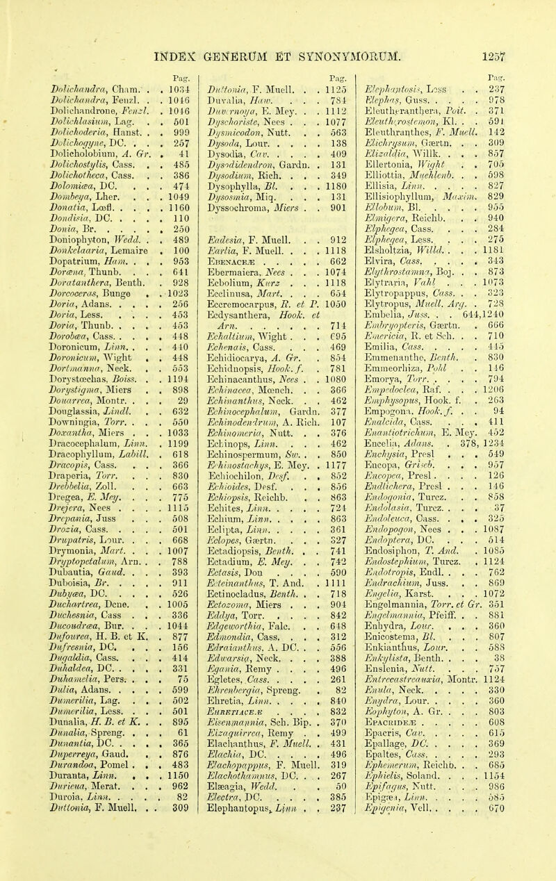 Pag. Bolichfiiulra, Ch.im, . . 1034 DuHcJiaiidra, Feuzl. . . lOlG Doliohiuidroue, Fciicl. . 1046 DoJii'/ilasium, Lag. . . 601 Dolichoderia, Haiist. . . 999 Dulichogijiic, DG. ... 267 Dolicholobiuni, A. Gr. , 41 Dolichostylis, Cass. . . 485 DoUchothcca, Cass. . . 386 Dolomicea, DC. . . . 474 Dorahci/a, Lher. . . . 1049 Doiiatia, Loefl 1160 Dondida, DC 110 Donia, Br 250 Doniophyton, Wcckl. . . 489 Donkclaaria, Lemaire . 100 Dopatriiim, Hnm. . . . 953 Dorcsna.ThvLnh. . . . 641 Doratanthcra, Benth. . 928 Dorcooeras,'BviagQ . .1023 Doria, Adans 256 Doria, Less. .... 453 Doria, Thunb 453 Dorobaa, Cass 448 Doronicum, Liim. . . . 410 Doronicum, Wight , . 448 Dortmanna, Neck. . . 553 Dorjstajchas, Boiss. . . 1194 Dorystigma, Micrs . . 898 Douarrea, Montr. ... 29 Douglassia, Xincll. . . 632 Downingia, Ihrr. . . . 650 Do.rantha, Miers . . .1033 Dracocophalum, Liiin. . 1199 Dracophyllum, LahiU. . 618 Dracopi.'!, Cass. . . . 366 Draperia, Torr. . . . 830 Drchbelia, ZoU. ... 663 Dregea, E. Mey. . . . 775 Drejcra, Nees . . . .1115 Drcpa/nia, Jiiss . . . 608 Drozia, Cass 501 Driipatris, Lour. . . , 668 Drymonia, Mart. . . .1007 Drijptopetalinn, Arn. . . 788 Dubautia, Gaud. . . . 393 Duboisia, Br 911 Dubyeea, DO 626 Duchartrea, Dcne. , . 1005 Duchesnia, Cass . , . 336 Ducoudraa, Bur. . . . 1044 Diifourca, H. B. ct K. . 877 Diifresiiia, DC, , . . 156 Ducialdia, Cass. . . , 414 Dilhaldca, DC 331 DuhameHa, Pers. ... 75 Du/ia, Adans 699 Duincrilia, Lag. . . , 502 Diimerilia, Less. . . . 601 Dunalia, H. B. et K. . . 895 Dunalia, Spreng. ... 61 Dunantia, I)C 365 Dujperreya, Gaud. , , 876 Durandoa, Pomel . . , 483 Duranta, J/«'n». , . .1150 Durieua, Merat. ... 962 Duroia, Linn 82 Dnttonia, F. M\iell. . . 309 Pag. Diiftoma, F. Muoll. . .1125 Duv.ilia, Haw. . . . 784 i)«y;r«oy(7, E. Mey. . .1112 Dyschoriste, Necs . . .1077 Dysmicodon, Nutt. . . 563 Dysoda, Lour 138 Dysodia, Cav 409 Dysididcndroii, Gardn. . 131 Di/sodium, Rich. . , . 349 Dysophylla, Bl. . . .1180 Dysosmia, Miq. . . . 131 Dyssochroma, Miers . . 901 Eadesia, F. MueO. . . 912 Earlia, F. Muell. . . .1118 EBENACEiE 662 Ebermaiera. Necs . . . 1074 Ecbolium, JiTwr^ . . .1118 Ecelinusa, Mart. . . . 654 Eccromocarpus, i?. et P. 1050 Ecdysanthera, Hoolc. et Arn 714 Echaliium, AVight ... 695 Echcnais, Cass. . . . 469 J]chidiocarya, A. Gr. . 854 Echiduopsis,//oo/.'./. . 781 Echinacanthus, Necs . . 1080 Echinacea, Mojnch. . . 366 Echinanthus, Ncck. . . 462 Echinoccphalum, Gardn. 377 Echinodcndriim, A. Eich. 107 Echiiiomcria, Nutt. . . 376 Ecbinops, Linn. . . . 462 Echinospermum, Hw. . . 850 Ehiiiostachys,E.Moy. . 1177 Echiochilon, Dcsf. . . 852 Echioidcs, Dcsf. . . , 856 Echiopsis, Reichb. . . 863 Ecliites, Linn 724 Echiiim, Linn 863 Eclipta, Linii 361 Eclopcs, Gcertn. . . . 327 Ectadiopsis, Bcnth. , . 741 Ectadium, E. Mey. . . 742 Ectasis, Dou .... 690 Ecteinaiiihi(s, T. And. .1111 Ectinocladus, Z?c;(^/«. , . 718 Ectosoma, Miers ... 904 Eddya, Torr 842 Edgeworthia, Falc. . . 648 Edmondia, Cass. . . , 312 Edraianthus. A. DC. . . 556 Edwarsia, Neck. . . . 388 Egaiiia, Eemy .... 496 Egletes, Cass. ..... 261 Ehrcnhcrgia, 8preng. . 82 Ehretia, Linn 840 ElIltBTIACE.E .... 832 Eiscnmannia, Sch. Bip. . 370 Eisaquirrea, Remy . , 499 Elacimnthus, F. Muell. . 431 Elachia, DC 496 Elachopappus, F. Muoll. 319 Elachothamniis, DC. . . . 267 Elseagia, Wedd. . . 60 Electra, DC 385 Elephantopus^i{«rt . . 237 Pag:. Elcph-ijitosi^, Loss . . 237 Elcphas, Guss 978 Eleuth.erantljera, Poit. . 371 Elcuth',rostcmon, Kl. . . 69i Eleuthranthes, F. MucU. 142 Elichrijsiim, G;ertn, . . 309 Elizaldia, AVillk. . . . 857 Ellertonia, Wight . . 705 Elliottia, Miichlenb. . . 698 Ellisia, Linn 827 Ellisiopliyllum, Maxim. 829 Ellobum, BI 955 Elmigcra, Rcichb. . . 940 Elplicgca, Cass. ... 284 Elphccjca, Loss. . . . 275 Elshoitzia, Willd. . . .1181 Elvira, Cass 343 Elyfhroitamn^i, Boj. . . 873 Elytraria, Vahl . . . 1073 Elytropappus, Cass. . . 323 Elytropus, Mucll. Arg. . 728 Embelia, . . 644,1240 Embryopteris, Gsertn. . 666 E^iicricia, R. et Sch. . . 710 Emilia, Cass 445 Emmenantho, Bcnth. . 830 Emmeorhiza, Pohl . . 146 Emorya, Tvrr 794 Emp-doclca^^R^i. . . .1206 Emphysopus, Hook. f. . 263 Empogona. Hook.f. . . 94 Enalcida, Cass. . . , 411 Eiiantiotrichiim, E. Moj'. 452 Eucelia,, Adans. . 378, 1234 Enchysia, Presl , . , 649 Encopa, Gri<cb. . , , 957 Encopca, Presl. . . . 126 Endtichcra, Prcsl . . . 146 Eiulogonia, Turcz. . . 858 Endolasia, Turez. ... 37 Endoleuca, Cass. . , , 325 Endopogon, Noes . . . 1087 Endoptcra, DC. . . . 514 Endosiphon, T. Aiid. . 1085 Endostcphium, Turcz. . 1124 Endotropis, Endl. . . . 762 Endrachium, Juss. . . 869 Engclia, Karst. . . . 1072 Engelmannia, Torr. ct Gr. 351 Engclmannia, PfeifF. . . 881 Enbydra, Lour. ... 360 Enicostema, Bl. ... 807 Enkianthus, Lour. . . 588 Enkylista, Benth. ... 38 Enslouia, Kutt. . . . 757 Entrccastrcauxia, Montr. 1124 Enula, Neck 330 Eiiydra, Lour 360 Eophyton, A. Gr. ... 803 Epacride.te 608 Epacris, Cav 615 Epallage, DC. .... 369 Epaltes, Cuis 293 Ephcmcrum, Eeiclib. . . 685 Ephiclvi, Qo\-Aw\. . . . 1154 Epifagiis, Nutt. ... 986 Epig.Te.i, Linn 685 Epigciiia, Vell 670