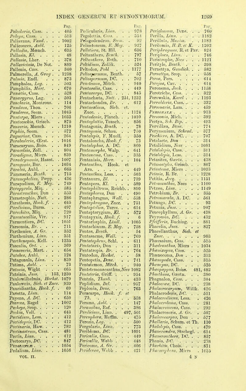 Pag. Falcoliiria, Cass. . . . 405 ridcya, Cass 513 Piiliavana, Vand. . . . 1002 Palicoiirea, Aultl. . . 125 PuUacIia, Moench. . . 635 Pallasia, Kl 48 Pallasia, Llier. ... 378 Pallavicinia, De Not. . 889 Pallenis, Cass. ... 340 Palmerella, A. Gray . . 1238 Palmia, Endl. ... 873 Pamphalea, Lag. . . . 503 Pamphiiia, Mart. . . 670 Pancetia, -Cass. . . . 528 Panargyrus, Lag. . . 603 PflMf/ie^-iff, Montroiis. . 114 Pa7idaca, Thou. ... 706 Pandorea, Seem. . . . 1045 PantcrjM, Miers . . . 1033 Pantocsekia, Grisob. . 875 Panzeria, Moench. . . 1210 Pap/iia, Seem. ... 672 Paquerina, Cass. . . . 264 Parabcslcria, CErst. . . 1016 Paracaryiim, Boiss. . . 849 Paracelsia, ZoU. ... 804 Paradigma, Miers. . . 839 Paradrymonia, Hanst. . 1007 Paragonia,Biw. . . .1034 Paralca, Aubl. . . . 668 Parameria, Btnih. . . 716 Parancphclius, Pcepp. . 436 Parapodium, E. Mey. . 749 I^arapyrola, Miq. . . . 685 Parastranthus, Don . . 553 Parastrephia, iVii^. . . 286 Parathesis, i^oo/t;./. . . 645 Pardisium, Burm. . . 497 Parechitcs, Miq. . . . 720 Parcntucellia, Viv. . . 917 Parmentiera, BC. . . 1051 Parsonsia, Br 711 Parthenice, A. Gr. . . 352 Partheuium, Linn. . . 351 Parthcnopsis, Koll. . . 1235 Pascalia, Ort 369 Passaveria, Mart. . . . 654 Patabca, Aubl. ... 124 Patagonula, Linn. . . 839 Patima, AiM 73 Patonia, Wight . . . 665 Patrinia, Jiiss. . 153, 1230 Paulo-wilholmia, Hochst. 1079 Paulownia, Sieb. ct Zaicc. 939 Pauridiantha, Z/oo/;./. . 69 Pavetta, Linn. . . . 114 Payena, A. BC. ... 659 Pearcca, Eegel . . .1002 Pecheya, Scop 120 Pcclcia, Vell 643 Pectidium, Less. . . . 412 Pcctidopsis^DQ. ... 412 Pcctinaria, Haw. . . . 782 Pcctinasfrum, Cass. . . 481 Pectis, Linn 412 Pectocarya, DC. ... 847 Peda-lt^tEjE 1054 Pedalium, Linn. . . . 1056 VOI(. II. rag-. Pcdicularis, 7:i/in. . . 978 Pegolettia, Cnss. . . . Sol Pelagodcndron, Secm. . 92 Peliostomiim, E. Mey. . 927 Pellctiera, St. Hil. . . 636 Peltanthora, Bcnth. . . 797 Peltanthcra, Poth. . . 710 Peltidium, Zollik. . . 524 Peltodon, Pohl . . .1177 Peltospcrmum, Bentli. . 57 Pcltospcrmum, DC. . . 702 Penstemon, Mitch. . . 940 Pentacalia, Cass. . . . 449 Pentacarya, DO. . . . 846 Pentachseta, iN''^!;^. . 251, 1232 Pentachondra, Br. . . 612 Pentaecelimn, Sieb. ct. Zuce 1124 Pcntadenia, Planch. . .1010 Pentaglottis, Tansdi. . . 856 Pentagonia, Bcnth. . . 78 Pcntagonia, Schau. . . 750 Pcntcilepis, F. Mucll. . 350 Pentaloncha,//ooZ-./. . 73 Pentalophus, A. DC. . 860 Pcntamorpha, Walp. . 641 Pentancma, Cass. . . . 336 Pentauisia, Harv. . . 104 Pcntanthus, Hook. et Arn 449 Pentanthus, Less. . . . 603 Pentanura, Bl. ... 739 Pentapera, Kl. ... 689 Pentaphilirum, Eeichb. . 890 Pcntaphm-iis, Don . . 490 Pentaphragnia, WaU. . 558 Pentafhragma, Zuce. • 751 Pcntcqitclion, Turcz. . . 614 Pentapterygium, KI. . 572 Pentapyxis, Hoolc. /. . 6 Pentarhaphia, Lindl. . 1005 Pontarhinum, E. Mey. . 758 Pentas, Bcnth. ... 54 Pentasacme, Wall. . . 769 Pentataphrus, Schl. . . 611 Pcntataxis, Don . . . 311 Penlatropis, Br. . . . 764 Pentodon, Hochst. . . 68 Pentopotia, Dcne. . . 741 Pentstcmon, Mitch. . . 940 Pentf tcmonacanthus^i^^cfs 1082 Pcntsteria, GrilF. . . . 964 Pentzia, Thunb. . . . 433 Peplidiura, Bel. . . . 957 Peplonia, Bcne. . . . 763 Peracarpa, Hook. f. et Th ' . . 658 Perama, Aubl 147 Peramibus, Eaf. ... 386 Perclicium, Linn. . 497, 501 Pereicphora, Hoffm. . . 475 Perezia, Lag 500 Pergularin, Linn. . . 773 Periblema, BC. . . . 1091 Pericalia, Gass. . . . 449 Pei-icaUis, Welib ... 448 Pericome, A. Gr. . . . 406 Pcridcrcca, Wobb . . . 421 Tnf'. Pcriglossum, Dcne. . . 760' Peri'lla, Linn 1182 Pcrillula, Ma.iim. . .1182 Perilomia, //. B. el K. . 1202 Pcriphragmos, E. ct Pay. 824 Periploca, Liiin. . . . 746 Peristrophe, i^^^r* . . . 1121 Peritylo, Benth. ... 398 Pernettya, Gauclich. . . 682 Pernettya, Scop. . . . 658 Pcroa, Pers 614 Pcrojoa, Cav 614 Perouema, Jffc/i;. . . .1158 Perotriche, Cass. . . . 322 Perowskia, Karel . . .1193 Perraldcria, Coss 332 Personaria, Lam. . . . 459 Pkrsonat^e 913 Pcrsoonia, Mich. . . . 392 Pertya, Svh. Bip. ... 493 Pervillsea, Bcne. . . 774 Perymenium, Schrad. . 377 Peschiira, A. DC. . . . 707 Petalacte, l>on . . . 314 Petalidium, Kces . . .1081 Pctalolcpis, Cass. . . . 311 Pctalolcpis, Less. . . . 314 Petasites, Ga-rtn. . . . 438 Pctasostylcs, Griseb. . . 807 Pctastoma, Miers . . . 1033 Pctesia, E. Br. . . .1228 Petitia, Jacq 1151 Petracanthus,'Nees . . 1100 Petnea, Lim? 1149 Petrobium, Br. . . . 356 Pciromarula, A. DC. . 561 Petuuga,, nC. . . . . 93 Petuuia, Juss 907 Peucophylluni, A. Gr. . 438 Peyrousia, BC. ... 432 Pfciffcria, ]3uehing. . . 881 Phacelia, Juss. . . . 827 Phacellanthus, Sieb. ct Zuoc 983 PhDecasium, Cass. . . 515 Phadranthus, Miers . . 1034 Phanixopus, Cass. . . 626 Phsenocoma, Z^ow . . . 313 Phanopoda, Cass. . . 316 Phancpus, DC. ... 625 Phaopappus, Boiss. 481, 482 Phacthusa, Gsertn. . . 380 Phagnalon, Cass. . . . 304 Phalacrcea, DC. ... 238 Phcdacrocarpum, Willk. 426 Phalacroderis, Z^C. . . 511 Phalacrodiscus, Less. . 426 Phalacroloma, Cass. . 281 Phalacromcsus, Cass. . 292 Phalacroseris, A. Gr. . 507 Phalcrocar^nis, Don . . 677 P^(7//'fl)7'rt, Schum. et Th. 110 Phalolqns, Cass. . . . 479 Phan(ravdra,<i\f~c\\eQ\. . 614 Phancrcmthcra, DC. . . 857 Phania, DC. .... 238 Pharhitis, Chois. . . . 871 Pharscop>hcra, Micrs . 1035 4 N