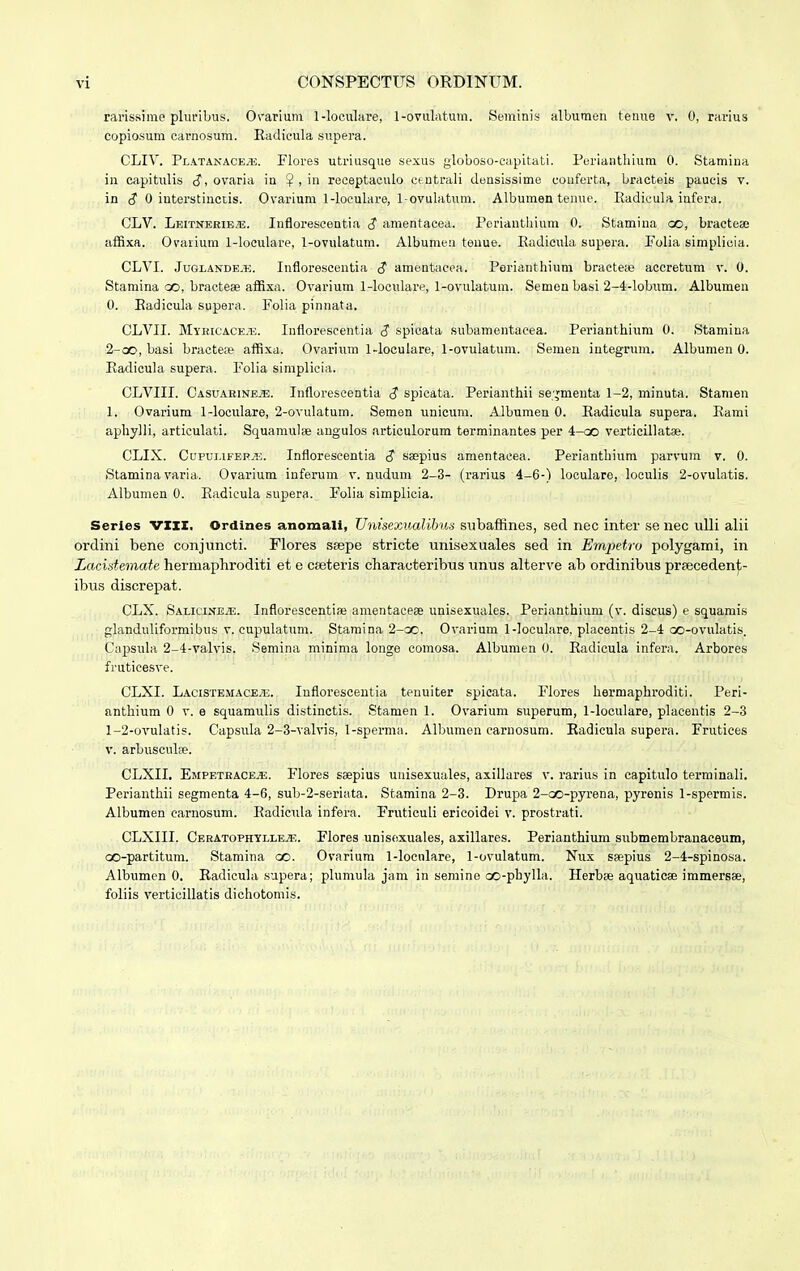 rarissime pluribus. Ovarium 1-loculare, 1-ovulatum. Seminis albumen tenue v. 0, rarius eopiosum carnosum. Eadieula supera. CLIV. Platanace;e. Flores utriusque sexus globoso-capitati. Periauthium 0. Stamina in capitulis $, ovaria in $ , in reeeptaculo centrali densissime couferta, bracteis paucis v. in <? 0 iuterstincus. Ovarium 1-loculare, 1-ovulatum. Albumen tenue. Badicula infera. CLV. Leitnerie/e. Inflorescentia <J amentacea. Perianthium 0. Stamina oo, bractea» affixa. Ovarium 1-loculare, 1-ovulatum. Albumen tenue. Kadicula supera. Polia simplicia. CLVI. Juglande.h. Inflorescentia <J amentacea. Perianthium bractese accretum v. 0. Stamina oo, bracteae affixa. Ovarium 1-loculare, 1-ovulatum. Sernen basi 2-4-lobum. Albumen 0. Eadicula supera. Folia pinnata. CLVII. Mybicacea?. Inflorescentia S spicata subamentacea. Perianthium 0. Stamina 2-oo, basi bracteae affixa. Ovarium 1-loculare, 1-ovulatum. Semen integrum. Albumen 0. Eadicula supera. Polia simplicia. CLVIII. CasuahinEjE. Inflorescentia $ spicata. Perianthii se;*meiita 1-2, minuta. Stamen 1. Ovarium 1-loculare, 2-ovulatum. Semen unicum. Albumen 0. Eadicula supera. Eami aphylli, articulati. Squamula? angulos articulorum terminantes per 4-oo verticillatse. CLIX. Cupui.ifep/H. Inflorescentia $ saepius amentacea. Perianthium parvum v. 0. Stamina varia. Ovarium inferum v. nudum 2-3- (rarius 4-6-) loculare, loculis 2-ovulatis. Albumen 0. Eadicula supera. Folia simplicia. Series VIXX. Ordines anomali, Unisexualibus subafnnes, sed nec inter se nec ulli alii ordini bene conjuncti. Flores ssepe stricte unisexuales sed in Empetro polygami, in Lacistemate hermaphroditi et e caeteris characteribus unus alterve ab ordinibus prsecedenj;- ibus discrepat. CLX. Salicinea?. Inflorescentiai amentacese unisexuales. Perianthium (v. discus) e squamis glanduliformibus v. cupulatum. Stamina 2-oc. Ovarium 1-loculare, plaeentis 2-4 oo-ovulatis. Capsula 2-4-valvis. Semina minima longe comosa. Albumen 0. Eadicula infera. Arbores fruticesve. CLXI. Lacistemace.h. Inflorescentia tenuiter spicata. Flores hermaphroditi. Peri- anthium 0 v. e squamulis distinctis. Stanien 1. Ovarium superum, 1-loculare, placentis 2-3 1-2-ovulatis. Capsula 2-3-valvis, 1-sperma. Albumen carnosum. Eadicula supera. Frutices v. arbusculse. CLXII. Empetbaceje. Flores saepius unisexuales, axillares v. rarius in capitulo terminali. Perianthii segmenta 4-6, sub-2-seriata. Stamina 2-3. Drupa 2-oo-pyrena, pyrenis 1-spermis. Albumen camosum. Eadicula infera. Fruticuli ericoidei v. prostrati. CLXIII. Ceratophylleal. Flores unisexuales, axillares. Perianthium submembranaceum, oo-partitum. Stamina oo. Ovarium 1-locnlare, 1-ovulatum. Nux ssepius 2-4-spinosa. Albumen 0. Eadicula supera; plumula jam in semine co-phylla. Herbse aquaticse immersse, foliis verticillatis dichotomis.