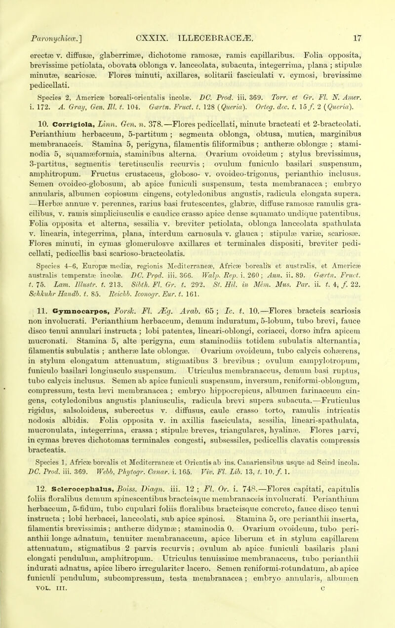 erectre v. diffusfe, glaberrimfe, dichotome ramosfe, ramis capillaribus. Folia opposita, brevissime petiolata, obovata oblonga v. lanceolata, subacuta, integerrima, plana ; stipulse minutte, scarioste. Flores minuti, axillares, solitarii fasciculati v. cymosi, brevissime pedicellati. Species 2, Americae boreali-orientalis incolfe. DC. Prod. iii. 369. Torr. et Gr. Fl. N. Amer. i. 172. A. Gray, Gen. El. t. 104. Gtertn. Fruct. t. 128 (Qucria). Orteg. dcc. t. 15./'. 2 (Qucria). 10. Corrigiola, Linn. Gen. n. 378.—Flores pedicellati, minute bracteati et 2-bracteolati. Perianthium herbaceum, 5-partitum; segmenta oblonga, obtusa, mutica, marginibus membranaceis. Stamina 5, perigyna, filamentis filiformibus ; antherre oblongEe ; stami- nodia 5, squamreformia, staminibus alterna. Ovarium ovoideum ; stylus brevissimus, 3-partitus, segmentis teretiusculis recurvis ; ovulum funiculo basilari suspensum, amphitropum. Fructus crustaceus, globoso- v. ovoideo-trigonus, perianthio inclusus. Semen ovoideo-globosum, ab apice funiculi suspensum, testa membranacea ; embryo annularis, albumen copiosum cingens, cotyledonibus angustis, radicula elongata supera. —Herbce annufe v. perennes, rarius basi frutescentes, glabrte, diffuse ramosae ramidis gra- cilibus, v. ramis sinipliciusculis e caudice crasso apice dense squamato undique patentibus. Folia opposita et alterna, sessilia v. breviter petiolata, oblonga lanceolata spatlndata v. linearia, integerrima, plana, interdum carnosula v. glauca ; stipulte varise, scariosse. Flores minuti, in cymas glomerulosve axillares et terminales dispositi, breviter pedi- cellati, pedicellis basi scarioso-bracteolatis. Species 4-6, Europse modiee, regionis Mcditerranese, Afriese borealils et australis, et Americfe auetralis temperata- incolae. DC. Prod. iii. 3G6. Walp. Eep. i. 260; Ann. ii. 89. Gmrtn. Fruct. t.lb. Larn. Ilhtstr. t. 213. Sihth.Fl. Gr. t. 292. St. Hil. in Mem. Mus. Par. ii. t. 4, /. 22. Schkuhr Handb. t. 85. Rcichb. Iconogr. Eur. t. 161. 11. Gymnocarpos, Forsh. Fl. jEg. Arab. 65 ; Lc. t. 10.—Flores bracteis scariosis non involucrati. Perianthium herbaceum, demum induratum, 5-lobum, tubo brevi, fauce disco tenui annulari instructa ; lobi patentes, lineari-oblongi, coriacei, dorso infra apicem mucronati. Stamina 5, alte perigyna, cum staminodiis totidem subulatis alternantia, filamentis subidatis ; antherre late oblongce. Ovarium ovoideum, tubo calycis cohrerens, in stylum elongatum attenuatum, stigmatibus 3 brevibus ; ovulum campylotropum, funiculo basilari longiusculo suspensum. Utriculus membranaceus, demum basi ruptus, tubo calycis inclusus. Semenab apice funiculi suspensum, inversum, reniformi-oblongum, compressum, testa hevi membranacea ; embryo hippocrepicus, albumen farinaceum cin- gens, cotyledonibus angustis planiusculis, radicula brevi supera subacuta.—Fruticulus rigidus, salsoloideus, suberectus v. diffusus, caule crasso torto, ramulis intricatis nodosis albidis. Folia opposita v. in axillis fasciculata, sessilia, lineari-spathulata, mucronulata, integerrima, crassa ; stipulte breves, triangulares, hyalinre. Flores parvi, in cymas breves dichotomas terminales congesti, subsessiles, pedicellis clavatis compressis bracteatis. Speeies 1, Africse borealis et Mediterranefe et Orientis ab ins. Canariensibus usque ad Scind incola. DC. Prod. iii. 369. Webb, Phytogr. Canar. i. 165. Viv. Fl. Lib. 13, t. 10,/. 1. 12. Sclerocephalus, Boiss. TJiagn. iii. 12 ; Fl. Or. i. 748.—Flores capitati, capitulis f oliis fioralibus demum spinescentibus bracteisque membranaceis involucrati. Perianthium herbaceum, 5-fidum, tubo cupulari foliis floralibus bracteisque concreto, fauce disco tenui instructa ; lobi herbacei, lanceolati, sub apice spinosi. Stamina 5, ore perianthii inserta, filamentis brevissimis ; antherie didymje; staminodia 0. Ovarium ovoideum, tubo peri- anthii longe adnatum, tenuiter membranaceum, apice libermn et in stylum capillarem attenuatum, stigmatibus 2 parvis recurvis; ovulum ab apice funiculi basilaris plani elongati pendulum, amphitropum. Utriculus tenuissime membranaceus, tubo perianthii indurati adnatus, apice libero irregulariter lacero. Semen reniformi-rotundatum, abapice funiculi penduluni, subcompressum, testa membranacea ; embryo annularis, albumen VOL. III. C