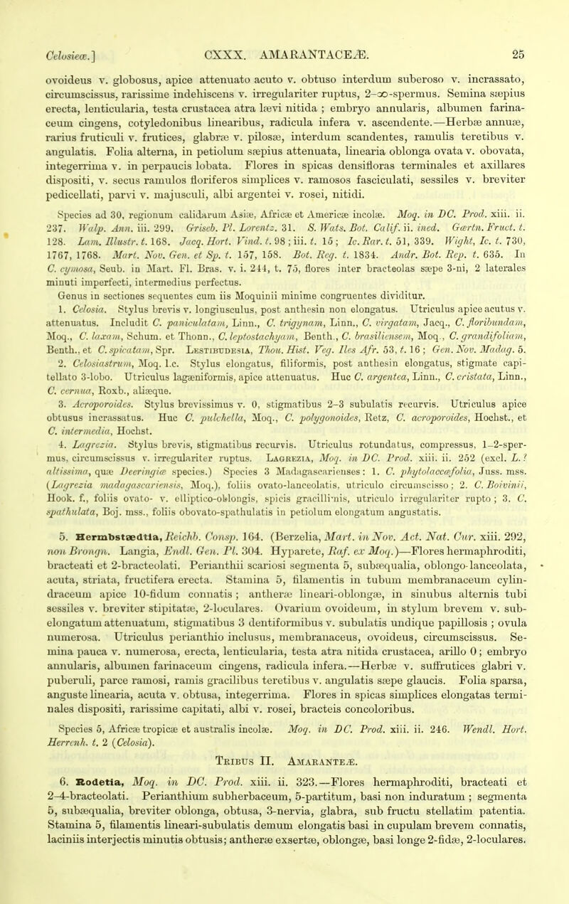 ovoideus v. globosus, apice attenuato acuto v. obtuso interdum suberoso v. incrassato, circuinscissus, rarissiuie indehiscens v. irregulariter ruptus, 2-oo-spermus. Semina ssepius erecta, lenticularia, testa crustacea atra lfevi nitida ; embryo annularis, albumen farina- ceuui cingens, cotyledonibus linearibus, radicula infera v. ascendente.—Herbse annuoe, rarius fruticuli v. frutices, glabrae v. pilosai, interdum scandentes, ramulis teretibus v. angulatis. Folia alterna, in petiolum ssepius attenuata, linearia oblonga ovata v. obovata, integerriuia v. in perpaucis lobata. Flores in spicas densifloras terminales et axillares dispositi, v. secus ramulos floriferos simplices v. ramosos fasciculati, sessiles v. breviter pedicellati, parvi v. majusculi, albi argentei v. rosei, nitidi. Species ad 30, regionum ealidarum Asise, Africae et Americae incolse. Moq. in DC. Procl. xiii. ii. 237. Wulp. Ann. iii. 299. Griscb. VI. Lorent:. 31. S. Wats. Bot. Calif. ii. incd. Gartn. Fruct. t. 128. Lam. Illustr. 1.168. Jacq. Hort. Vinal. t. 98 ; iii. t. 15 ; lc. Bar. t. 51, 339. Wight, Ic. t. 730, 1767, 1768. Mart. Nov. Gen. et Sp. t. 157, 158. Bot. Bcg. t. 1834. Andr. Bot. Bcp. t. 635. In C. cymosa, Seub. iu Mart. Fl. Bras. v. i. 244, t. 75, flores inter bracteolas saepe 3-ni, 2 laterales miuuti imperfecti, intermedius porfectus. Genus m sectiones sequentes cum iis Moquinii minime congruentes dividitur. 1. Ceiosia. Stylus brevis v. longiusculus, post anthesin non elongatus. Utriculus apice acutus v. attenuatus. Includit C. paniculatam, Linn., C. trigynam, Linn., C. virgatam, Jacq., C. florihundam, Moq., C. luxam, Schum. et Thonn., C.leptostachyam, Benth., C. brasilicnscm, Moq., C. grandifoliam, Benth.,et C.spicatam, Spr. Lestibtjdesia, T/ioic. Hist. Vcg. Ilcs Afr. 53,16; Gcn.Nov. Madag. 5. 2. Cclosiastrum, Moq. l.c. Stylus elongatus, filiformis, post anthesin elongatus, stigmate capi- tolluto 3-lobo. Utriculus lagseniformis, apice attenuatus. Huc C. argentca, Linn., C.cristata, Linn., C. cernua, Roxb., alioeque. 3. Acroporoidcs. Stylus brevissimus v. 0, stigmatibus 2-3 subulatis recurvis. Utriculus apice obtusus incrassattis. Huc C. pulchella, Moq., C. polygonoidcs, Eetz, C. acroporoides, Hochst., et C. intcrmcdia, Hochst. 4. Lagrczia. Stylus brovis, stigmatibus reeurvis. Utriculus rotundatus, compressus, 1-2-sper- mus, circumscissus v. irregulariter ruptus. Lagrezia, Moq. in DC. Prod. xiii. ii. 252 (excl. L. ? altissima, qu;e Deeringia- specics.) Spocies 3 Madagascarionses: 1. C. phytolaccafolia, Juss. mss. (Lagrczia madayascariensis, Moq.), foliis ovato-lanceolatis, utriculo circumscisso; 2. C.Bo/vinii, Hook. f., foliis ovato- v. elliptico-olslongis, spicis gracilli-nis, utriculo irrognlariter rupto ; 3. C. spathulata, Boj. mss., foliis obovato-spathulatis in petiolum elongatum angustatis. 5. Hermbstaedtia, lieichb. Consp. 164. (Berzelia, Mart. inNov. Act. Nat. Cur. xiii. 292, noti B>r&ngn. Langia, Endl. Gen. PL 304. Hyparete, Raf. cx 3Ioq.)—Flores hermaphroditi, bracteati et 2-bracteolati. Perianthii scariosi segmenta 5, sub«;qualia, oblongo lanceolata, acuta, striata, fructifera erecta. Stamina 5, filamentis in tubum membranaceum cylin- draceum apice 10-fidum connatis ; anthene lineari-oblongaj, in sintibus alternis tubi sessiles v. breviter stipitatse, 2-loculares. Ovarium ovoideum, in stylum brevem v. sub- elongatum attenuatum, stigmatibus 3 dentiformibus v. subulatis undique papillosis ; ovula numerosa. Utricidus perianthio inclusus, membranaceus, ovoideus, chcumscissus. Se- mina pauca v. numerosa, erecta, lenticularia, testa atra nitida crustacea, arillo 0; embryo annularis, albumen farinacoum cingens, radicula infera.—Herbaj v. stiflrutices glabri v. puberuli, parce ramosi, ramis gracilibus teretibus v. angulatis sajpe glaucis. Folia sparsa, anguste linearia, acuta v. obtusa, integerrima. Flores in spicas simplices elongatas termi- nales dispositi, rarissime capitati, albi v. rosei, bracteis concoloribus. Species 5, Africse tropicae et australis incola. Moq. in DC. Prod. xiii. ii. 246. Wendl. Hort. Herrcnh. t. 2 (Cclosia). Tribus II. Amarante^;. 6. Hodetia, Moq. m DC. Prod. xiii. ii. 323.—Flores hermaphroditi, bracteati et 2^-bracteolati. Perianthium subherbaceum, 5-partitum, basi non induratum ; segmenta 5, subsequalia, breviter oblonga, obtusa, 3-nervia, glabra, sub fructu stellatim patentia. Stamina 5, filamentis lineari-subulatis demum elongatis basi in cupulam brevein connatis, laciniis interjectis minutis obtusis; antherse exsertse, oblongse, basi longe 2-fidse, 2-loculares,