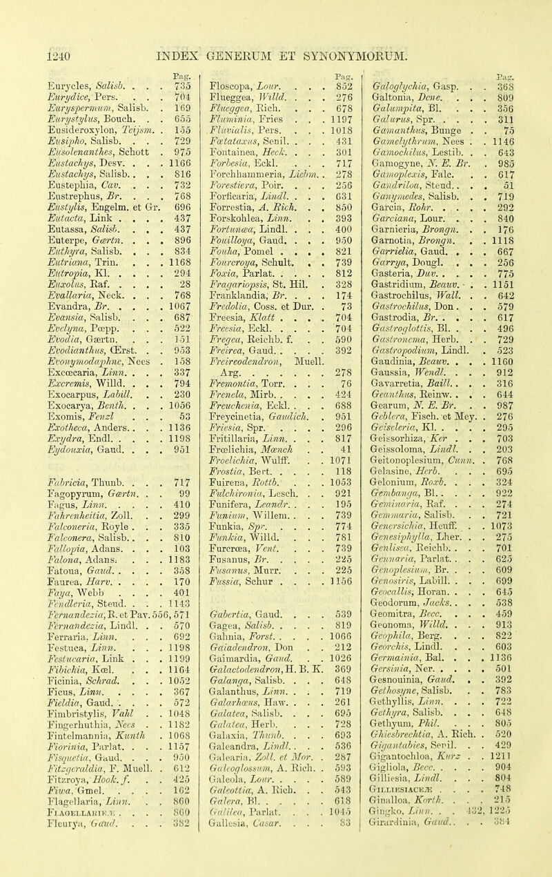: ■ Eag. Eurycles, Salisb. . . . 735 Eurydice, Pers. . . . 704 Euryspermum, Salisb. . 169 Eurystylus, Bouch. . . 655 Eusideroxylon, Tcijsm. . 155 Eusipho, Salisb. . . . 729 Eusolcnanthcs, Schott . 975 Eustachys,~Desv. . . . 1166 Eustachys, Salisb.. . . 816 Eustephia, Cav. . . . 732 Eustrephus, Br. . . . 768 Eustylis, Engelm. et Gr. 696 Eutacta, Link . . . . 437 Eutassa, Salisb. . . . 437 Euterpe, Gcertn. . . . 896 Euthyra, Salisb. . . . 834 Eutriana, Trin. . . .1168 Eutropia, Kl 294 Euxolus, Eaf. .... 28 Evallaria, Neck. . . . 768 Evandra, Br 1067 Evansia, Salisb. . . . 687 Evclyna, Pocpjp. . . . 522 Evodia, Gsertn. . . . 151 Evodianthus, Girst. . . 953 Evo?iymodap>hnc, Nees . 158 Exececaria, Linn. . . . 337 Excrcmis, Willd. . . . 794 Exocarpus, Labill. . . 230 Exocarya, Bcnth. . . . 1056 Exomis, Fenzl ... 53 Exotheea, Anders.. . .1136 Exydra, Endl 1198 Eydouxia, Gaud. . . . 951 Fabricia, Thunb. . . . 717 Fagopyrum, Gartn. . . 99 Fagus, Linn 410 Fahrenheitia, Zoll. . . 299 Falconeria, Koyle . . . 335 Fcdconera, Salisb.. . . 810 Fallopia, Adans. . . . 103 Falona, Adans; . . .1183 Fatoua, Gaud 358 Faurea, Harv 170 Faya, Webb .... 401 Fcn dleria, Stewd. . . .1143 Fcrnandezia,B.. et Pav. 556, 571 Fcrnandczia, Lindl. . . 570 Ferraria, Linn. . . . 692 Festuca, Linn. . . .1198 Fcstucaria, Link . . .1199 Fibichia, Koel. . . .1164 Ficinia, Schrad. . . . 1052 Ficus, Linn 367 Ficldia, Gaud 572 Fimbristylis, Vahl . . 1048 Fingerhuthia, Nee# ■ . 1182 Fintelmannia, Kunth . 1068 Fiorinia, Parlat. . . .1157 Fisquctia, Gaud. . . . 950 Fitzqeraldia, F. Muell. . 612 Fitzroya, HooJc.f. . . 425 Fiwa, Gmel 102 FlagfUwria, Linn. . . 800 Fl-AOELLAUlKi; .... 860 Fleurya, Gaud. . . . 382 Pag. Floscopa, Lour. . . . 852 Flueggea, Willd. ... 276 Flucggea, Eich. . . . 678 Fluminia, Frie.s ... 1197 Fluvialis,Te.vs. . . .1018 Fattataxus, Senil. . . . 431 Fontainea, HceJc. . . . 301 Forbcsia, Eckl. . . . 71.7 Forchhammeria, Liehm. . 278 Forestiera, Poir. . . . 256 Forficaria, Lindl. . . . 631 Forrestia, A. Rich. . . 850 Forskohlea, Linn. . . 393 Fortunasa, Lindl. . . . 400 Fouilloya, Gaud. . . . 950 Fouha, Pomel .... 821 Fourcroya, Schult. . . 739 Foxia, Parlat 812 Fragariopsis, St. Hil. . 328 Franklandia, Br. . . . 174 Fredolia, Coss. et Dur. . 73 Freesia, Klatt .... 704 Freesia, Eckl 704 Fregca, Eeiehb. f. . . 590 Freirea, Gaud 392 Frcircodendron, Muell. Arg 278 Fremontia, Torr. ... 76 Frencla, Mirb 424 Frcuchcnia, Ecld. ... 688 Freycinetia, Gaudich. . 951 Fricsia, Spr 296 Fritillaria, Linn. . . . 817 Froslichia, Ma:nch . . 41 Froclichia, Wulff. . .1071 Frostia, Bert 118 Fuirena, Bottb: . . .1053 Fulchironia, Lesch. . . 921 Funifera, Leandr. . . . 195 Funiuhi, Willem. . . . 739 Funkia, Spr 774 Funkia, Willd. ... 781 Furcroea, Vent. . . . 739 Fusanus, Br 225 Fusanus, Mnrr. . . . 225 Fussia, Schur . . . .1156 Gabertia, Gaud. . . . 539 Gagea, Salisb 819 Gahuia, Forst 1066 Gaiadcndron. Lon . . 212 Gaimardia, Gaud. . . 1026 Gc/lactodcndron^H.li. K. 369 Galanga, Salisb. . . . 648 Galanthus, L/nn. . . . 719 Galarhoei/s, Haw. . . . 261 Galatca, Salisb. . . . 695 Galatca, Herb. . . . 728 Galaxia, Thunb. . . . 693 Galcandra, Lindl. . . . 536 Galearia. Zoll. et Mor. . 287 Galcoqlossum, A. Kich. . 593 Galeola, Lour 589 Galeottia, A. Eieh. . . 543 Galcra, Bl 618 Galilca, Parlat. . . . 1045 I Gallesia, Casar. ... S3 Gatoglychia, Gasp. . . 308 Galtonia, Bcne. . . . 809 Galumpita, Bl. . . . 356 Galurus, Spr 311 Gamanthus, Bunge . . 75 Gamclythrum, Nees . .1146 Gamochilus, Lestib. . . 643 Gamogyne, N. E. Br. . 985 Gamoplcx/s, Falc. . . 617 Gandriloa, Stend.... 51 Ganymedcs, Salisb. . . 719 Garcia, Bohr 292 Garciana, Lour. . . . 840 Garnieria, Brongn. . . 176 Garnotia, Brongn. . .1118 Garrielia, Gaud. . . . 667 Garrya, Dougl. . . . 256 Gasteria, Buv 775 Gastridium, Beauv. ■ . .1151 Gastrochilus, Wall. . . 642 Gastrochilus, Don. . . 579 Gastrodia, Br 617 Gastroglottis, Bl. . . . 496 Gasironcma, Herb. . . 729 Gastropodium, Lindl. . 523 Gaudinia, Beauv. . . .1160 Gaussia, Wcndl. . . . 912 Gavarretia, Baill. . . . 316 Geanthus, Eeinw. . . . 644 Gearum, N. E. Br. . . 987 Gcblcra, Fisch. et Mey. . 276 Gcisclcria, Kl 295 Geissorhiza, Kcr . . . 703 Geissoloma, Lindl. . . 203 Geitonoplesium, Cunn. . 768 Gelasine, Herb. . . . 695 Gelonium, Roxb. . . . 324 Gembanga, Bl..... 922 Gcminar/a, Eaf. . . . 274 Gemmar/a, Salisb. . . 721 Gcucrsichia, Heuff. . . 1073 Genesipl/ylla, Lher. . . 275 Genlisea, Eeichb. ... 701 Gcuiiaria, Parlat. . . . 625 Gc.noplesium, Br. . . . 609 Gcnusiris, Labill. . . . 699 G-edcallis; Horan. . . . 645 Geodorum, Jacks. . . . 538 Geomitra, Becc. . . . 459 Geonoma, Willd. . . . 913 Gcophila, Berg. . . . 822 Georchis, Lindl. . . . 603 Germa/n/a, Bal. . . ,1136 Gcrsinia, Ner 501 Gesnouinia, Gaud. . . 392 Gcthosi/nc, Salisb. . . 783 Gethyllis, Linn. . . . 722 Gethyra, Salisb. . . . 648 Gethyum, Phil. . . . 805 Gh/esbrecht/a, A. Eich. . 520 Gigantabics, Seril. . . 429 Gigantochloa, Ki/rz . . 1211 G igliola, Becc 904 Gilliesia, Lindl. . . . 804 GlLLIKSIACEJE .... 748 Ginalloa. Korth. . . . 215 Gingko. Lh/u. . . 432, 1225 Girardiuia, Gaud.. . . 384