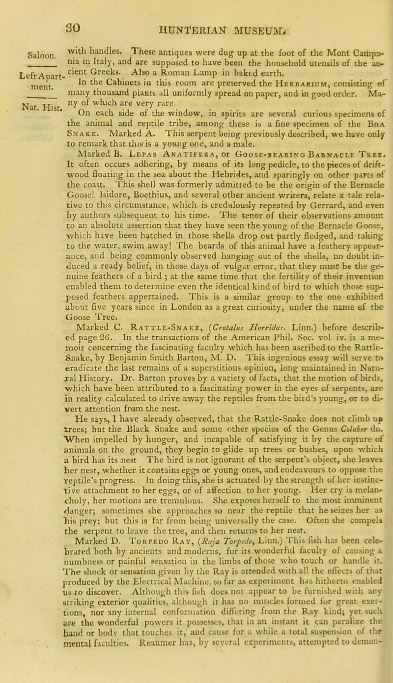Saloon. These antiques were dug up at the foot of the Monf Caibpai- nia in Italy, and are supposed to have been the household utensils of the ai>- Left Apart-Greeks. Also a Roman Lamp in baktd earth. ment. Cabinets in this room are preserved the Herbarium, consisting of '_ many thousand plants all uniformly spread on paper, and in good order. Ma- Nat Hist °^ which are very rare On each side of tlie window, in spirits are several curious specimens of the animal and reptile tribe, among these is a fine specimen of the Boa Snake. Marked A. This serpent being previously described, we have only to remark that this is a yonng one, and a male. Marked B. Lepas Anatifeua, or Goose-bearing Barnaclk Tree. It often occurs adliering, by means of its long pedicle, to the pieces of drift- ■wood floatuig in the sea about the Hebrides, and sparingly on other parts of the coast. This shell was formerly admitted to be the origin of the Bemacle Goose! Isidore, Boethius, and several other ancient writers, relate a tale rela- tive to this circumstance, which is credulously repeated by Gerrard, and even by authors subsequent to his time. The tenor of their observations amount to an absolute assertion that they have seen the young of the Bernacle Goose, which have been hatched in those shells drop out partly fledged, and tailing to the vi'ater, swim away! The beards of this animal have a feathery appear- ance, and being commonly observed hanging out of the shells, no doubt in- duced a ready belief, in those days of vulgar error, that tliey must be tlie ge- nuine feathers of a bird ; at the same time that the fertility of thdr invention enabled them to determine even the identical kind of bird to which those sujv- posed feathers appertained. This is a similar group to the one exhibited about five years since in London as a great curiosity, under the name of the Goose Tree. Marked C. Rattle-Snake, (Crotalus HorrlJut. Linn.) before describ- ed page 26. In the transactions of the American Phil. Soc. vol iv. is a me- moir concerning the fascinating faculty which has been ascribed to the Rattle- Snake, by Benjamin Smith Barton, M. D. This ingenious essay will serve to eradicate the last remains of a superstitious- opinion, long maintained in Natu- jal History. Dr. Barton proves by a variety of facts, that the motion of birds, which have been attributed to a fascinating power in the eyes of serpents, are in reality calculated to ilrive away the reptiles from the bird's young, or to di- vert attention from tlie nest. He says, I have already observed, that the Rattle-Snake does not climb up trees; but the Black Snake and some other species of the Genus Coluber do. When impelled by hunger, and incapable of satisfying it by the capture of animals on the ground, they begin to glide up trees or bushes, upon which a bird has its nest The bird is not ignorant of the serpent's object, she leaves her nest, whether it contains eggs or young ones, and endeavours to oppose the reptile's progress. In doing this, she is actuated by the strength of her instinc- tive attachment to her eggs, or of affection to her young. Her cry is melan- choly, her motions are tremuh)us. She exposes herself to the most iniminent danger; sometimes she approaches so near the reptile that he seizes her as liis prey; but this is far from being imivers.dly the case. Often she compel* the serpent to leave the tree, and then returns to her nest. Marked D. Torpedo Ray, {R,ija Toifalo, Linn.) This fish h.is been cele- brated both by ancients and moderns, for its wonderful faculty of causing a numbness or painful sensation in the limbs of those who touch or handle it. The shock or sensation given by the Ray is attended with all the eflccts of that produced by the Electrical Machine, so far as experiment has hitherto enabled us to discover. Although this fish does not appear to be furnished with any striking exterior qualities, although it has no nniscles formed for great exer- tions, nor any iiiternal conformation differing from the Ray kind; yet such arc the wonderful powers it possesses, that in an instant it can parahzc the hand or bodv that touches it, and cause for a while a total suspxinsion of the mental faculties. Reaumer has, by several experiments, attempted to demon-