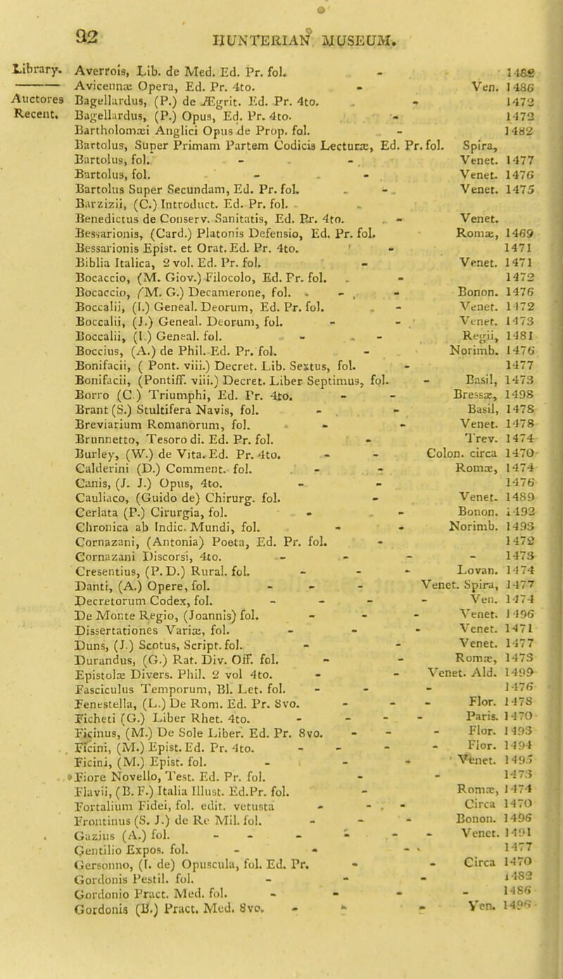 Library. Averrois, Lib. de Med. Ed. Pr. fol. Avicenn:E Opera, Ed. Pr. 4to. - Ven. Auctores Bagell;irdus, (P.) de JEgrk. Ed. Pr. 4to. Recent. BagellLirdus, (P.) Opus, Ed. Pr. 4to. Bartholomxi Aiiglici Opus de Prop. fol. Bartolus, Super Primam Partem Codicis Lectutx, Ed. Pr. fol. Spira, Bartolus, fol. - - . Venet. Bartolus, fol. - - • Venet. Bartolus Super Secundam, Ed. Pr. fol. - - Venet. Barzizii, (C.) Introduct. Ed. Pr. fol. Benedictus de Conserv. Sanitatis, Ed. Er. 4to. . - Venet. Bessarionis, (Card.) Platonis Defensio, Ed. Pr. fol. Roma:, Bessarionis Epist. et Orat. Ed. Pr. 4to. Biblia Italica, 2 vol. Ed. Pr. fol. - Venet. Bocaccio, (M. Giov.) Filocolo, Ed. Pr. fol. Bocaccio, j^M. G.) Decamerone, fol. . - , - Bonon. Boccalii, (I.) Geneal. Deorum, Ed. Pr. fol. . - Venet. Boccalii, (J.) Geneal. Deorum, fol. - - Venet. Boccalii, (I.) Cental, fol. - , - R'^g''. Boccius, (A.) de Phil. Ed. Pr. fol. - Norimb. Bonifacii, ( Pont, viii.) Decret. Lib. Sestus, fol. Bonifacii, (Pontiff, viii.) Decret. Liber Septimus, fpl. - Basil, Bono (C ) Triumphi, Ed. Pr. 4to. - - Bressx, Brant (S.) Stultifera Navis, fol. - - Basil, Breviarium Romanorum, fol. . » - Venet. Brunnetto, Tesoro di. Ed. Pr. fol. - Trev. Burley, (W.) de Vita. Ed. Pr. 4to. - - Colon, circa Calderini (D.) Comment, fol. - - Romi, Canis, (J. J.) Opus, 4to. Cauliaco, (Guido de) Chirurg. fol. - Venet. Cerlata (P.) Cirurgia, fol. • - Bonon. Clironica ab Indie. Mundi, fol. - - Norimb. Cornazani, (Antonia) Poeta, Ed. Pr. fol. Cornazani Discorsi, 4to. . - - Cresentius, (P. D.) Rural, fol. - . - Lovan. Danti, (A.) Opere, fol. ... Venet. Spira, Decretorum Codex, fol. _ _ _ - Ven. De Monte Regie, (Joannis) fol. _ - . Venet. Dissertationes Van'a;, fol. _ - - Venet. Duns, (J.) Scotus, Script, fol. - - Venet. Durandus, (G.) Rat. Div. Oif. fol. - - Rom.T, Epistola: Divers. Phil. 2 vol 4to. - - Venet. Aid. Fasciculus Temporum, Bl. Let. fol. - - Penestella, (L.) De Rom. Ed. Pr. 8vo. - - - Flor. Ficheti (G.) Liber Rhet. 4to. - _ - - Paris. Ficinus, (M.) De Sole Liben Ed. Pr. 8vo. - - - Flor. Ficini, (M.) Epist. Ed. Pr. 4to. - Fior. Ficini, (M.) Epist. fol. - - - ■ Venet. ♦ Fiore Novello, I'est. Ed. Pr. fol. Flavii, (B.F.) Italia Illust. Ed.Pr. fol. - Rom.x, Fortalium Fidei, fol. edit, vetusta - - - Circa Frontiuus (S. J.) de Re Mil. fol. ... Bonon. Gazius (A.) fol. - - - 1 . - - Venet. Qentilio Expos, fol. - - Gersonno, (1. de) OpuscuUi, fol. Ed. Pr. - - Circa Gordonis Pestil. fol. _ - - Gordonio Pract. Med. fol. , - - - Gordonis (13,) Pract. Med. 8vc. - m - yen.