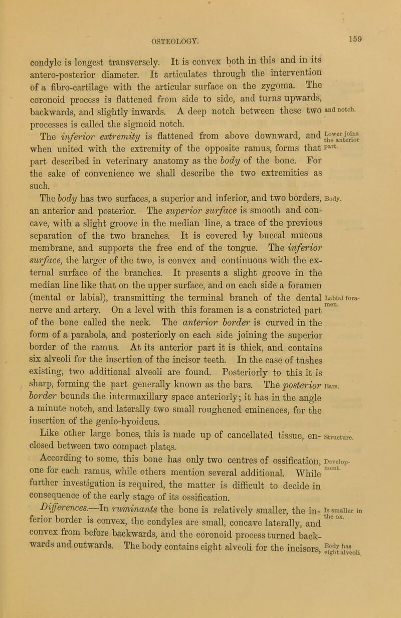 condyle is longest transversely. It is convex both in this and in its antero-posterior diameter. It articulates through the intervention of a fibro-cartilage with the articular surface on the zygoma. The coronoid process is flattened from side to side, and turns upwards, backwards, and slightly inwards. A deep notch between these two anti notch, processes is called the sigmoid notch. The inferior extremity is flattened from above downward, and when united with the extremity of the opposite ramus, forms that >mrt- part described in veterinary anatomy as the body of the bone. For the sake of convenience we shall describe the two extremities as such. The body has two surfaces, a superior and inferior, and two borders, Body, an anterior and posterior. The superior surfo.ee is smooth and con- cave, with a slight groove in the median line, a trace of the previous separation of the two branches. It is covered by buccal mucous membrane, and supports the free end of the tongue. The inferior surface, the larger of the two, is convex and continuous with the ex- ternal surface of the branches. It presents a slight groove in the median line like that on the upper surface, and on each side a foramen (mental or labial), transmitting the terminal branch of the dental Labial fora- nerve and artery. On a level with this foramen is a constricted part of the bone called the neck. The anterior border is curved in the form of a parabola, and posteriorly on each side joining the superior border of the ramus. At its anterior part it is thick, and contains six alveoli for the insertion of the incisor teeth. In the case of tushes existing, two additional alveoli are found. Posteriorly to this it is sharp, forming the part generally known as the bars. The posterior Bars. border bounds the intermaxillary space anteriorly; it has in the angle a minute notch, and laterally two small roughened eminences, for the insertion of the genio-hyoideus. Like other large bones, this is made up of cancellated tissue, en- structure, closed between two compact plates. According to some, this bone has only two centres of ossification, Deveiop- one for each ramus, while others mention several additional. While ment' further investigation is required, the matter is difficult to decide in consequence of the early stage of its ossification. Differences. In ruminants the bone is relatively smaller, the in- Is smaller in ferior border is convex, the condyles are small, concave laterally, and convex from before backwards, and the coronoid process turned back- wards and outwards. The body contains eight alveoli for the incisors, eigStai“oii