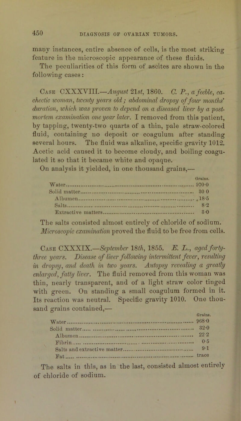 mauy instances, entire absence of cells, is the most striking feature in the microscopic appearance of these fluids. The peculiarities of this form of ascites are shown in the following cases: Case CXXXYIII.—August 21s<, 1860. C. P., a feeble, ca- checlic woman, twenty years old; abdominal dropsy of four months' duration, which was proven to depend on a diseased liver by a post- mortem examination one year later. I removed from this patient, by tapping, twenty-two quarts of a thin, pale straw-colored fluid, containing no deposit or coagulum after standing several hours. The fluid was alkaline, specific gravity 1012. Acetic acid caused it to become cloudy, and boiling coagu- lated it so that it became white and opaque. On analysis it yielded, iu one thousand grains,— Orains. Water 970 0 Solid matter 30 0 Albumen ,18-5 Salts 8'2 Extractive matters 8*0 The salts consisted almost entirely of chloride of sodium. Microscopic examination proved the fluid to be free from cells. Case CXXXIX.—September \^th, 1855. E. L., aged forty- three years. Disease of liver following intermittent fever, resulting in dropsy, and death in two years. Autopsy revealing a greatly enlarged, fatty liver. The fluid removed from this woman was thin, nearly transparent, and of a light straw color tinged wdth green. On standing a small coagulum formed in it. Its reaction was neutral. Specific gravity 1010. One thou- sand grains contained,— Grains. Water 908 0 Solid matter 82-0 Albumen 22 2 Fibrin 05 Salts and extractive matter 9‘1 Fat trace The salts in this, as in the last, consisted almost entirely of chloride of sodium.