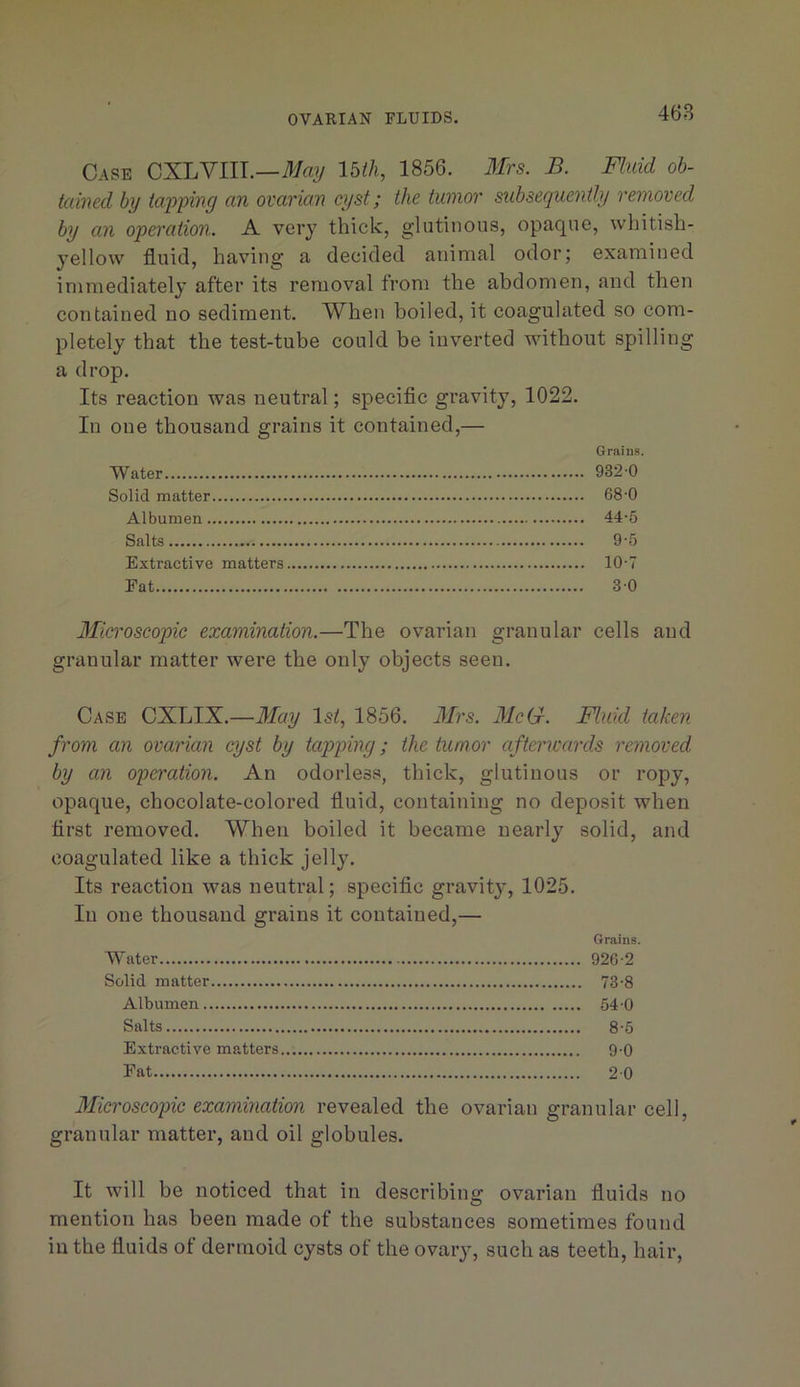 468 Case CXLVIIL—Utli, 1856. Mrs. B. Fluid oh- Udned by tapping an ovarian cyst; the tumor subsequently removed by an operation. A ver}' thick, glutinous, opaque, whitish- yellow fluid, having a decided animal odor; examined immediately after its removal from the abdomen, and then contained no sediment. When boiled, it coagulated so com- pletely that the test-tube could be inverted without spilling a drop. Its reaction was neutral; speciflc gravity, 1022. In one thousand grains it contained,— Grains. Water 932 0 Solid matter 68-0 Albumen 44-5 Salts 9-5 Extractive matters 10-7 Fat 30 Microscopic examination.—The ovarian granular cells and granular matter were the only objects seen. Case CXLIX.—May l^^, 1856. Mrs. McG. Fluid taken from an ovarian cyst by tapping; the tumor aftenvards removed by an operation. An odorless, thick, glutinous or ropy, opaque, chocolate-colored fluid, containing no deposit when first removed. When boiled it became nearly solid, and coagulated like a thick jelly. Its reaction was neutral; specific gravity, 1025. In one thousand grains it contained,— Grains. Water 926-2 Solid matter 73-8 Albumen 54-0 Salts 8-6 Extractive matters 9-0 Fat 20 3Iicroscop>ic examination revealed the ovarian granular cell, granular matter, and oil globules. It will be noticed that in describing ovarian fluids no mention has been made of the substances sometimes found in the fluids of dermoid cysts of the ovaiy, such as teeth, hair.