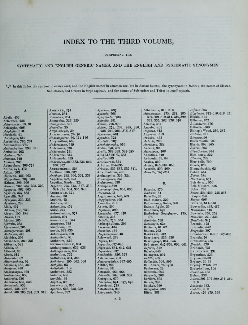 INDEX TO THE THIRD VOLUME, COMPRISING THE SYSTEMATIC AND ENGLISH GENERIC NAMES, AND THE ENGLISH AND SYSTEMATIC SYNONYMES. » * In this Index the systematic names used, and the English names in common use, are in Roman letters; the synonymes in Italics; the names of Classes, Sub-classes, and Orders in large capitals; and the names of Sub-orders and Tribes in small capitals. A. Abelia, 452 Ach-weed, 288 Achyrantlies, 89. 91 Acicarpha, 696 Aciphylla, 318. Acrolasia, 61 Acrodryon, 610 Acrotriche, 780, 781 Actinanthus, 274 Actinophyllum, 390, 391 Actinotus, 263 Aculeosa, 745 Acunnia, 849 Adamia, 235 Adenophora, 769-771 Adina, 471, 472 Adoxa, 383 ALginetia, 486. 663 .Egopodium, 287, 288 jEthusa, 305, 306 Mthusa, 282. 284. 305. 320. Agapetes, 862, 863 Agarista, 837-838 Agasyllis, 347 Agasyllis, 330. 336 Agostana, 296 Aidia, 452 Aikinia, 738, 739 Aizoon, 153, 154 Aixoon, 152 Ajouan, 285 Ajawain, 285 Ajava-seed, 285 Alacospermum, 291 Alaternus, 446 Alepidea, 266 Alexanders, 380, 381 Alibertia, 542 Allasia, 43 All-seed, 93 Alseis, 512 Alsinoides, 82 Alternanthera, 92 Amaioua, 488, 489 Amajoua, 488 Amaracarpus, 562 Amber-tree, 636 Ambraria, 636 Ambraria, 635, 636 Ammannia, 536 Ammi, 286, 287 Ammi, 280. 283, 284. 289. 312 Ammine.*, 274 Ammios, 284 Ammoides, 284 Ammoniac, 328, 329 Ammyrsine, 851 Amordica, 35 Ampelosicvos, 39 Anacampseros, 75, 76 Anacampseros, 80. 114-116 Ancylanthus, 559 Anderosacme, 519 Andersonia, 784 A rider sonia, 721 Andrachne, 834 Andromeda, 829 Andromeda, 829-833.835-840. 850. 857 Andromede-e, 828 Anethum, 336, 337 Anethum, 282. 306, 307- 338 Angelica, 322, 323 Angelica, Garden, 324 Angelica, 275. 315. 317- 319. 321-324. 334. 335. 348 Angelice-e, 321 Anguina, 38 Ang'uria, 42 Anidrum, 381 Anisanthus, 452 Anise, 294 Anisosciadium, 371 Anisum, 294 Annesorhiza, 304 Anonymus, 535 Anopterus, 195 Anotis, 533-535 Antacanthus, 569 Anthactinia, 51 Antherura, 584 Anthosperme/E, 634 Anthospermum, 635, 636 Anthospermum, 635 Anthotium, 727 Anthriscus, 364, 365 Anthriscus, 295. 362. 366 Anthyllis, 93 Antiphylla, 214 Antirrhcea, 553 Antonia, 598 Anychia, 88 Anychia, 89 Anys-wortle, 305 Aparine, 656. 658, 659 Aparinece, 637 Aparincs, 637 Apenula, 768 Aphyllantes, 733 Apinella, 281 Apium, 276-279 Apium, 279, 280. 285, 286. 288. 294, 295. 316, 317 Apocynum, 561 Apradus, 372 Arabidia, 207 Arachnimorpha, 516 Aralia, 378, 389 Aralia, 384-388. 391-395 ARALIACE.E, 383 Aralice, 383 Araliastrum, 384 Arbutus, 834-835 Arbutus, 835-837- 839-841. Arceuthobium, 408 Archangelica, 323, 324 Archangelica, 351 Archemora, 338 Arctopus, 372 Arctostaphylos, 835, 836 Arenaria, 93 Argostemma, 523, 524 Argylophora, 469 Arnoldia, 201 Ar-nut, 290 Arpitium, 320 Arracacha, 377, 378 Artedia, 353 Artedia, 275. 354 Arthrophyllum, 395 Ascarina, 434 Ascarina, 434 Asephananthes, 48 Ash-weed, 288 Aspera, 659 Asperula, 637-640 Asperula, 634. 642. 651 Asperulece, 637 Assafoetida, 326, 327 Asteriscium, 263 Asterocephalus, 687-695 Astilbe, 229 Astoma, 381 Astrantia, 265, 266 Astrantia, 264. 266. 335 Astrephia, 670 Astrephia, 674. 677, 678 Astroloma, 775 Astrotricha, 258 Astydamia, 340 Athamanta, 315, 316 Athamantha, 275. 284, 285. 307-309. 312-314. 319,320. 333. 335. 362. 376. 378 Atrema, 381 Aucuba, 433 Augusta, 513 Augustea, 513 Aukuba, 433 Aulaxis, 206 Aureliana, 384 Aversia, 92 Avicularia, 768 Axanthes, 540 Aylmeria, 83, 84 Azalea, 850 Azalea, 845-848. 850. Azorella, 259, 260 Azorella, 257-261 B. Baconia, 570 Baderoa, 34 Balardia, 92 Bald-money, 320 Bald-money, Swiss, 320 Balsam Apple, 35 Bandhuca, 570 Barbadoes Gooseberry, 175, 176 Barleria, 538 Bartlingia, 634 Bartonia, 61, 62 Bauera, 203 Bauere,e, 202 Bear-berry, 835, 836 Bear’s grape, 854, 855 Bed-straw, 647-658. 660, 661 Befaria, 849 Bejaria, 849 Belangera, 202 Belilla, 489 Bellardia, 508, 509 Bell-flower, 750-768 Benincasa, 29 Benzonia, 664 Bergenia, 206 Bertiera, 505 Berula, 295 Betckea, 680 Bhoopidece, 696 Bifora, 381 Biforis, 305 Bigelowia, 613-616.618. 621 Bikkia, 514 Bilberry, 852 Billardiera, 576 Billiottia, 560 Bishop’s Weed, 286, 287 Bistella, 231 Bivoncea, 90 Black Wattle, 201 Blaeria, 804, 805 Blceria, 805 Blandfordia, 204 Blea-berry, 852 Blondia, 229 Blue-bells, 759 Bluets, 852 Blumenbachia, 62 Bobaea, 554 Bobea, 554 Boerhavia, 671 Bois de rat, 556 Bois Mussard, 556 Bolax, 260 Bolax, 254, 255. 258-261 Boopis, 696 Boopis, 696 Borreria, 611-618 Bouvardia, 485, 486 Bouvardia, 516 Bowlesia, 258, 259 Bowlesia, 261. 335 Bradlaia, 347 Breonia, 472 Brignolia, 542 Brignolia, 307 Broad-scaled Heath 807-809 Bronnia, 70 Broussaisia, 235 Bruchia, 576 Brunonia, 731 Brunonie*, 731 Bryanthus, 833 Bryonia, 30-33 Bryony, 30-33 Bryony, White, 32 Bryophyllum, 109 Bubalina, 488 Bubon, 336 Bubon, 301.307-309. 311.312. 316 Buchozia 633. Buddlea, 610 Buena, 470 479. 538