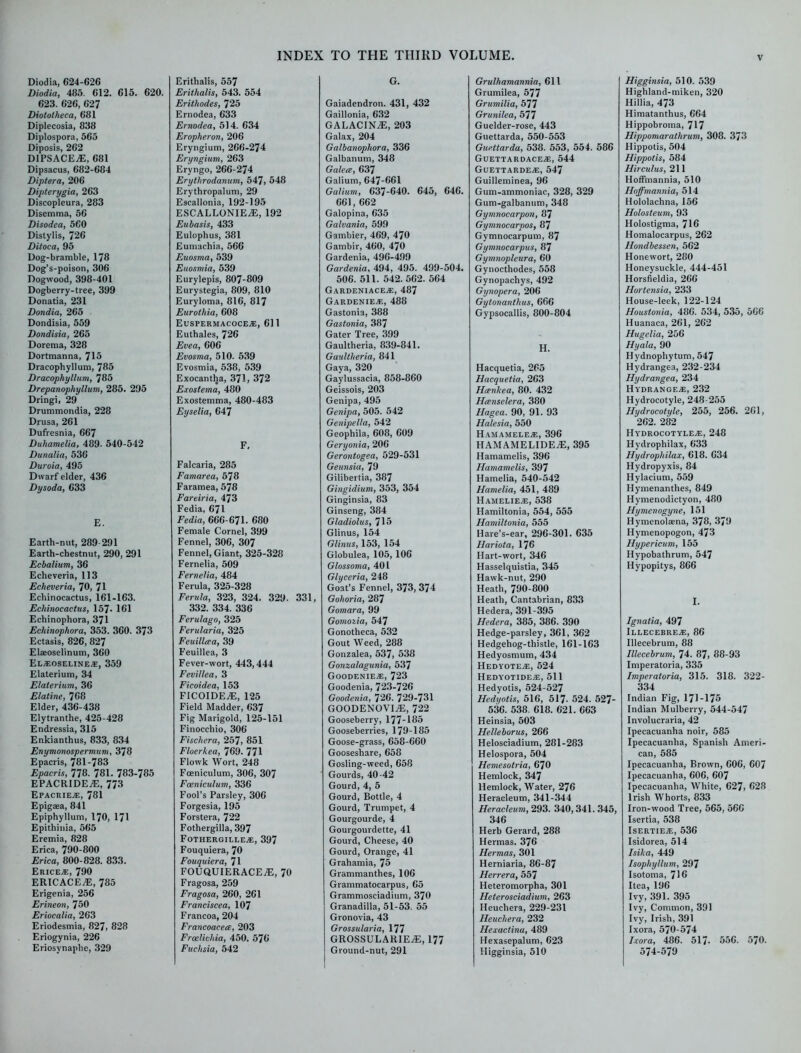 Diodia, C24-626 Diodia, 485. C12. 615. 620. 623. 626, 627 Diototheea, 681 Diplecosia, 838 Diplospora, 565 Diposis, 262 DIPSACEjE, 681 Dipsacus, 682-684 Diptera, 206 Dipterygia, 263 Discopleura, 283 Disemma, 56 Disodea, 560 Distylis, 726 Ditoca, 95 Dog-bramble, 178 Dog’s-poison, 306 Dogwood, 398-401 Dogberry-tree, 399 Donatia, 231 Dondia, 265 Dondisia, 559 Dondisia, 265 Dorema, 328 Dortmanna, 715 Dracophyllum, 785 Dracophyllum, 785 Drepanophyllum, 285. 295 Dringi, 29 Drummondia, 228 Drusa, 261 Dufresnia, 667 Duhamelia, 489. 540-542 Dunalia, 536 Duroia, 495 Dwarf elder, 436 Dysoda, 633 E. Earth-nut, 289-291 Earth-chestnut, 290, 291 Ecbalium, 36 Echeveria, 113 Echeveria, 70, 71 Echinocactus, 161-163. Echinoc actus, 157- 161 Echinophora, 371 Echinophora, 353. 360. 373 Ectasis, 826, 827 Elaeoselinum, 360 El*oseline*, 359 Elaterium, 34 Elaterium, 36 Elatine, 768 Elder, 436-438 Elytranthe, 425-428 Endressia, 315 Enkianthus, 833, 834 Enymonospermum, 378 Epacris, 781-783 Epacris, 778. 781. 783-785 EPACRIDEjE, 773 Epacrie*, 781 Epigaea, 841 Epiphyllum, 170, 171 Epithinia, 565 Eremia, 828 Erica, 790-800 Erica, 800-828. 833. Ericeje, 790 ERICACEAE, 785 Erigenia, 256 Erineon, 750 Eriocalia, 263 Eriodesmia, 827, 828 Eriogynia, 226 Eriosynaplie, 329 Erithalis, 557 Erithalis, 543. 554 Erithodes, 725 Ernodea, 633 Ernodea, 514. 634 Eropheron, 206 Eryngium, 266-274 Eryngium, 263 Eryngo, 266-274 Erythrodanum, 547, 548 Erythropalum, 29 Escallonia, 192-195 ESCALLONIEjE, 192 Eubasis, 433 Eulophus, 381 Eumachia, 566 Euosma, 539 Euosmia, 539 Eurylepis, 807-809 Eurystegia, 809, 810 Euryloma, 816, 817 Eurothia, 608 Euspermacoce*, 611 Euthales, 726 Evea, 606 Evosma, 510. 539 Evosmia, 538, 539 Exocantha, 371, 372 Exostema, 480 Exostemma, 480-483 Eyselia, 647 F, Falcaria, 285 Famarea, 578 Faramea, 578 Fareiria, 473 Fedia, 671 Fedia, 666-671. 680 Female Cornel, 399 Fennel, 306, 307 Fennel, Giant, 325-328 Fernelia, 509 Fernelia, 484 Ferula, 325-328 Ferula, 323, 324. 329. 331, 332. 334. 336 Ferulago, 325 Ferularia, 325 Feuillcea, 39 Feuillea, 3 Fever-wort, 443,444 Fevillea, 3 Ficoidea, 153 FICOIDE.E, 125 Field Madder, 637 Fig Marigold, 125-151 Finocchio, 306 Fischera, 257, 851 Floerkea, 769. 771 Flowk Wort, 248 Foeniculum, 306, 307 Fceniculum, 336 Fool’s Parsley, 306 Forgesia, 195 Forstera, 722 Fothergilla, 397 Fothergille*, 397 Fouquiera, 70 Fauquier a, 71 FOUQUIERACEyE, 70 Fragosa, 259 Fragosa, 260, 261 Franciscea, 107 Francoa, 204 Francoaeetz, 203 Frcclichia, 450. 576 Fuchsia, 542 G. Gaiadendron. 431, 432 Gaillonia, 632 GALACINiE, 203 Galax, 204 Galbanophora, 336 Galbanum, 348 Galeee, 637 Galium, 647-661 Galium, 637-640. 645, 646. 661,662 Galopina, 635 Galvania, 599 Gambier, 469, 470 Gambir, 460, 470 Gardenia, 496-499 Gardenia, 494, 495. 499-504. 506. 511. 542. 562. 564 Gardeniace*, 487 Gardenieae, 488 Gastonia, 388 Gastonia, 387 Gater Tree, 399 Gaultheria, 839-841. Gaultheria, 841 Gaya, 320 Gaylussacia, 858-860 Geissois, 203 Genipa, 495 Genipa, 505. 542 Genipella, 542 Geophila, 608, 609 Geryonia, 206 Gerontogea, 529-531 Geunsia, 79 Gilibertia, 387 Gingidium, 353, 354 Ginginsia, 83 Ginseng, 384 Gladiolus, 715 Glinus, 154 Glinus, 153, 154 Globulea, 105, 106 Glossoma, 401 Glyceria, 248 Goat’s Fennel, 373, 374 Gohoria, 287 Gomara, 99 Gomozia, 547 Gonotheca, 532 Gout Weed, 288 Gonzalea, 537, 538 Gonzalagunia, 537 Goodenie*, 723 Goodenia, 723-726 Goodenia, 726. 729-731 GOODENOVIjE, 722 Gooseberry, 177-185 Gooseberries, 179-185 Goose-grass, 658-660 Gooseshare, 658 Gosling-weed, 658 Gourds, 40-42 Gourd, 4, 5 Gourd, Bottle, 4 Gourd, Trumpet, 4 Gourgourde, 4 Gourgourdette, 41 Gourd, Cheese, 40 Gourd, Orange, 41 Grahamia, 75 Grammanthes, 106 Grammatocarpus, 65 Grammosciadium, 370 Granadilla, 51-53. 55 Gronovia, 43 Grossularia, 177 GROSSULARIEjE, 177 Ground-nut, 291 Grulhamannia, 611 Grumilea, 577 Grumilia, 577 Grunilea, 577 Guelder-rose, 443 Guettarda, 550-553 Guettarda, 538. 553, 554. 586 Guettardace*, 544 Guettardeae, 547 Guilleminea, 96 Gum-ammoniac, 328, 329 Gum-galbanum, 348 Gymnocarpon, 87 Gymnocarpos, 87 Gymnocarpum, 87 Gymnocarpus, 87 Gymnopleura, 60 Gynocthodes, 558 Gynopachys, 492 Gynopera, 206 Gytonaiithus, 666 Gypsocallis, 800-804 H. Hacquetia, 265 Hacquetia, 263 Heenkea, 80. 432 Hcenselera, 380 Hagea. 90, 91. 93 Halesia, 550 Hamameleje, 396 HAMAMELIDEjE, 395 Hamamelis, 396 Hamamelis, 397 Hamelia, 540-542 Hamelia, 451, 489 Hamelie*, 538 Hamiltonia, 554, 555 Hamiltonia, 555 Ilare’s-ear, 296-301. 635 Flariota, 176 Hart-wort, 346 Hasselquistia, 345 Hawk-nut, 290 Heath, 790-800 Heath, Cantabrian, 833 Hedera, 391-395 Hedera, 385, 386. 390 Hedge-parsley, 361, 362 Hedgehog-thistle, 161-163 Hedyosmum, 434 HEDYOTE*, 524 HedyotidEjE, 511 Hedyotis, 524-527 Hedyotis, 516, 517- 524. 527- 536. 538. 618. 621. 663 Heinsia, 503 Helleborus, 266 Helosciadium, 281-283 Helospora, 504 Hemesotria, 670 Hemlock, 347 Hemlock, Water, 276 Heracleum, 341-344 Heracleum, 293. 340,341. 345, 346 Herb Gerard, 288 Hermas, 376 Hermas, 301 Herniaria, 86-87 Herrera, 557 Heteromorpha, 301 Heterosciadium, 263 Ileuchera, 229-231 Heucltera, 232 Hexactina, 489 Hexasepalum, 623 Higginsia, 510 Higginsia, 510. 539 Highland-miken, 320 Hillia, 473 Himatanthus, 664 Hippobroma, 717 Hippomarathrum, 308. 373 Hippotis, 504 Hippotis, 584 Hirculus, 211 Hoffmannia, 510 Iioffmannia, 514 Hololachna, 156 Holosteum, 93 Holostigma, 716 Homalocarpus, 262 Hondbessen, 562 Honewort, 280 Honeysuckle, 444-451 Horsfieldia, 266 Hortensia, 233 House-leek, 122-124 Houstonia, 486. 534, 535, 566 Huanaca, 261, 262 Hugelia, 256 Hyala, 90 Hydnophytum, 547 Hydrangea, 232-234 Hydrangea, 234 Hydrangea,232 Hydrocotyle, 248-255 Hydrocotyle, 255, 256. 261, 262. 282 Hydrocotyle*, 248 Hydrophilax, 633 Hydrophilax, 618. 634 Hydropyxis, 84 Hylacium, 559 Hymenanthes, 849 Hymenodictyon, 480 Hymenogyne, 151 Hymenolaena, 378, 379 Hymenopogon, 473 Hypericum, 155 Hypobathrum, 547 Hypopitys, 866 I. Ignatia, 497 Illecebre*, 86 Illecebrum, 88 Illecebrum, 74. 87, 88-93 Imperatoria, 335 Imperatoria, 315. 318. 322- 334 Indian Fig, 171-175 Indian Mulberry, 544-547 Involucraria, 42 Ipecacuanha noir, 585 Ipecacuanha, Spanish Ameri- can, 585 Ipecacuanha, Brown, 606, 607 Ipecacuanha, 606, 607 Ipecacuanha, White, 627, 628 Irish Whorts, 833 Iron-wood Tree, 565, 566 Isertia, 538 Isertie*, 536 Isidorea, 514 Isika, 449 Isophyllum, 297 Isotoma, 716 Itea, 196 Ivy, 391. 395 Ivy, Common, 391 Ivy, Irish, 391 Ixora, 570-574 Ixora, 486. 517. 556. 570. 574-579