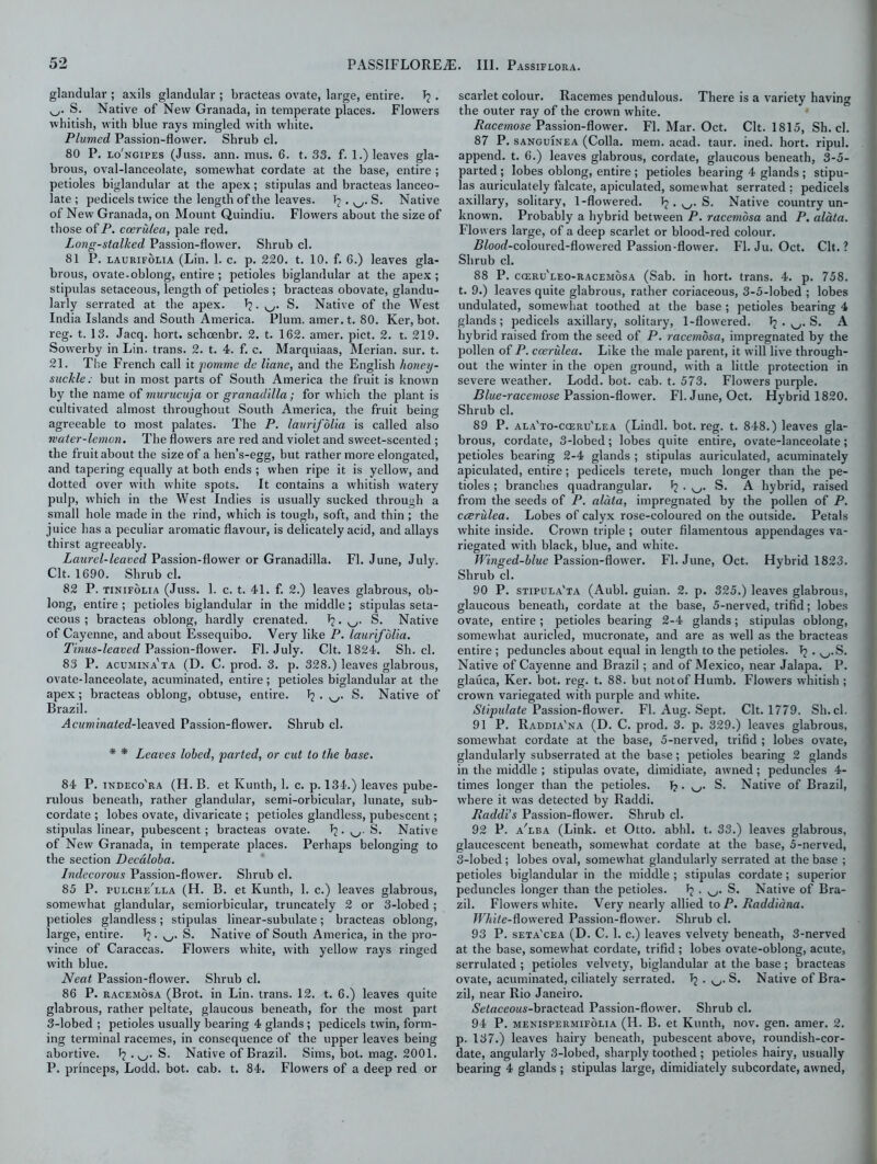 glandular ; axils glandular ; bracteas ovate, large, entire. Tj . S. Native of New Granada, in temperate places. Flowers whitish, with blue rays mingled with white. Plumed Passion-flower. Shrub cl. 80 P. lo'ngipes (Juss. ann. mus. 6. t. 33. f. 1.) leaves gla- brous, oval-lanceolate, somewhat cordate at the base, entire ; petioles biglandular at the apex; stipulas and bracteas lanceo- late ; pedicels twice the length of the leaves. b . S. Native of New Granada, on Mount Quindiu. Flowers about the size of those of P. coerulea, pale red. Long-stalked Passion-flower. Shrub cl. 81 P. laurifolia (Lin. 1. c. p. 220. t. 10. f. 6.) leaves gla- brous, ovate-oblong, entire; petioles biglandular at the apex; stipulas setaceous, length of petioles ; bracteas obovate, glandu- larly serrated at the apex. b. S. Native of the West India Islands and South America. Plum, amer.t. 80. Ker, bot. reg. t. 13. Jacq. hort. schoenbr. 2. t. 162. amer. pict. 2. t. 219. Sowerby in Lin. trans. 2. t. 4. f. c. Marquiaas, Merian. sur. t. 21. The French call it pomme de liane, and the English honey- suckle: but in most parts of South America the fruit is known by the name of murucuja or granadilla; for which the plant is cultivated almost throughout South America, the fruit being agreeable to most palates. The P. laurifolia is called also mater-lemon. The flowers are red and violet and sweet-scented ; the fruit about the size of a hen’s-egg, but rather more elongated, and tapering equally at both ends ; when ripe it is yellow, and dotted over with white spots. It contains a whitish watery pulp, which in the West Indies is usually sucked through a small hole made in the rind, which is tough, soft, and thin ; the juice has a peculiar aromatic flavour, is delicately acid, and allays thirst agreeably. Laurel-leaved Passion-flower or Granadilla. FI. June, July. Clt. 1690. Shrub cl. 82 P. tinifolia (Juss. 1. c. t. 41. f. 2.) leaves glabrous, ob- long, entire ; petioles biglandular in the middle; stipulas seta- ceous ; bracteas oblong, hardly crenated. b • w S. Native of Cayenne, and about Essequibo. Very like P. laurifolia. Tinus-leaved Passion-flower. FI. July. Clt. 1824. Sh. cl. 83 P. acumina'ta (D. C. prod. 3. p. 328.) leaves glabrous, ovate-lanceolate, acuminated, entire; petioles biglandular at the apex; bracteas oblong, obtuse, entire. S. Native of Brazil. Acuminated-leaved Passion-flower. Shrub cl. * * Leaves lobed, farted, or cut to the base. 84 P. indeco'ra (H. B. et Kunth, 1. c. p. 134.) leaves pube- rulous beneath, rather glandular, semi-orbicular, lunate, sub- cordate ; lobes ovate, divaricate ; petioles glandless, pubescent; stipulas linear, pubescent; bracteas ovate. b- S. Native of New Granada, in temperate places. Perhaps belonging to the section Decaloba. Indecorous Passion-flower. Shrub cl. 85 P. pulche'lla (H. B. et Kunth, 1. c.) leaves glabrous, somewhat glandular, semiorbicular, truncately 2 or 3-lobed; petioles glandless; stipulas linear-subulate; bracteas oblong, large, entire. b. v_y. S. Native of South America, in the pro- vince of Caraccas. Flowers white, with yellow rays ringed with blue. Neat Passion-flower. Shrub cl. 86 P. racemosa (Brot. in Lin. trans. 12. t. 6.) leaves quite glabrous, rather peltate, glaucous beneath, for the most part 3-lobed ; petioles usually bearing 4 glands ; pedicels twin, form- ing terminal racemes, in consequence of the upper leaves being abortive. b . S. Native of Brazil. Sims, bot. mag. 2001. P. princeps, Lodd. bot. cab. t. 84. Flowers of a deep red or scarlet colour. Racemes pendulous. There is a variety having the outer ray of the crown white. Racemose Passion-flower. FI. Mar. Oct. Clt. 1815, Sh. cl. 87 P. sanguinea (Colla. mem. acad. taur. ined. hort. ripul. f append, t. 6.) leaves glabrous, cordate, glaucous beneath, 3-5- parted ; lobes oblong, entire ; petioles bearing 4 glands; stipu- las auriculately falcate, apiculated, somewhat serrated : pedicels axillary, solitary, 1-flowered. b. v_/. S. Native country un- known. Probably a hybrid between P. racemosa and P. alata. Flo wers large, of a deep scarlet or blood-red colour. Z?/ood-coloured-flowered Passion-flower. FI. Ju. Oct. Clt.? Shrub cl. 88 P. cceru'leo-racemosa (Sab. in hort. trans. 4. p. 758. t. 9.) leaves quite glabrous, rather coriaceous, 3-5-lobed ; lobes undulated, somewhat toothed at the base ; petioles bearing 4 glands; pedicels axillary, solitary, 1-flowered. b . S. A hybrid raised from the seed of P. racemosa, impregnated by the pollen of P. coerulea. Like the male parent, it will live through- out the winter in the open ground, with a little protection in severe weather. Lodd. bot. cab. t. 573. Flowers purple. Blue-racemose Passion-flower. FI. June, Oct. Hybrid 1820. Shrub cl. 89 P. ala'to-cceru'lea (Lindl. bot. reg. t. 848.) leaves gla- brous, cordate, 3-lobed; lobes quite entire, ovate-lanceolate; petioles bearing 2-4 glands ; stipulas auriculated, acuminately apiculated, entire; pedicels terete, much longer than the pe- tioles ; branches quadrangular. b . S. A hybrid, raised from the seeds of P. alata, impregnated by the pollen of P. coerulea. Lobes of calyx rose-coloured on the outside. Petals white inside. Crown triple ; outer filamentous appendages va- riegated with black, blue, and white. TVinged-blue Passion-flower. FI. June, Oct. Hybrid 1823. Shrub cl. 90 P. stipula'ta (Aubl. guian. 2. p. 325.) leaves glabrous, glaucous beneath, cordate at the base, 5-nerved, trifid; lobes ovate, entire; petioles bearing 2-4 glands; stipulas oblong, somewhat auricled, mucronate, and are as well as the bracteas entire; peduncles about equal in length to the petioles. b . ^,.S. Native of Cayenne and Brazil; and of Mexico, near Jalapa. P. glauca, Ker. bot. reg. t. 88. but notof Humb. Flowers whitish ; crown variegated with purple and white. Stipulate Passion-flower. FI. Aug. Sept. Clt. 1779. Sh. cl. 91 P. Raddia'na (D. C. prod. 3. p. 329.) leaves glabrous, somewhat cordate at the base, 5-nerved, trifid ; lobes ovate, glandularly subserrated at the base; petioles bearing 2 glands in the middle ; stipulas ovate, dimidiate, awned; peduncles 4- times longer than the petioles. b • w S. Native of Brazil, where it was detected by Raddi. Raddi’s Passion-flower. Shrub cl. 92 P. aTba (Link, et Otto. abhl. t. 33.) leaves glabrous, glaucescent beneath, somewhat cordate at the base, 5-nerved, 3-lobed ; lobes oval, somewhat glandularly serrated at the base ; petioles biglandular in the middle ; stipulas cordate; superior peduncles longer than the petioles. b . S. Native of Bra- zil. Flowers white. Very nearly allied to P. Raddiana. White-dowered Passion-flower. Shrub cl. 93 P. seta'cea (D. C. 1. c.) leaves velvety beneath, 3-nerved at the base, somewhat cordate, trifid; lobes ovate-oblong, acute, serrulated ; petioles velvety, biglandular at the base; bracteas ovate, acuminated, ciliately serrated, b . S. Native of Bra- zil, near Rio Janeiro. *Se<«eeoHS-braetead Passion-flower. Shrub cl. 94 P. menispermifolia (H. B. et Kunth, nov. gen. amer. 2. p. 137.) leaves hairy beneath, pubescent above, roundish-cor- date, angularly 3-lobed, sharply toothed ; petioles hairy, usually bearing 4 glands ; stipulas large, dimidiately subcordate, awned,