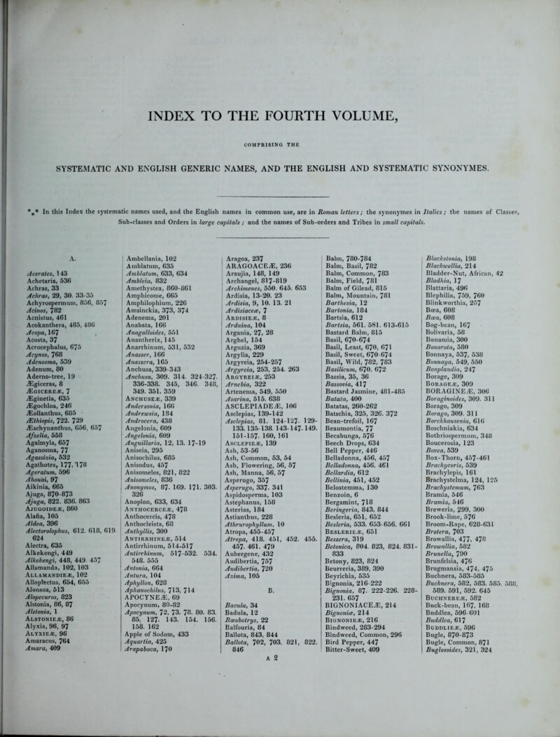 INDEX TO THE FOURTH VOLUME, COMPRISING THE SYSTEMATIC AND ENGLISH GENERIC NAMES, AND THE ENGLISH AND SYSTEMATIC SYNONYMES. *.* In this Index the systematic names used, and the English names in common use, are in Roman letters; the synonymes in Italics; the names of Classes, Sub-classes and Orders in large capitals ; and the names of Sub-orders and Tribes in small capitals. A. A cerates, 143 Achetaria, 536 Achras, 33 Achras, 29, 30. 33-35 Achyrospermum, 856, 857 Acinos, 782 Acnistus, 461 Acokanthera, 485, 486 Acopa, 167 , Acosta, 37 Acrocephalus, 675 Acynos, 768 Adenosma, 539 Adenum, 80 Aderno-tree, 19 Aigiceras, 8 TEgicere®, 7 TEginetia, 635 Aigochloa, 246 Alollanthus, 685 JEthiopis, 722. 729 Aischynanthus, 656, 657 Afzelia, 558 Agalmyla, 657 Aganosma, 77 Agassizia, 532 Agathotes, 177, '178 Ageralum, 596 Ahouai, 97 Aikinia, 665 Ajuga, 870-873 Ajuga, 822. 836. 863 Ajugoide®, 860 Alafia, 105 A Idea, 396 Alectorolophus, 612. 618, 619 624 Alectra, 635 Alkekengi, 449 Alkekengi, 448, 449. 457 Allamanda, 102, 103 Allamandie®, 102 AUoptectus, 654, 655 Alonsoa, 513 Alopecuros, 823 Alstonia, 86, 87 Alstonia, 1 Alstonie®, 86 Alyxia, 96, 97 Alyxie®, 96 Amaracus, 764 Amara, 409 Ambellania, 102 Amblatum, 635 ! Amblatum, 633, 634 Ambleia, 832 Amethystea, 860-861 Amphicome, 665 Amphilophium, 226 Amsinckia, 373, 374 Adenema, 201 Anabata, 166 Anagalloides, 551 Anantherix, 145 Anarrhinum, 531, 532 Anasser, 166 Anassera, 165 Anchusa, 339-343 Anchusa, 309. 314. 324-327- 336-338. 345, 346. 348, 349. 351. 359 Anchuse®, 339 Andersonia, 166 Andrewsia, 184 Androcera, 438 Angelonia, 609 Angelonia, 609 Anguillaria, 12, 13. 17-19 Aniseia, 295 Anisochilus, 685 Anisodus, 457 Anisomeles, 821, 822 Anisomeles, 836 Anonymos, 87- 169. 171- 303. 326 Anoplon, 633, 634 Anthocerce®,478 Anthocercis, 478 Anthocleista, 68 Anthyllis, 300 Antirrhine®, 514 Antirrhinum, 514-517 Antirrhinum, 517-532. 534. 548. 555 Antonia, 664 Antura, 104 Aphyllon, 628 Aphanochilus, 713, 714 APOCYNEA5, 69 Apocynum, 80-82 Apocynum, 72, 73. 76. 80. 83. 85. 127- 143. 154. 156. 158. 162 Apple of Sodom, 433 Aquarlia, 425 Arapabaca, 170 Aragoa, 237 ARAGOACE7E, 236 j Araujia, 148, 149 | Archangel, 817-819 j Archimenes, 550. 645. 653 | Ardisia, 13-20. 23 Ardisia, 9, 10. 13. 21 Ardisiaceee, 7 Ardisie®, 8 Arduina, 104 Argania, 27, 28 Arghel, 154 Arguzia, 369 Argylia, 229 Argyreia, 254-257 Argyreia, 253, 254. 263 Argyrei®, 253 Arnebia, 322 Artenema, 549, 550 Asarina, 515. 638 ASCLEPIADE7E, 106 Asclepias, 139-142 Asclepias, 81. 124-127- 129- 133.135-138. 143-147.149. 151-157- ICO, 161 Asclepie®, 139 Ash, 53-50 Ash, Common, 53, 54 Ash, Flowering, 56, 57 Ash, Manna, 56, 57 Asperugo, 357 Asperugo, 337. 341 Aspidosperma, 103 Astephanus, 158 Asterias, 184 Astianthus, 228 Athrurophyllum, 10 Atropa, 455-457 Atropa, 418. 451, 452. 455. 457- 461. 479 Aubergene, 432 Audibertia, 767 Audibertia, 720 Azima, 105 B. Bacula, 34 Badula, 12 Bceobotrys, 22 Balfouria, 84 Ballota, 843, 844 Ballota, 702, 703. 821, 822. 846 A 2 Balm, 780-784 Balm, Basil, 782 Balm, Common, 783 Balm, Field, 781 Balm of Gilead, 815 Balm, Mountain, 781 Barthesia, 12 Bartonia, 184 Bartsia, 612 Bartsia, 561. 581. 613-615 Bastard Balm, 815 Basil, 670-674 Basil, Least, 670, 671 Basil, Sweet, 670-674 Basil, Wild, 782, 783 Basilicum, 670. 672 Bassia, 35, 36 Bassovia, 417 Bastard Jasmine, 481-485 Batata, 400 Batatas, 260-262 Batschia, 325, 326. 372 Bean-trefoil, 167 Beaumontia, 77 Becabunga, 576 Beech Drops, 634 Bell Pepper, 446 Belladonna, 456, 457 Belladonna, 456. 461 Bellardia, 612 Bellinia, 451, 452 Belostemma, 130 Benzoin, 6 Bergamint, 718 Beringeria, 843, 844 Besleria, 651, 652 Besleria, 533. 653-656. 661 Beslerie®, 651 Bessera, 319 Betonica, 804. 823, 824. 831- 833 Betony, 823, 824 Beurreria, 389, 390 Beyrichia, 535 Bignonia, 216-222 Bignonia, 87- 222-226. 228- 231 657 BIGNONIACEiE, 214 Bignonia, 214 Bignonie®, 216 Bindweed, 283-294 Bindweed, Common, 296 Bird Pepper, 447 Bitter-Sweet, 409 | Blackstonia, 198 Blackwellia, 214 ' Bladder-Nut, African, 42 Bladhia, 17 Blattaria, 496 Blephilia, 759, 760 Blinkworthia, 257 Boea, 608 Boea, 608 Bog-bean, 167 Bolivaria, 58 Bonamia, 300 Bonarota, 580 Bonnaya, 537, 538 Bonnaya, 549, 550 Bonplandia, 247 Borage, 309 Borage®, 309 BORAGINEjE, 306 Boraginoides, 309. 311 Borago, 309 Borago, 309. 311 Borckhausenia, 616 Boschniakia, 634 Bothriospermum, 348 Boucerosia, 123 Bovea, 539 Box-Thorn, 457-461 Brachycoris, 539 Brachylepis, 161 Brachystelma, 124, 125 Brachystemum, 763 Bramia, 546 Bramia, 546 Breweria, 299, 300 Brook-lime, 576 Broom-Rape, 628-631 Brotera, 703 Browallia, 477, 478 Browallia, 582 Brunella, 790 Brunfelsia, 476 Brugmansia, 474, 475 Buchnera, 583-585 Buchnera, 582, 583. 585. 588, 589. 591, 592. 645 Buchnere®, 582 Buck-bean, I67, 168 Buddlea, 596- 601 Buddlea, 617 Buddlie®, 596 Bugle, 870-873 Bugle, Common, 871 Buglosoides, 321, 324