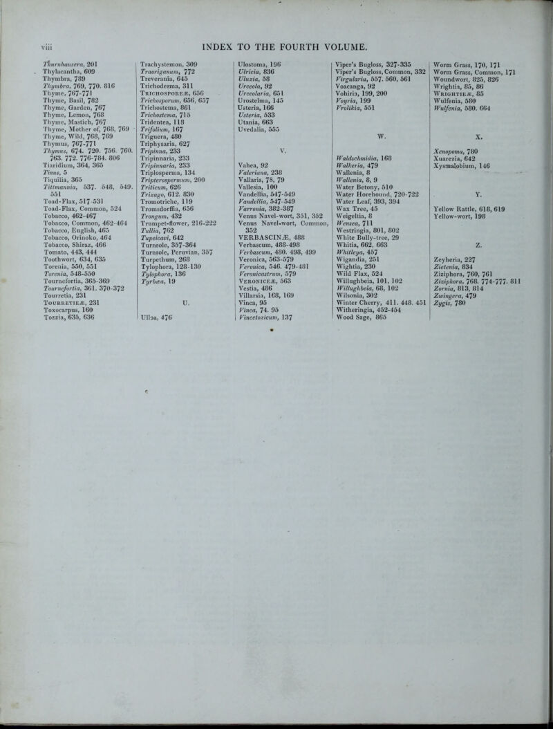 Thurnhausera, 201 Trachystemon, 309 Ulostoma, 196 Viper’s Bugloss, 327-335 Thylacantha, 609 Traoriganum, 772 Ulricia, 836 Viper’s Bugloss, Common, 332 Thymbra, 789 Treverania, 645 Uluxia, 58 Virgularia, 557- 560, 561 Thymbra, 769, 770. 816 Trichodesma, 311 Urceola, 92 Voacanga, 92 Thyme, 767-771 Trichospore-e, 656 Urceolaria, 651 Vohiria, 199, 200 Thyme, Basil, 782 Trichosporum, 656, 657 Urostelma, 145 Voyria, 199 Thyme, Garden, 767 Trichostema, 861 Usteria, 166 Vrolikia, 551 Thyme, Lemon, 768 Trichostema, 715 Usteria, 533 Thyme, Mastich, 767 Tridentea, 118 Utania, 663 Thyme, Mother of, 768, 769 ' Trifolium, 167 Uvedalia, 555 Thyme, Wild, 768, 769 Triguera, 480 W. Thymus, 767-771 Thymus, 674. 720. 756. 760. Triphysaria, 627 Tripinna, 233 V. 763. 772. 776-784. 806 Tripinnaria, 233 Waldschmidia, 168 Tiaridium, 364, 365 Tripinnaria, 233 Vahea, 92 Walkeria, 479 Tin us, 5 Triplosperma, 134 Valeriana, 238 Wallenia, 8 Tiquilia, 365 Tripterospermum, 200 Yallaris, 78, 79 Wallenia, 8, 9 Tittmannia, 537- 548, 549. Triticum, 626 Vallesia, 100 Water Betony, 510 551 Trixago, 612. 830 Vandellia, 547-549 Water Horehound, 720-722 Toad-Flax, 517-531 Tromotriche, 119 Vandellia, 547- 549 Water Leaf, 393, 394 Toad-Flax, Common, 524 Tromsdorffia, 656 Varronia, 382-387 Wax Tree, 45 Tobacco, 462-467 Trongum, 432 Venus Navel-wort, 351, 352 Weigeltia, 8 Tobacco, Common, 462-464 Trumpet-flower, 216-222 Venus Navel-wort, Common, Wensea, 711 Tobacco, English, 465 Tullia, 762 352 Westringia, 801, 802 Tobacco, Orinoko, 464 Tupeicavi, 642 VERBASCIN7E, 488 White Bully-tree, 29 Whitia, 662, 663 Tobacco, Shiraz, 466 Turnsole, 357-364 Verbascum, 488-498 Tomato, 443, 444 Turnsole, Peruvian, 357 Verbascum, 480. 498, 499 Whitleya, 457 Toothwort, 634, 635 Turpetlium, 268 Veronica, 563-579 Wigandia, 251 Torenia, 550, 551 Tylophora, 128-130 Veronica, 546. 479-481 Wightia, 230 Torenia, 548-550 Tylophora, 136 Veronicastrum, 579 Wild Flax, 524 Tournefortia, 365-369 Tyrbaa, 19 Veronice-e, 563 Willughbeia, 101, 102 Tournefortia, 361. 370-372 Vestia, 486 Willughbeia, 68, 102 Tourretia, 231 Villarsia, 168, 169 Wilsonia, 302 TourretiejE, 231 U. Vinca, 95 Winter Cherry, 411. 448. 451 Toxocarpus, 160 Vinca, 74. 95 Witheringia, 452-454 Tozzia, 635, 636 Ulloa, 476 Vincetoxicum, 137 Wood Sage, 865 Worm Grass, 170, 171 Worm Grass, Common, 171 Woundwort, 825, 826 Wrightia, 85, 86 Wrightie.*, 85 Wulfenia, 580 Wulfenia, 580. 664 X. Xenopoma, 780 Xuarezia, 642 Xysmalobium, 146 Y. Yellow Rattle, 618, 619 Yellow-wort, 198 Z. Zeyheria, 227 Zietenia, 834 Ziziphora, 760, 761 Ziziphora, 768. 774-777- 811 Zornia, 813, 814 Zwingera, 479 Zygis, 7SO