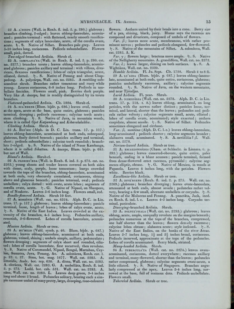 22 A. a'nceps (Wall, in Roxb. fl. ind. 2. p. 280.) glabrous ; branches climbing, 2-edged ; leaves oblong-lanceolate, acumin- ated ; panicles terminal: with flattened, nearly smooth ramifica- tions ; segments of calyx lanceolate, acute, of the corolla ovate, acute, h • S. Native of Silhet. Branches pale grey. Leaves 5-10 inches long, coriaceous. Pedicels subumbellate. Flowers small, pink, dotted. Two-edged-branched Ardisia. Shrub cl. 23 A. complana'ta (Wall, in Roxb. fl. ind. 2. p. 280. cat. no. 2277.) branches terete ; leaves oblong-lanceolate, acumin- ated glabrous; panicles axillary and terminal: with villous, diva- ricate, flexuous ramifications ; lobes of calyx triangular, acute, ciliated, dotted. Jj . S. Native of Penang and about Chap- pedong. A. polycarpa, Wall. cat. no. 2285. A rambling sub- scandent shrub. Branches rather tomentose and rusty while young. Leaves coriaceous, 6-8 inches long. Pedicels in um- bellate fascicles. Flowers small, pink. Berries dark purple. Very like A. dnceps, but is readily distinguished by its terete branches. Flatlencd-pedunc\ed Ardisia. Clt. 1824. Shrub cl. 24 A. sca ndens (Blum, bijdr. p. 686.) leaves oval, rounded at the apex, acute at the base, quite entire, glabrous; panicles terminal, drooping ; pedicels racemose; calycine teeth acute ; stem climbing, • S. Native of Java, in mountain woods, where it is called Ojot Katjambang and Kibaralalakkie. Climbing Ardisia. Shrub cl. 25 A. Beu'mii (Alph. in D. C. Lin. trans. 17. p. 117.) leaves oblong-lanceolate, acuminated at both ends, subrepand, glabrous, finely dotted beneath; panicles axillary and terminal, short; pedicels subumbellate ; calycine teeth roundish ; branch- lets 2-edged. !?• S. Native of the island of Nusae Kambanga, where it is called Sikattan. A. anceps, Blum, bijdr. p. 685. but not of Wall. Blumeys Ardisia. Shrub cl. 26 A. feoribu'nda (Wall, in Roxb. fl. ind. 2. p. 272. cat. no. 2263.) young shoots and tender leaves covered on both sides with dense, scaly, purple, loose tomentum; leaves crowded towards the tops of the branches, oblong-lanceolate, acuminated at both ends, very obscurely crenulated, coriaceous, shining above and glaucous beneath ; panicles terminal, oval; pedicels umbellate ; calyx dotted : with ovate, acute lobes ; segments of corolla ovate, acute. . G. Native of Nipaul, on Sheopore, and of Noakote. Leaves 5-6 inches long. Flowers small, red. Bundle-flowered Ardisia. Shrub 10 feet. 27 A. missionis (Wall. cat. no. 6524. Alph. D.C. in Lin. trans. 17. p. 117.) glabrous; leaves oblong-lanceolate; panicle terminal, loose, length of leaves ; lobes of calyx ovate, acute. J? . S. Native of the East Indies. Leaves crowded at the ex- tremity of the branches, 4-5 inches long. Pedunclesaxillary, remotish, 3-6-flowered. Lobes of corolla lanceolate, acumin- ated. Mission Ardisia. Shrub or tree. 28 A. hu'milis (Vahl. symb. p. 40. Blum, bijdr. p. 687.) glabrous; leaves oblong-lanceolate, acuminated at both ends, glabrous, veined, shining ; umbels simple, axillary, pedunculate ; flowers drooping; segments of calyx short and rounded, cilia- ted ; lobes of corolla lanceolate, first recurved, then revolute. J? . S. Native of Coromandel, Nipaul, Bengal, Martaban, Cey- lon, Sumatra, Java, Penang, &c. A. solon&cea, Roxb. cor. 1. p. 22. t. 27. Sims, bot. mag. 1677. Wall. cat. 2283. A. littoralis, Andr. bot. rep. 630. A. doma, Wall. cat. no. 2283. A. oler&cea, Wall. cat. 2283. G. A. umbellata, Roxb. fl. ind. 2. p. 273. Lodd. bot. cab. 531. Wall. cat. no. 2283. A. nana, Wall. cat. no. 2283. L. Leaves deep green, 3-4 inches long and about 2 broad. Peduncles solitary, bearing each a sim- ple racemose umbel of many pretty, large, drooping, rose-coloured flowers. Anthers united by their heads into a cone. Berry size of a pea, shining, black, juicy. Blume says the racemes are compound and divaricate, composed of umbels of flowers. Far. /3; leaves more acute, membranous, with rather pro- minent nerves ; peduncles and pedicels elongated, few-flowered. . S. Native of the mountains of Silhet. A. soloniicea, Wall, cat. 2283. A. K. Far. y ; flowers large ; bracteas more ample. ^ • S. Native of the Nelligherry mountains. A. grandiflora, Wall. cat. no. 2372. Far. S; leaves larger, shining on both surfaces. . S. A. Wightiana, Wall. cat. no. 2330. Humble Ardisia. Fl. Ju. Sept. Clt. 1798. Shrub 4 to 8 ft. 29 A. lu'rida (Blum, bijdr. p. 687.) leaves oblong-lanceo- late, acuminated at both ends, quite entire, coriaceous, glabrous; panicles umbellately racemose, axillary; calycine segments rounded. 1?. S. Native of Java, on the western mountains, and near Tjiradjas. Lurid Ardisia. Fl. year. Shrub. 30 A. neriifolia (Wall. cat. no. 2278. Alph. D. C. in Lin. trans. 17. p. 118. t. 8.) leaves oblong, acuminated, on long petioles, with the nerves rather distinct ; panicles loose, ter- minal, and lateral, shorter than the leaves ; peduncles and pedi- cels rather velvety ; calycine segments small, acute, ciliated ; lobes of corolla ovate, acuminated; style exserted ; anthers cuspidate, almost sessile. 1? . S. Native of Silhet. Peduncles sometimes elongated and cirrhose. Far. (3, montdna (Alph. D. C. 1. c.) leaves oblong-lanceolate, long-acuminated; pedicels shorter; calycine segments broader; alabastra small, acuminated. . S. A. neriifolia ? ft. Wall, cat. no. 2278. Nerium-leaved Ardisia. Shrub or tree. 31 A. escallonioides (Cham, et Schlecht. in Linnaea. 6. p. 393.) glabrous; leaves cuneated-obovate, quite entire, paler beneath, ending in a blunt acumen ; panicle terminal, formed from dense-flowered erect racemes, pyramidal ; calycine seg- ments elliptic, obtuse. . G. Native of Mexico, in woods at Papantla. Leaves 4 inches long, with the petioles. Flowers white. Berries black. Escallonia-like Ardisia. Shrub or tree. 32 A. dive'rgens (Roxb. fl. ind. 2. p. 275. Wall. cat. no. 2269.) glabrous; branches diverging; leaves ovate-lanceolate, attenuated at both ends, almost sessile ; peduncles rather vel- vety, bearing a few small, alternate umbellets or corymbs, . S. Native of the Moluccas and Penang. A. punctata, Jack, ined. ex Roxb. fl. ind. 1. c. Leaves 4-5 inches long. Corymbs ter- minal, paniculate. i^erging-branched Ardisia. Shrub. 33 A. polyce'fhala (Wall. cat. no. 2293.) glabrous; leaves oblong, acute, ample, unequally revolute on the margins beneath ; peduncles numerous at the tops of the branches, compressed, one half shorter than the leaves; flowers densely racemose; calycine lobes obtuse; alabastra acute; style inclosed. 1? . S. Native of the East Indies, on the banks of the river Atran. Leaves 5-7 inches long, 1^ and 2-| inches broad, coriaceous. Pedicels incurved, approximate at the tops of the peduncles. Lobes of corolla acuminated. Berry black, striated. Many-headed Ardisia. Shrub. 34 A. tubercula'ta (Wall. cat. no. 2274.) leaves ovate- acuminated, coriaceous, dotted everywhere; racemes axillary and terminal, many-flowered, shorter than the leaves; peduncles rather compressed, glabrous; calycine segments ovate-acute, a little ciliated. Ij . S. Native of Singapore. Branches angu- larly compressed at the apex. Leaves 2-4 inches long, nar- rowed at the base, full of resinous dots. Pedicels umbellulate. Flowers small. Tubercled Ardisia. Shrub or tree.