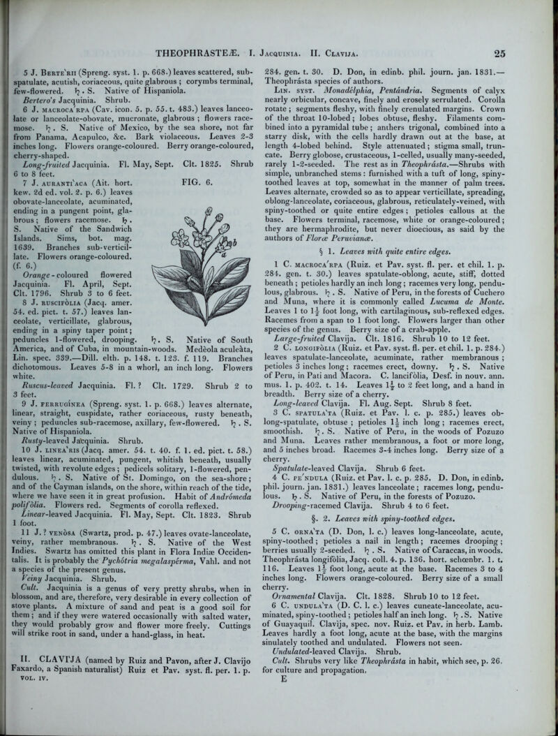 5 J. Berte'rii (Spreng. syst. 1. p. 668.) leaves scattered, sub- spatulate, acutisb, coriaceous, quite glabrous ; corymbs terminal, few-flowered. Ij • S. Native of Hispaniola. Bertero’s Jacquinia. Shrub. 6 J. macroca'rpa (Cav. icon. 5. p. 55. t. 483.) leaves lanceo- late or lanceolate-obovate, mucronate, glabrous ; flowers race- mose. Pj . S. Native of Mexico, by the sea shore, not far from Panama, Acapulco, &c. Bark violaceous. Leaves 2-3 inches long. Flowers orange-coloured. Berry orange-coloured, cherry-shaped. Long-fruited Jacquinia. FI. May, Sept. Clt. 1825. Shrub 6 to 8 feet. 7 J. auranti'aca (Ait. hort. FIG. 6. kew. 2d ed. vol. 2. p. 6.) leaves obovate-lanceolate, acuminated, ending in a pungent point, gla- brous ; flowers racemose. 1? . S. Native of the Sandwich Islands. Sims, bot. mag. 1639. Branches sub-verticil- late. Flowers orange-coloured. (f. 6.) Orange - coloured flowered Jacquinia. FI. April, Sept. Clt. 1796. Shrub 3 to 6 feet. 8 J. ruscifolia (Jacq. amer. 54. ed. pict. t. 57.) leaves lan- ceolate, verticillate, glabrous, ending in a spiny taper point; peduncles 1-flowered, drooping. America, and of Cuba, in mountain-woods. Lin. spec. 339.—Dill. elth. p. 148. t. 123. f. 119. Branches dichotomous. Leaves 5-8 in a whorl, an inch lone. Flowers white. Ruscus-leaved Jacquinia. FI. ? Clt. 1729. Shrub 2 to 3 feet. *2. S. Native of South Medeola acule&ta, 9 J. ferruginea (Spreng. syst. 1. p. 668.) leaves alternate, linear, straight, cuspidate, rather coriaceous, rusty beneath, veiny ; peduncles sub-racemose, axillary, few-flowered. . S. Native of Hispaniola. /?«s£i/-leaved Jatquinia. Shrub. 10 J. linea'ris (Jacq. amer. 54. t. 40. f. 1. ed. pict. t. 58.) leaves linear, acuminated, pungent, whitish beneath, usually twisted, with revolute edges ; pedicels solitary, 1-flowered, pen- dulous. h . S. Native of St. Domingo, on the sea-shore; and of the Cayman islands, on the shore, within reach of the tide, where we have seen it in great profusion. Habit of Andromeda polifdlia. Flowers red. Segments of corolla reflexed. Linear-leaved Jacquinia. FI. May, Sept. Clt. 1823. Shrub 1 foot. 11 J. ? venosa (Swartz, prod. p. 47.) leaves ovate-lanceolate, veiny, rather membranous. J? . S. Native of the West Indies. Swartz has omitted this plant in Flora Indiae Occiden- talis. It is probably the Pychotria megalasperma, Vahl. and not a species of the present genus. Veiny Jacquinia. Shrub. Cult. Jacquinia is a genus of very pretty shrubs, when in blossom, and are, therefore, very desirable in every collection of stove plants. A mixture of sand and peat is a good soil for them ; and if they were watered occasionally with salted water, they would probably grow and flower more freely. Cuttings will strike root in sand, under a hand-glass, in heat. II. CLAVI'JA (named by Ruiz and Pavon, after J. Clavijo Faxardo, a fepanish naturalist) Ruiz et Pav. syst. fl. per. 1. p. VOL. iv. 284. gen. t. 30. D. Don, in edinb. phil. journ. jan. 1831.— Theophrasta species of authors. Lin. syst. Monadelpliia, Pentdndria. Segments of calyx nearly orbicular, concave, finely and erosely serrulated. Corolla rotate ; segments fleshy, with finely crenulated margins. Crown of the throat 10-lobed; lobes obtuse, fleshy. Filaments com- bined into a pyramidal tube; anthers trigonal, combined into a starry disk, with the cells hardly drawn out at the base, at length 4-lobed behind. Style attenuated; stigma small, trun- cate. Berry globose, crustaceous, 1-celled, usually many-seeded, rarely 1-2-seeded. The rest as in Theophrasta.—Shrubs with simple, unbranched stems: furnished with a tuft of long, spiny- toothed leaves at top, somewhat in the manner of palm trees. Leaves alternate, crowded so as to appear verticillate, spreading, oblong-lanceolate, coriaceous, glabrous, reticulately-veined, with spiny-toothed or quite entire edges; petioles callous at the base. Flowers terminal, racemose, white or orange-coloured; they are hermaphrodite, but never dioecious, as said by the authors of Florae Peruviance. § 1. Leaves with quite entire edges. 1 C. macroca'rpa (Ruiz, et Pav. syst. fl. per. et chil. 1. p. 284. gen. t. 30.) leaves spatulate-oblong, acute, stiff, dotted beneath ; petioles hardly an inch long; racemes very long, pendu- lous, glabrous, . S. Native of Peru, in the forests of Cuchero and Muna, where it is commonly called Lucuma de Monte. Leaves 1 to 1^ foot long, with cartilaginous, sub-reflexed edges. Racemes from a span to 1 foot long. Flowers larger than other species of the genus. Berry size of a crab-apple. Large-fruited Clavija. Clt. 1816. Shrub 10 to 12 feet. 2 C. longifolia (Ruiz, et Pav. syst. fl. per. etchil. 1. p. 284.) leaves spatulate-lanceolate, acuminate, rather membranous ; petioles 3 inches long; racemes erect, downy. ^ . S. Native of Peru, in Pati and Macora. C. lancifolia, Desf. in nouv. ann. mus. 1. p. 402. t. 14. Leaves 1^ to 2 feet long, and a hand in breadth. Berry size of a cherry. Long-leaved Clavija. Fl. Aug. Sept. Shrub 8 feet. 3 C. spatula'ta (Ruiz, et Pav. 1. c. p. 285.) leaves ob- long-spatulate, obtuse ; petioles \\ inch long ; racemes erect, smoothish. J?. S. Native of Peru, in the woods of Pozuzo and Muna. Leaves rather membranous, a foot or more long, and 5 inches broad. Racemes 3-4 inches long. Berry size of a cherry. Spatulale-\eaved Clavija. Shrub 6 feet. 4 C. pe'ndula (Ruiz, et Pav. 1. c. p, 285. D. Don, in edinb. phil. journ. jan. 1831.) leaves lanceolate ; racemes long, pendu- lous. b • S. Native of Peru, in the forests of Pozuzo. Drooping-racemed Clavija. Shrub 4 to 6 feet. §. 2. Leaves with spiny-toothed edges. 5 C. orna'ta (D. Don, 1. c.) leaves long-lanceolate, acute, spiny-toothed ; petioles a nail in length; racemes drooping ; berries usually 2-seeded. . S. Native of Caraccas, in woods. Theophrasta longifolia, Jacq. coll. 4. p. 136. hort. schoenbr. 1. t. 116. Leaves li foot long, acute at the base. Racemes 3 to 4 inches long. Flowers orange-coloured. Berry size of a small cherry. Ornamental Clavija. Clt. 1828. Shrub 10 to 12 feet. 6 C. undula'ta (D. C. 1. c.) leaves cuneate-lanceolate, acu- minated, spiny-toothed ; petioles half an inch long. T? . S. Native of Guayaquil. Clavija, spec. nov. Ruiz, et Pav, in herb. Lamb. Leaves hardly a foot long, acute at the base, with the margins sinulately toothed and undulated. Flowers not seen. Undulated-\e&\ed Clavija. Shrub. Cult. Shrubs very like Theophrasta in habit, which see, p. 26. for culture and propagation. E