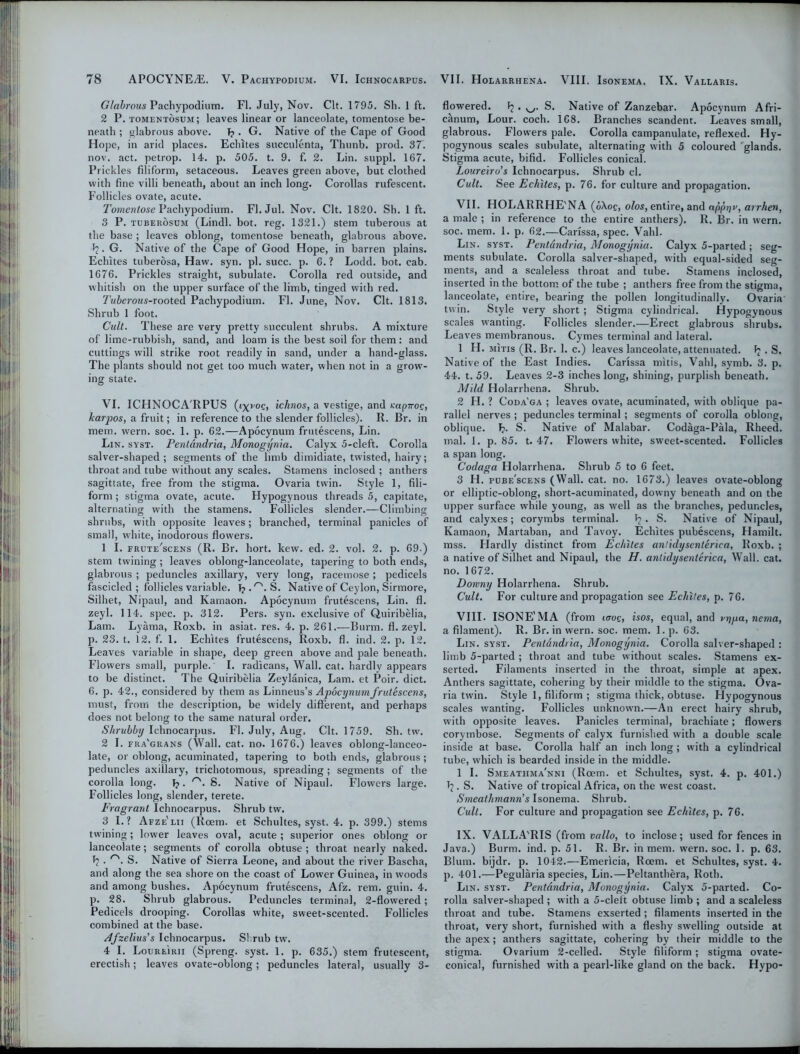 Glabrous Pachypodium. FI. July, Nov. Clt. 1795. Sh. 1 ft. 2 P. tomentosum ; leaves linear or lanceolate, tomentose be- neath ; glabrous above. T? • G. Native of the Cape of Good Hope, in arid places. Echites succulenta, Thunb. prod. 37. nov. act. petrop. 14. p. 505. t. 9. f. 2. Lin. suppl. 167. Prickles filiform, setaceous. Leaves green above, but clothed with fine villi beneath, about an inch long. Corollas rufescent. Follicles ovate, acute. Tomentose Pachypodium. FI. Jul. Nov. Clt. 1820. Sh. 1 ft. 3 P. tuberosum (Lindl. bot. reg. 1321.) stem tuberous at the base ; leaves oblong, tomentose beneath, glabrous above. *2. G. Native of the Cape of Good Hope, in barren plains. Echites tuberosa, Haw. syn. pi. succ. p. 6. ? Lodd. bot. cab. 1676. Prickles straight, subulate. Corolla red outside, and whitish on the upper surface of the limb, tinged with red. Tuberous-rooted Pachypodium. FI. June, Nov. Clt. 1813. Shrub 1 foot. Cult. These are very pretty succulent shrubs. A mixture of lime-rubbish, sand, and loam is the best soil for them : and cuttings will strike root readily in sand, under a hand-glass. The plants should not get too much water, when not in a growr- ing state. VI. ICHNOCA RPUS (i^voe, ichnos, a vestige, and Kapnog, karptos, a fruit; in reference to the slender follicles). R. Br. in mem. wern. soc. 1. p. 62.—Apocynum frutescens, Lin. Lin. syst. Pentdndria, Monogynia. Calyx 5-cleft. Corolla salver-shaped; segments of the limb dimidiate, twisted, hairy; throat and tube without any scales. Stamens inclosed ; anthers sagittate, free from the stigma. Ovaria twin. Style 1, fili- form ; stigma ovate, acute. Hypogynous threads 5, capitate, alternating with the stamens. Follicles slender.—Climbing shrubs, with opposite leaves; branched, terminal panicles of small, white, inodorous flowers. 1 I. frute'scens (R. Br. hort. kew. ed. 2. vol. 2. p. 69.) stem twining; leaves oblong-lanceolate, tapering to both ends, glabrous ; peduncles axillary, very long, racemose; pedicels fascicled ; follicles variable. Tj . S. Native of Ceylon, Sirmore, Silhet, Nipaul, and Kamaon. Apocynum frutescens, Lin. fl. zeyl. 114. spec. p. 312. Pers. syn. exclusive of Quiribelia, Lam. Lyama, Roxb. in asiat. res. 4. p. 261.—Burm. fl. zeyl. p. 23. t. 12. f. 1. Echites frutescens, Roxb. fl. ind. 2. p. 12. Leaves variable in shape, deep green above and pale beneath. Flowers small, purple. I. radicans, Wall. cat. hardly appears to be distinct. The Quiribelia Zeylanica, Lam. et Poir. diet. 6. p. 42., considered by them as Linneus’s Apocynum frutescens, must, from the description, be widely different, and perhaps does not belong to the same natural order. Shrubby Ichnocarpus. Fl. July, Aug. Clt. 1759. Sh. tw. 2 I. fra'grans (Wall. cat. no. 1676.) leaves oblong-lanceo- late, or oblong, acuminated, tapering to both ends, glabrous ; peduncles axillary, trichotomous, spreading ; segments of the corolla long. 1?. r'. S. Native of Nipaul. Flowers large. Follicles long, slender, terete. Fragrant Ichnocarpus. Shrub tw. 3 1.? Afze'lii (Roem. et Schultes, syst. 4. p. 399.) stems twining; lower leaves oval, acute ; superior ones oblong or lanceolate; segments of corolla obtuse ; throat nearly naked. I?. r'. S. Native of Sierra Leone, and about the river Bascha, and along the sea shore on the coast of Lower Guinea, in woods and among bushes. Apocynum frutescens, Afz. rem. guin. 4. p. 28. Shrub glabrous. Peduncles terminal, 2-flowered; Pedicels drooping. Corollas white, sweet-scented. Follicles combined at the base. Afzelius's Ichnocarpus. Shrub tw. 4 I. LoureIrii (Spreng. syst. 1. p. 635.) stem frutescent, erectish; leaves ovate-oblong; peduncles lateral, usually 3- flowered. . v_y. S. Native of Zanzebar. Apocynum Afri- c&num, Lour. coch. 168. Branches scandent. Leaves small, glabrous. Flowers pale. Corolla campanulate, reflexed. Hy- pogynous scales subulate, alternating with 5 coloured glands. Stigma acute, bifid. Follicles conical. Loureiro’s Ichnocarpus. Shrub cl. Cult. See Echites, p. 76. for culture and propagation. VII. HOLARRHE'NA (oXoe, olos, entire, and appijv, arrhen, a male ; in reference to the entire anthers). R. Br. in wern. soc. mem. i. p. 62.—Carissa, spec. Vahl. Lin. syst. Pentdndria, Monogynia. Calyx 5-parted ; seg- ments subulate. Corolla salver-shaped, with equal-sided seg- ments, and a scaleless throat and tube. Stamens inclosed, inserted in the bottom of the tube ; anthers free from the stigma, lanceolate, entire, bearing the pollen longitudinally. Ovaria twin. Style very short ; Stigma cylindrical. Hypogynous scales wanting. Follicles slender.—Erect glabrous shrubs. Leaves membranous. Cymes terminal and lateral. 1 H. mitis (R. Br. 1. c.) leaves lanceolate, attenuated. Jj . S. Native of the East Indies. Carissa mitis, Vahl, symb. 3. p. 44. t. 59. Leaves 2-3 inches long, shining, purplish beneath. Mild Holarrhena. Shrub. 2 H. ? Coda'ga ; leaves ovate, acuminated, with oblique pa- rallel nerves ; peduncles terminal; segments of corolla oblong, oblique. !?• S- Native of Malabar. Codaga-Pala, Rheed. mal. 1. p. 85. t. 47. Flowers white, sweet-scented. Follicles a span long. Codaga Holarrhena. Shrub .5 to 6 feet. 3 H. pube'scens (Wall. cat. no. 1673.) leaves ovate-oblong or elliptic-oblong, short-acuminated, downy beneath and on the upper surface while young, as well as the branches, peduncles, and calyxes; corymbs terminal. J?. S. Native of Nipaul, Kamaon, Martaban, and Tavoy. Echites pubescens, Hamilt. mss. Hardly distinct from Echites anlidysenlerica, Roxb. ; a native of Silhet and Nipaul, the H. anlidysenterica, Wall. cat. no. 1672. Downy Holarrhena. Shrub. Cult. For culture and propagation see Echites, p. 76. VIII. ISONE'MA (from kjoq, isos, equal, and vrjpa, nema, a filament). R. Br. in wern. soc. mem. 1. p. 63. Lin. syst. Pentdndria, Monogynia. Corolla salver-shaped : limb 5-parted ; throat and tube without scales. Stamens ex- serted. Filaments inserted in the throat, simple at apex. Anthers sagittate, cohering by tbeir middle to the stigma. Ova- ria twin. Style 1, filiform ; stigma thick, obtuse. Hypogynous scales wanting. Follicles unknown.—An erect hairy shrub, with opposite leaves. Panicles terminal, brachiate; flowers corymbose. Segments of calyx furnished with a double scale inside at base. Corolla half an inch long; with a cylindrical tube, which is bearded inside in the middle. 1 I. Smeateima'nni (Roem. et Schultes, syst. 4. p. 401.) 1?. S. Native of tropical Africa, on the west coast. Smeathmann’s Isonema. Shrub. Cult. For culture and propagation see Echites, p. 76. IX. VALLA'RIS (from vallo, to inclose; used for fences in Java.) Burm. ind. p. 51. R. Br. in mem. wern. soc. 1. p. 63. Blum, bijdr. p. 1042.—Emericia, Roem. et Schultes, syst. 4. p. 401.—Pegularia species, Lin.—Peltanthera, Roth. Lin. syst. Pentdndria, Monogynia. Calyx 5-parted. Co- rolla salver-shaped ; with a 5-cleft obtuse limb ; and a scaleless throat and tube. Stamens exserted ; filaments inserted in the throat, very short, furnished with a fleshy swelling outside at the apex; anthers sagittate, cohering by their middle to the stigma. Ovarium 2-celled. Style filiform; stigma ovate- conical, furnished with a pearl-like gland on the back. Hypo-