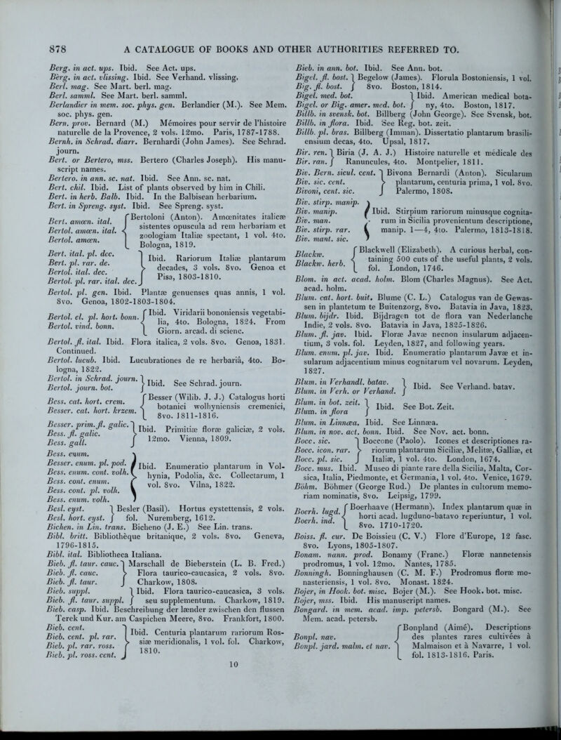 Berg, in act. ups. Ibid. See Act. ups. Berg, in act. vlissing. Ibid. See Verhand. vlissing. Berl. mag. See Mart. berl. mag. Berl. samml. See Mart. berl. samml. Berlandier in mem. soc. phys. gen. Berlandier (M.). See Mem. soc. phys. gen. Bern. prov. Bernard (M.) Memoires pour servir de l’histoire naturelle de la Provence, 2 vols. 12mo. Paris, 1787-1788. Bernh. in Schrad. diarr. Bernhardi (John James). See Schrad. journ. Bert, or Bertero, mss. Bertero (Charles Joseph). His manu- script names. Bertero. in ann. sc. nat. Ibid. See Ann. sc. nat. Bert. chil. Ibid. List of plants observed by him in Chili. Bert, in herb. Balb. Ibid. In the Balbisean herbarium. Bert, in Spreng. syst. Ibid. See Spreng. syst. j) , .. , fBertoloni (Anton). Amoenitates italicae berl. amcen. ital. . N \ . , , r> . i i ) sistentes opuscula ad rem herbariam et Bertol. amcen. ital. < , . rT .. . . , , n . i 1 zoologiam Ltalise spectant, 1 vol. 4to. Bertol. amcen. „ , ® „, „ 1 C Bologna, 1819. Bert. ital. pi. dec. t T1 r> • T. i* i t> . , r . Ibid. Kariorum ltaliae plantarum Berl. pi. rar. de. I , , „ , „ V, j, . f •. , , > decades, 3 vols. 8vo. (jenoa et Bertol. ital. dec. ( T). . 101„ Bertol. pi. rar. ital. dec. J P,sa’ 1803-1810. Bertol. pi. gen. Ibid. Plantae genuenses quas annis, 1 vol. 8vo. Genoa, 1802-1803-1804. r> , , i 7 7.7 r Ibid. Viridarii bononiensis vegetabi- Bertol. el. pi. hort. bonn. I r, , lor>. “-p, D . / • 5 j < lia, 4to. Bologna, 1824. rrom Bertol. vind. bonn. ' ° Giorn. arcad. di scienc. Lpod. /Ib;di E t. volh. ^ hynia> Enumeratio plantarum in Vol- Podolia, &c. Collectarum, 1 vol. 8vo. Vilna, 1822. Bertol. Jl. ital. Ibid. Flora italica, 2 vols. 8vo. Genoa, 1831. Continued. Bertol. lucub. Ibid. Lucubrationes de re herbaria, 4to. Bo- logna, 1822. Bertol. in Schrad. journ. ] T1 ., r. o i i • Bertol. journ. hot. ) Ibld' See Schrad* Journ- Bess. cat. hort. crem. f Bef er 0Villb- f* JV> C.atalogus horti Besser. cat. hort. krzem. \ botanic, wolhyn.ens.s cremen.c, L 8vo. 1811-1810. Besser. prim.il. galic.~) TL., „ . . . „ ... n . P n1 /• I Ibid. Primitiae norae galiciae, 2 vols. Bel gall J 12mo- Vienna, 1809. Bess. enum. Besser. enum. pi. Bess. enum. cont. Bess. cont. enum. Bess. cont. pi. volh. Bess. enum. volh. Besl. eyst. 1 Besler (Basil). Hortus eystettensis, 2 vols. Besl. hort. eyst. J fol. Nuremberg, 1612. Bichen. in Lin. trans. Biclieno (J. E.) See Lin. trans. Bibl. britt. Bibliotheque britanique, 2 vols. 8vo. Geneva, 1796-1815. Bibl. ital. Bibliotheca Italiana. Bieb, fl. taur. cauc.~\ Marscliall de Bieberstein (L. B. Fred.) Bieb. Jl. cauc. > Flora taurico-caucasica, 2 vols. 8vo. Bieb. Jl. taur. J Charkow, 1808. Bieb. suppl. 1 Ibid. Flora taurico-caucasica, 3 vols. Bieb. Jl. taur. suppl. j seu supplementum. Charkow, 1819. Bieb. casp. Ibid. Beschreibung der laender zwischen den flussen Terek und Kur. am Caspichen Meere, 8vo. Frankfort, 1800. Bieb. cent. j Centuria plantarum rariorum Ros- Bieb. cent. pi. rar. I . ... t. . . „ . r,. , n-ii > siae meridionalis, 1 vol. tol. Gbarkow, Bieb.pl.rar.ross. r 5 ’ Bieb. pi. ross. cent. J Bieb. in ann. bol. Ibid. See Ann. bot. Bigel. Jl. bost. 1 Begelow (James). Florula Bostoniensis, 1 vol. Big. Jl. host. J 8vo. Boston, 1814. Bigel. med. bot. \ Ibid. American medical bota- Bigel. or Big. amer. med. bot. J ny, 4to. Boston, 1817. Billb. in svensk. bot. Billberg (John George). See Svensk, bot. Billb. in Jlora. Ibid. 'See Reg, bot. zeit. Billb. pi. bras. Billberg (Imman). Dissertatio plantarum brasili- ensium decas, 4to. Upsal, 1817. Bir. ren. 1 Biria (J. A. J.) Histoire naturelle et medicale des Bir. ran. J Ranuncules, 4to. Montpelier, 1811. Biv. Bern, sicul. cent. ~] Bivona Bernardi (Anton). Sicularum Biv. sic. cent. > plantarum, centuria prima, 1 vol. 8vo. Bivoni, cent. sic. J Palermo, 1808. Biv. stirp. manip. \ Biv. manip. i Ibid. Stirpium rariorum minusque cognita- Biv. man. • rum in Sicilia provenientum descriptione, Biv. stirp. rar. I manip. 1—4, 4-to. Palermo, 1813-1818. Biv. mant. sic. > p, 7 ? f Blackwell (Elizabeth). A curious herbal, con- ae in. i taining 500 cuts of the useful plants, 2 vols. blackm. herb. ^ fo]< 'LondoI1) 1746> Blom. in act. acad. holm. Blom (Charles Magnus). See Act. acad. holm. Blum. cat. hort. buit. Blume (C. L.) Catalogus van de Gewas- sen in plantetum te Buitenzorg, 8vo. Batavia in Java, 1823. Blum, bijdr. Ibid. Bijdragen tot de flora van Nederlanche Indie, 2 vols. 8vo. Batavia in Java, 1825-1826. Blum. Jl. jav. Ibid. Florae Javae necnon insularum adjacen- tium, 3 vols. fol. Leyden, 1827, and following years. Blum. enum. pi. jav. Ibid. Enumeratio plantarum Javae et in- sularum adjacentium minus cognitarum vel novarum. Leyden, 1827. Ibid. See Verhand. batav. Ibid. See Bot. Zeit. Blum, in Verhandl. batav. Blum, in Verh. or Verhand. Blum, in bot. zeit. Blum, in Jlora Blum, in Linncea. Ibid. See Linnaea. Blum, in nov. act. bonn. Ibid. See Nov. act. bonn. Bocc. sic. ~| Boccone (Paolo). leones et descriptiones ra- Bocc. icon. rar. > riorum plantarum Siciliae, Melitae, Galliae, et Bocc.pl. sic. J Italiae, 1 vol. 4to. London, 1674. Bocc. mus. Ibid. Museo di piante rare della Sicilia, Malta, Cor- sica, Italia, Piedmonte, et Germania, 1 vol. 4to. Venice, 1679. Bohm. Bohmer (George llud.) De plantes in cultorum memo- riam nominatis, 8vo. Leipsig, 1799. Phi I f Boerhaave (Hermann). Index plantarum quae in p°er,' Uj s horti acad. lugduno-batavo reperiuntur, 1 vol. boer/i. md. ^ 8yo> 1710_1?m Boiss. fl. eur. De Boissieu (C. V.) Flore d’Europe, 12 fasc. 8vo. Lyons, 1805-1807. Bonam. nann. prod. Bonamy (Franc.) Florae nannetensis prodromus, 1 vol. 12mo. Nantes, 1785. Bonningh. Bonninghausen (C. M. F.) Prodromus florae mo- nasteriensis, 1 vol. 8vo. Monast. 1824. Bojer, in Hook. bot. misc. Bojer (M,). See Hook. bot. misc. Bojer, mss. Ibid. His manuscript names. Bongard. in mem. acad. imp. petersb. Bongard (M.). See Mem. acad. petersb. r Bonpland (Aime). Descriptions Bonpl. nav. J des plantes rares cultivees a Bonpl. jard. malm, et nav. ] Malmaison et a Navarre, 1 vol. [ fol. 1813-1816. Paris. 10