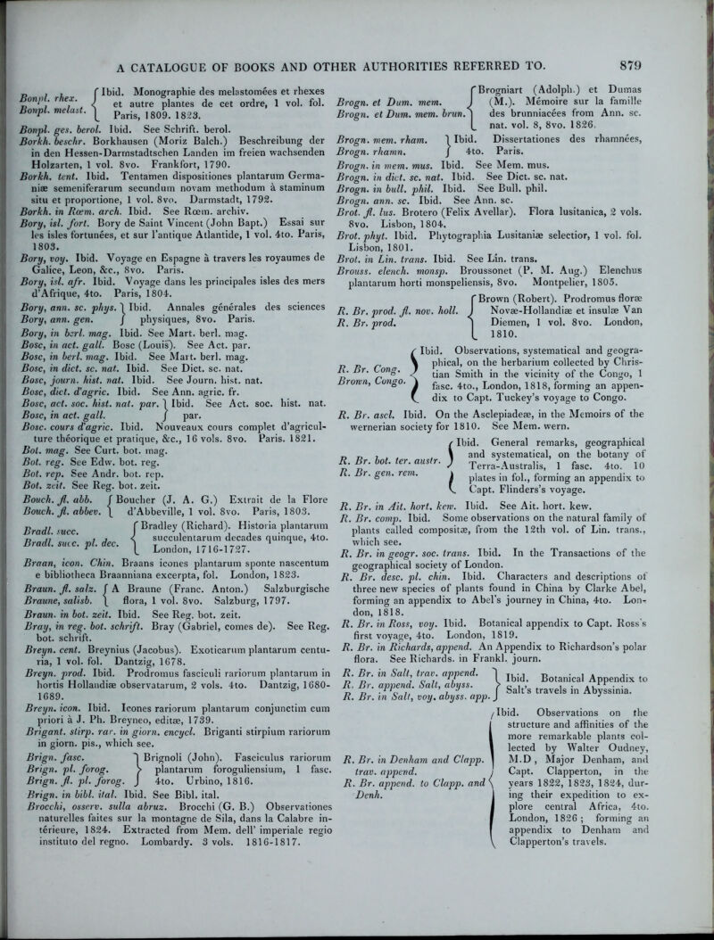 Bonpl. rhex. Bonpl. me last. f Ibid. Monographie des melastomees et rhexes < et autre plantes de cet ordre, 1 vol. fol. I Paris, 1809. 1823. Bonpl. ges. berol. Ibid. See Schrift. berol. Borkh. beschr. Borkbausen (Moriz Balcli.) Beschreibung der in den Hessen-Darrnstadtscben Landen im freien wachsenden Holzarten, 1 vol. 8vo. Frankfort, 1790. Borkh. tent. Ibid. Tentamen dispositiones plantarum Germa- nise semeniferarum secundum novam methodum a staminum situ et proportione, 1 vol. 8vo. Darmstadt, 1792. Borkh. in Rcem. arch. Ibid. See Roem. archiv. Bory, isl. fort. Bory de Saint Vincent (John Bapt.) Essai sttr les isles fortunees, et sur l’antique Atlantide, 1 vol. 4to. Paris, 1803. Bory, voy. Ibid. Voyage en Espagne a travers les royaumes de Galice, Leon, &c., 8vo. Paris. Bory, isl. afr. Ibid. Voyage dans les principals isles des mers d’Afrique, 4to. Paris, 1804. Bory, ann. sc. phys. 1 Ibid. Annales generales des sciences Bory, ann. gen. j physiques, 8vo. Paris. Bory, in berl. mag. Ibid. See Mart. berl. mag. Bose, in act. gall. Bose (Louis). See Act. par. Bose, in berl. mas. Ibid. See Matt. berl. mag. Bose, in diet. sc. nat. Ibid. See Diet. sc. nat. Bose, journ. hist. nat. Ibid. See Journ. hist. nat. Bose, diet, d’agric. Ibid. See Ann. agric. fr. Bose, act. soc. hist. nat. par. 1 Ibid. See Act. soc. hist. nat. Bose, in act. gall. J par. Bose, cours d'agric. Ibid. Nouveaux cours complet d’agricul- ture theorique et pratique, &c., 16 vols. 8vo. Paris. 1821. Bol. mag. See Curt. bot. mag. Bot. reg. See Edvv. bot. reg. Bot. rep. See Andr. bot. rep. Bot. zeit. See Reg. bot. zeit. Bouch. Jl. abb Bouch. jl. abbev. \ Bradl. succ. Bradl. suic. pi. dec. f Boucher (J. A. G.) Extrait de la Flore d’Abbeville, 1 vol. 8vo. Paris, 1803. f Bradley (Richard). Histoi ia plantarum < succulentarum decades quinque, 4to. [_ London, 1716-1727. Braan, icon. Chin. Braans icones plantarum sponte nascentum e bibliotheca Braanniana excerpta, fol. London, 1823. Braun, jl. salz. f A Braune (Franc. Anton.) Salzburgische Braune, salisb. \ flora, 1 vol. 8vo. Salzburg, 1797. Braun, in bot. zeit. Ibid. See Reg. bot. zeit. Bray, in reg. bot. schrift. Bray (Gabriel, comes de). See Reg. bot. schrift. Breyn. cent. Breynius (Jacobus). Exoticarum plantarum centu- ria, 1 vol. fol. Dantzig, 1678. Breyn. prod. Ibid. Prodromus fasciculi rariorum plantarum in hortis Hollandiae observatarum, 2 vols. 4to. Dantzig, 1680- 1689. Breyn. icon. Ibid. Icones rariorum plantarum conjunctim cum priori a J. Ph. Breyneo, editae, 1739. Brigant. stirp. rar. in giorn. encycl. Briganti stirpium rariorum in giorn. pis., which see. Brign. jasc. ) Brignoli (John). Fasciculus rariorum Brign. pi. jorog. > plantarum foroguliensium, 1 fase. Brign. jl. pi. jorog. J 4to. Urbino, 1816. Brign. in bill. ital. Ibid. See Bibl. ital. Brocchi, osserv. sulla abruz. Brocchi (G. B.) Observationes naturelles faites sur la montagne de Sila, dans la Calabre in- terieure, 1824. Extracted from Mem. dell’ imperiale regio instituto del regno. Lombardy. 3 vols. 1816-1817. Brogn. rhamn. Brogn. in mem. mus. Ibid. TBrogniart (Adolph.) et Dumas Brogn. et Dum. mem. J (M.). Memoire sur la famille Brogn. et Dum. mem. brunf\ des brunniacees from Ann. sc. (_ nat. vol. 8, 8vo. 1826, Brogn. mem. rham. J Ibid. Dissertationes des rhamnees, J 4to. Paris. See Mem. mus. Brogn. in diet. sc. nat. Ibid. See Diet. sc. nat. Brogn. in bull. phil. Ibid. See Bull. phil. Brogn. ann. sc. Ibid. See Ann. sc. Brot. fl. lus. Brotero (Felix Avellar). Flora lusitanica, 2 vols. 8vo. Lisbon, 1804. Brot. phut. Ibid. Phytographia Lusitaniae selectior, 1 vol. fol. Lisbon, 1801. Brot. in Lin. trans. Ibid. See Lin. trans. Brouss. elench. monsp. Broussonet (P. M. Aug.) Elenchus plantarum horti monspeliensis, 8vo. Montpelier, 1805. C Brown (Robert). Prodromus florae R. Br. prod. fl. nov. lioll. J Novae-Hollandiae et insulae Van R. Br. prod. J Diemen, 1 vol. 8vo. London, [ 1810. Ibid. Observations, systematical and geogra- phical, on the herbarium collected by Chris- tian Smith in the vicinity of the Congo, 1 fasc. 4to., London, 1818, forming an appen- dix to Capt. Tuckey’s voyage to Congo. On the Asclepiadeae, in the Memoirs of the See Mem. wern. R. Br. Cong. Brown, Congo. R. Br R. Br bot. ter. austr gen. rem. R. Br. ascl. Ibid. wernerian society for 1810. Ibid. General remarks, geographical and systematical, on the botany of Terra-Australis, 1 fasc. 4to. 10 plates in fol., forming an appendix to V. Capt. Flinders’s voyage. R. Br. in Ait. hort. kew. Ibid. See Ait. hort. kew. R. Br. comp. Ibid. Some observations on the natural family of plants called compositas, from the 12th vol. of Lin. trans., which see. R. Br. in geogr. soc. trans. Ibid. In the Transactions of the geographical society of London. R. Br. desc. pi. chin. Ibid. Characters and descriptions of three new species of plants found in China by Clarke Abel, forming an appendix to Abel’s journey in China, 4to. Lon-r don, 1818. R. Br. in Ross, voy. Ibid. Botanical appendix to Capt. Ross's first voyage, 4to. London, 1819. R. Br. in Richards, append. An Appendix to Richardson’s polar flora. See Richards, in Frankl. journ. R. Br. in Salt, trav. append. R. Br. append. Salt, abyss. R. Br. in Salt, voy. abyss, app. /Ibid. Observations on the structure and affinities of the more remarkable plants col- lected by Walter Oudney, M.D , Major Denham, and Capt. Clapperton, in the years 1822, 1823, 1824, dur- ing their expedition to ex- plore central Africa, 4to. London, 1826 ; forming an appendix to Denham and Clapperton’s travels. Ibid. Botanical Appendix to Salt’s travels in Abyssinia. R. Br. in Denham and Clapp. trav. append. j R. Br. append, to Clapp, and \ Denh.