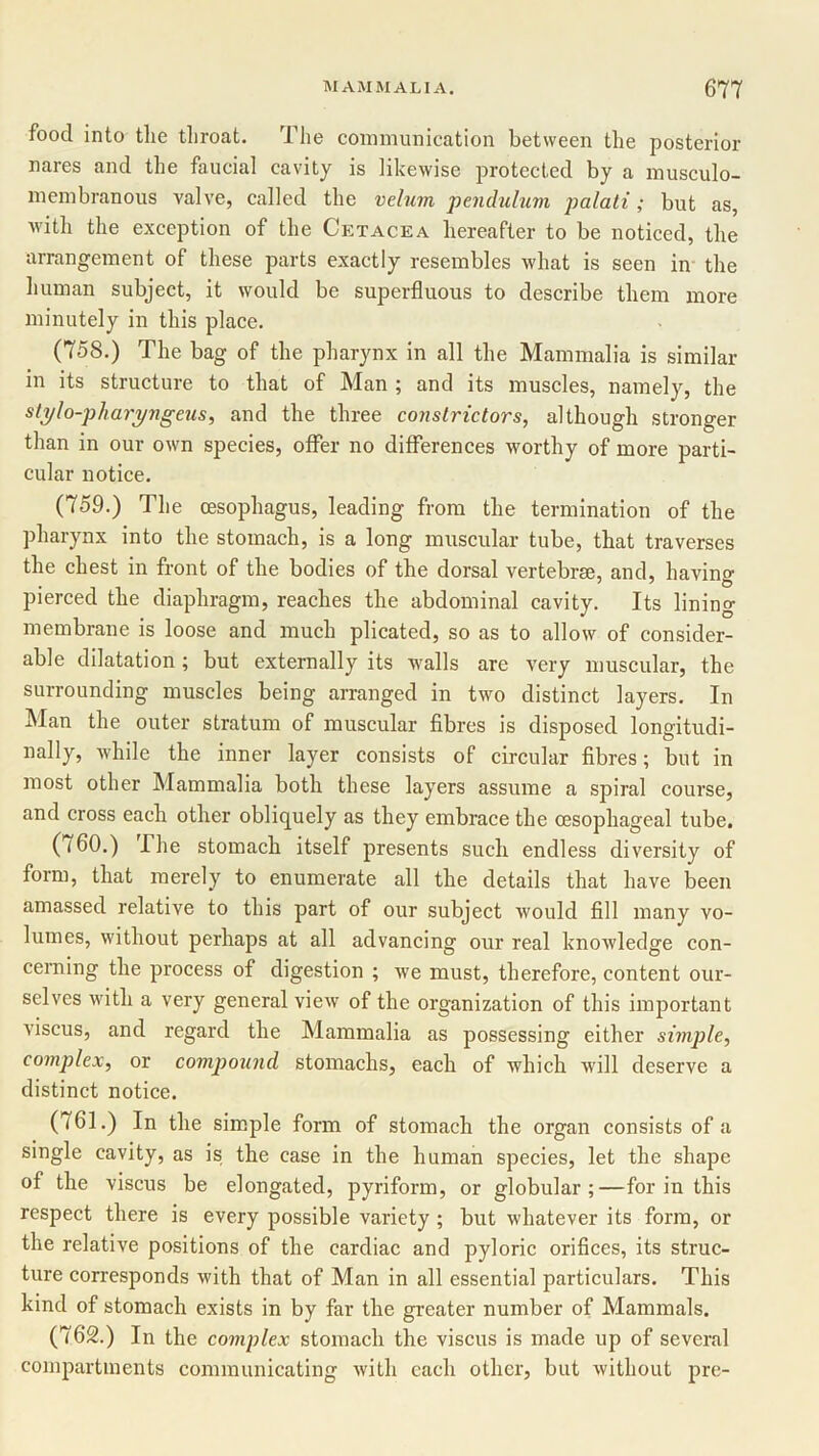food into the throat. The communication between the posterior nares and the faucial cavity is likewise protected by a musculo- membranous valve, called the velum pendulum palati; but as, with the exception of the Cetacea hereafter to be noticed, the arrangement of these parts exactly resembles what is seen in the human subject, it would be superfluous to describe them more minutely in this place. (758.) The bag of the pharynx in all the Mammalia is similar in its structure to that of Man ; and its muscles, namely, the stylo-pharyngeus, and the three constrictors, although stronger than in our own species, offer no differences worthy of more parti- cular notice. (759.) The oesophagus, leading from the termination of the pharynx into the stomach, is a long muscular tube, that traverses the chest in front of the bodies of the dorsal vertebrse, and, havino- pierced the diaphragm, reaches the abdominal cavity. Its lining membrane is loose and much plicated, so as to allow of consider- able dilatation ; but externally its walls are very muscular, the surrounding muscles being arranged in two distinct layers. In Man the outer stratum of muscular fibres is disposed longitudi- nally, while the inner layer consists of circular fibres; but in most other Mammalia both these layers assume a spiral course, and cross each other obliquely as they embrace the oesophageal tube. (160.) The stomach itself presents such endless diversity of form, that merely to enumerate all the details that have been amassed relative to this part of our subject would fill many vo- lumes, without perhaps at all advancing our real knowledge con- cerning the process of digestion ; we must, therefore, content our- selves with a very general view of the organization of this important viscus, and regard the Mammalia as possessing either simple, complex, or comjjound stomachs, each of which will deserve a distinct notice. (761.) In the simple form of stomach the organ consists of a single cavity, as is the case in the human species, let the shape of the viscus be elongated, pyriform, or globular;—for in this respect there is every possible variety ; but whatever its form, or the relative positions of the cardiac and pyloric orifices, its struc- ture corresponds with that of Man in all essential particulars. This kind of stomach exists in by far the greater number of Mammals. (762.) In the complex stomach the viscus is made up of several compartments communicating with each other, but without pre-