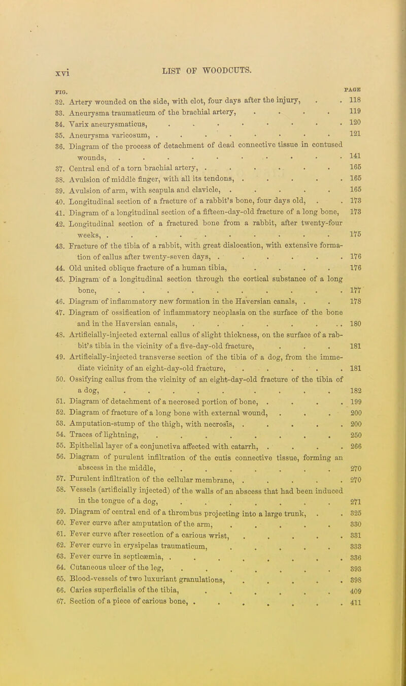 ma. 32. 83. 84. 35. 37. 38. 39. 40. 41. 42. 48. 44. 45. 46. 47. 48. 49. 50. 51. 52. 53. 54. 55. 56. 57. 58. 59. 60. 61. 62. 63. 64. 65. 66. 67. Artery wounded on the side, with clot, four days after the injury, Aneurysma traumaticura of the brachial artery, .... Varix aneurysmaticus, Aneurysma varicosum, Diagram of the process of detachment of dead connective tissue in contused wounds, Central end of a torn brachial artery, ...... Avulsion of middle finger, with aU its tendons, . . . . . Avulsion of arm, with scapula and clavicle, ..... Longitudinal section of a fracture of a rabbit's bone, four days old, . Diagram of a longitudinal section of a fifteen-day-old fracture of a long bone, Longitudinal section of a fractured bone from a rabbit, after twenty-four weeks, . . . . . Fracture of the tibia of a rabbit, with great dislocation, with extensive forma- tion of callus after twenty-seven days, ...... Old united oblique fracture of a human tibia, .... Diagram of a longitudinal section through the cortical substance of a long bone, .... Diagram of inflammatory new formation in the Haversian canals, . Diagram of ossification of inflammatory neoplasia on the surface of the bone and in the Haversian canals, . . . . . ... Artificially-injected external callus of slight thickness, on the surface of a rab- bit's tibia in the vicinity of a flve-day-old fracture. Artificially-injected transverse section of the tibia of a dog, from the imme- diate vicinity of an eight-day-old fracture, Ossifying callus from the vicinity of an eight-day-old fracture of the tibia of a dog, ... Diagram of detachment of a necrosed portion of bone, . . . . Diagram of fracture of a long bone with external wound, Amputation-stump of the thigh, with necrosis, ..... Traces of lightning, ........ Epithehal layer of a conjunctiva affected with catarrh, .... Diagram of purulent infiltration of the cutis connective tissue, forming an abscess in the middle, ....... Purulent infiltration of the cellular membrane, ..... Vessels (artificially injected) of the walls of an abscess that had been induced in the tongue of a dog. Diagram of central end of a thrombus projecting into Fever curve after amputation of the arm. Fever curve after resection of a carious wrist. Fever curve in erysipelas traumaticum, Fever curve in septiccemia, .... Cutaneous ulcer of the leg. Blood-vessels of two luxuriant granulations, Caries superflcialis of the tibia, Section of a piece of carious bone, . a largi trunk. PAGE 118 119 120 121 141 166 165 165 178 173 175 176 176 177 178 180 181 181 182 199 200 200 250 266 270 270 271 825 380 881 838 386 893 898 409 411