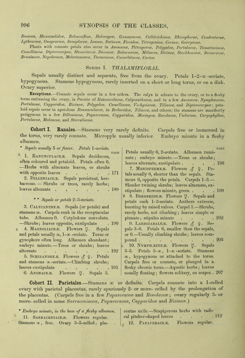 Bosacece, Hamamdidece, Balsamifluce, Haloragece, Gunner aces, Callitrichinece, Bhizophorece, Conibretacece, Lythrariece, Onagrariece, Samydacece, Loasece, Datiscece, Ficoidece, Tetragoniece, Cornea, Garryacece. Plants with connate petals also occur in Anonacete, Pittosporece, Polygalece, Portulacece, Tamariscinece, Camelliacece, Dipterocurpea-, Humiriaccce, Diosmea, Balsaminece, Meliacece, Uicinca, Stackhousiete, Droseraceee, Bruniacece, Napoleonece, Melastomacea, Turneraceee, Cucurbitacea, Cactece. Series I. THALAMIFLOBAL. Sepals usually distinct and separate, free from the ovary. Petals l-2-oo -seriate, hyP°gyn°us. Stamens liypogynous, rarely inserted on a short or long torus, or on a disk. Ovary superior. Exceptions.—Connate sepals occur in a few orders. The calyx is adnate to the ovary, or to a fleshy torus embracing the ovary, in Pteonia of Banunculcicece, Calycanthacea, and in a few Anonacece, Nymphaacea, Portulacece, Capparidcce, Bixinece, Polygalece, Camelliacece, Vochysiacece, Tiliacece, and Dipterocarpece; peta- loid sepals occur in apetalous Banunculacece, in Berberidece, Tiliacece, and others; the stamens are manifestly perigynous in a few Dilleniacece, Papaveracece, Capparidcce, Moringece, Besedacece, Violariece, Caryopliyllcce, Portidacece, Malvacece, and Sterculiacece. Cohort I. Ranales.—Stamens very rarely definite. Carpels free or immersed in the torus, very rarely connate. Micropyle albumen. * Sepals usually 5 or fewer. Petals 1 -seriate. PAGE 1. Ranunculace.e. Sepals deciduous, often coloured and petaloid. Petals often 0. —Herbs with alternate leaves, or shrubs with opposite leaves 171 2. Dilleniaceje. Sepals persistent, her- baceous. — Shrubs or trees, rarely herbs; leaves alternate 189 * * Sepals or petals 2-3-seriate. 3. Calycanxhe.e. Sepals (or petals) and stamens oo. Carpels sunk in the receptacular tube. Albumen 0. Cotyledons convolute. —Shrubs; leaves opposite, exstipulate . 190 X 4. Magnoliaceje. Flowers ^5. Sepals and petals usually go, l-oo -seriate. Torus or gynophore often long. Albumen abundant; embryo minute.—Trees or shrubs; leaves alternate ....... 192 5. Scuizandrece. Flowers $ £. Petals and stamens oo-seriate.—Climbing shrubs; leaves exstipulate 195 0. Anonacece. Flowers $. Sepals 3. isually inferior. Embryo minute in a fleshy PAGE Petals usually 6, 2-seriate. Albumen rumi- nate ; embryo minute.—Trees or shrubs; leaves alternate, exstipulate .... 196 7. MENisrERJiEiE. Flowers f $ . Pe- tals usually 6, shorter than the sepals. Sta- mens 6, opposite the petals. Carpels 1-3.— Slender twining shrubs; leaves alternate, ex- stipulate ; flowers minute, green . . . 199 % 8. Berberidece. Flowers £. Sepals and petals each 1-3-seriate. Anthers extrorse, bursting by raised valves. Carpel 1.—Shrubs, rarely herbs, not climbing ; leaves simple or pinnate; stipules minute .... 202 9. Lardizabalece. Flowers <f 5. Se- pals 3-6. Petals 6, smaller than the sepals, or 0.—Usually climbing shrubs; leaves com- pound 205 C 10. Nymphceinece. Flowers . Sepals 3-5. Petals 3-oo, l-oo -seriate. Stamens oo, hypogynous or attached to the torus. Carpels free or connate, or plunged in a fleshy obconic torus.—Aquatic herbs ; leaves usually floating; flowers solitary, on scapes . 207 Cohort II. Parietales.—Stamens oo or definite. Carpels connate into a 1-celled ovary with parietal placentas, rarely spuriously 2- or more- celled by the prolongation of the placentas. (Carpels free in a few Papaveracece and Besedacece ; ovary regularly 3- or more- celled in some Sarraceniacece, Papaveracece, Gapparidece and Bixinece.) * Embryo minute, in the base of a fleshy albumen. 11. Sarraceniacej:. Flowers regular. Stamens qo , free. Ovary 3-5-celled; pla- centas axile.—Scapigerous herbs with radi- cal pitcher-shaped leaves .... 212 12. Papaveracece. Flowers regular.