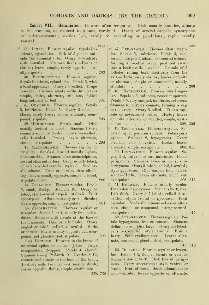 Cohort VII. Geraniales.—Flowers often irregular. Disk usually annular, adnate to the stamens, or reduced to glands, rarely 0. Ovary of several carpels, syncarpous or subapocarpous ; ovules 1-2, rarely oc, ascending or pendulous ; raphe usually ventral. x .39. Line.®. Flowers regular. Sepals Im- bricate, eglandular. Disk of 5 glands out- side the staminal tube. Ovary 3-5-celled; cells 2-ovuled. Albumen fleshy.—Herbs or shrubs; leaves simple, rarely opposite, usu- ally stipulate 293 40. Erythroxyee.e. Flowers regular. Sepals imbricate, eglandular. Petals 5, with a basal appendage. Ovary 2-3-celled. Drupe 1-seeded; albumen scanty.—Shrubs; leaves simple, entire, alternate, stipulate, folded longitudinally in bud ..... 294 iC 41. OxALiDEJi. Flowers regular. Sepals 5, imbricate. Petals 5. Ovary 5-celled.— Herbs, rarely trees; leaves alternate, com- pound, stipulate ...... 290 42. IIumiriace.e. Sepals small. Disk usually toothed or lobed. Stamens 10-; connective conical, fleshy. Ovary 5-7-celled; cells 1-ovuled. — Trees; leaves alternate, simple, exstipulate ..... 298 43. Malpighiaceje. Flowers regular or irregular. Sepals 5, 2 or all usually 2-glan- dul.ar outside. Stamens often monadelphous, several often antherless. Ovary usually lobed, of 2-3 1-ovuled carpels; styles 3. Seed ex- albuminous.—Trees or shrubs, often climb- ing ; leaves usually opposite, simple or lobed, stipulate or not 299 44. Cortarie.®. Flowers regular. Petals 5, small, fleshy. Stamens 10. Ovary 5- lobed, of 5 1-ovuled carpels ; styles 5. Fruit apocarpous. Albumen scanty or 0.— Shrubs; leaves opposite, simple, exstipulate . . 301 45. Ztgophtlle.e. Flowers regular or irregular. Sepals 5, or 4, usually free, eglan- dular. Stamens with a scale at the base of the filaments. Disk usually fleshy. Ovary angled or lobed; cells 2-oo-ovuled.—Herbs or shrubs; leaves usually opposite and com- pound, not gland-dotted, stipulate . . 303 P 46. Batide.e. Flowers in the bracts of unisexual spikes or cones.— free. Calyx campanulate, 2-lippcd. Petals 4, clawed. Stamens 4.— $ Perianth 0. Ovaries 8-12, connate and adnate to the base of the bract, 4-celled; cells 1-ovuled.—A seaside shrub; leaves opposite, fleshy, simple, exstipulate. 305, 738 PAGB /. 47, GeranIace^e. Flowers often irregu- lar. Sepals 5, imbricate. Petals 5, con- torted. Carpels 5, adnate to a central column, forming a 5-celled ovary, produced above into a beak;-cells 2-ovuled. Capsule of 5 follicles, rolling back elastically from the axis.—Herbs, rarely shrubs; leaves opposite or alternate, simple or compound, usually stipulate ....... 305 X 48. Balsaminejs. Flowers very irregu- lar. Sepals 3-5, caducous, posterior spurred. Petals 3-5, very unequal, imbricate, caducous. Stamens 5; anthers connate, forming a cap to the ovary. Ovary 5-celled. Fruit a cap- sule or indekiscent drupe.-—Herbs; leaves opposite alternate or whorled, simple, exsti- pulate 308, 309 49. Trop.eole.e. Flowers irregular. Se- pals unequal, posterior spurred. Petals peri- gynous. Stamens 8, hypogynous. Ovary 3-celled; cells 1-ovuled. — Herbs; leaves alternate, simple, exstipulate . . 308, 311 50. Limnanthe.e Flowers regular. Se- pals 3-5, valvate or sub-imbricate. Petals perigvnous. Stamens twice as many, sub- perigynous. Ovary 5-lobed; cells 5,1-ovuled ; style gynobasic. Ripe carpels free, indebi- sc.ent.—Herbs; leaves alternate, much cut, exstipulate 308, 313 51. Rutaceje. Flowers usually regular. Petals 4-5, hypogynous. Stamens 8-10, free. Disk thick. Ovary 3-5-lobed ; cells 2-4-ao - ovuled; styles lateral or gynobasic. Fruit capsular. Seeds albuminous.—Leaves alter- nate, simple or compound, strong-scented, exstipulate . . '. . . . .315 52. Atjrantiacuje. Flowers regular. Pe- tals hypogynous, free or connate. Stamens definite or oo. Disk large. Ovary not lobed; cells l-x>-ovuled; style terminal. Fruit a berry. Seeds exalbuminous. — Leaves alter- nate, compound, gland-dotted, exstipulate. 315, 318 53. Dtosme-E. Flowers regular or irregu- lar. Petals 4-5, free, imbricate or valvate. Stamens 4-5 or 8-10. Disk free or perigy- nous. Ovary apocarpous; style ventral or basal. Fruit of cocci. Seeds albuminous or not.—Shrubs; leaves opposite or alternate,