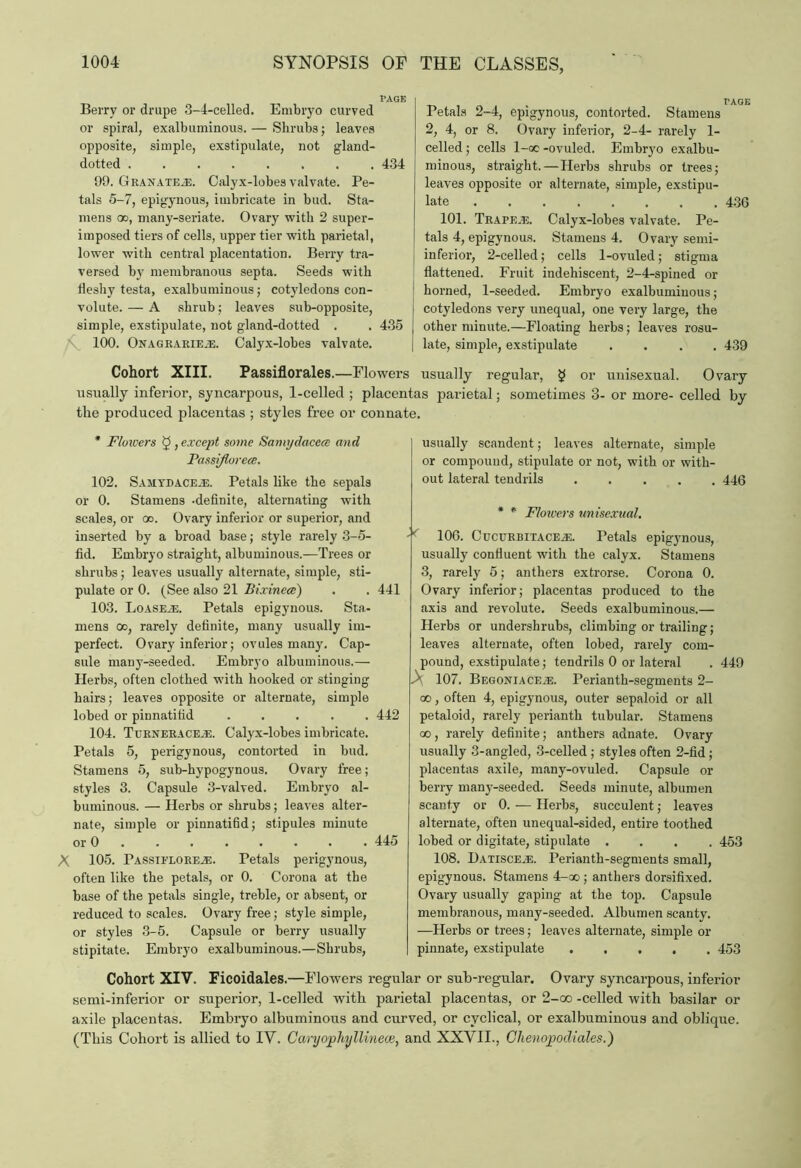 PAGE Berry or drupe 3-4-celled. Embryo curved or spiral, exalbuminous.— Shrubs ; leaves opposite, simple, exstipulate, not gland- dotted 434 99. Granate.e. Calyx-lobes valvate. Pe- tals 5-7, epigynous, imbricate in bud. Sta- mens od, many-seriate. Ovary with 2 super- imposed tiers of cells, upper tier with parietal, lower with central placentation. Berry tra- versed by membranous septa. Seeds with fleshy testa, exalbuminous; cotyledons con- volute. — A shrub; leaves sub-opposite, simple, exstipulate, not gland-dotted . . 435 100. Onagrarie.e. Calyx-lobes valvate. Petals 2-4, epigynous, contorted. Stamens 2, 4, or 8. Ovary inferior, 2-4- rarely 1- celled; cells 1-x -ovuled. Embryo exalbu- minous, straight. — Herbs shrubs or trees; leaves opposite or alternate, simple, exstipu- late 436 101. Trapeze. Calyx-lobes valvate. Pe- tals 4, epigynous. Stamens 4. Ovary semi- ! inferior, 2-celled; cells 1-ovuled; stigma ; flattened. Fruit indehiscent, 2-4-spined or horned, 1-seeded. Embryo exalbuminous; cotyledons very unequal, one very large, the other minute.—Floating herbs; leaves rosu- late, simple, exstipulate .... 439 Cohort XIII. Passiflorales.—Flowers usually regular, § or unisexual. Ovary usually inferior, syncarpous, 1-celled ; placentas parietal; sometimes 3- or more- celled by the produced placentas ; styles free or connate. * Floivers 5, except some Samydacece and Passijtorece. 102. Samydacece. Petals like the sepals or 0. Stamens -definite, alternating with scales, or 00. Ovary inferior or superior, and inserted by a broad base; style rarely 3-5- fid. Embryo straight, albuminous.—Trees or shrubs; leaves usually alternate, simple, sti- pulate or 0. (See also 21 Bixineai) . . 441 103. Loasece. Petals epigynous. Sta- mens 00, rarely definite, many usually im- perfect. Ovary inferior; ovules many. Cap- sule many-seeded. Embryo albuminous.— Herbs, often clothed with hooked or stinging hairs; leaves opposite or alternate, simple lobed or pinnatifid 442 104. Turxerace.e. Calyx-lobes imbricate. Petals 5, perigynous, contorted in bud. Stamens 5, sub-hypogynous. Ovary free; styles 3. Capsule 3-valved. Embryo al- buminous. — Herbs or shrubs; leaves alter- nate, simple or pinnatifid; stipules minute or 0 . . . . . . • 445 X. 105. Passielorece. Petals perigynous, often like the petals, or 0. Corona at the base of the petals single, treble, or absent, or reduced to scales. Ovary free; style simple, or styles 3-5. Capsule or berry usually stipitate. Embryo exalbuminous.—Shrubs, usually scandent; leaves alternate, simple or compound, stipulate or not, with or with- out lateral tendrils ..... 446 * * Flowers unisexual. 106. Cucdrbitacejd. Petals epigynous, usually confluent with the calyx. Stamens 3, rarely 5; anthers extrorse. Corona 0. Ovary inferior; placentas produced to the axis and revolute. Seeds exalbuminous.— Herbs or undershrubs, climbing or trailing; leaves alternate, often lobed, rarely com- pound, exstipulate; tendrils 0 or lateral . 449 A 107. Begonia cece. Perianth-segments 2- oo, often 4, epigynous, outer sepaloid or all petaloid, rarely perianth tubular. Stamens 00 , rarely definite; anthers adnate. Ovary usually 3-angled, 3-celled ; styles often 2-fid; placentas axile, many-ovuled. Capsule or berry many-seeded. Seeds minute, albumen scanty or 0. — Herbs, succulent; leaves alternate, often unequal-sided, entire toothed lobed or digitate, stipulate .... 453 108. Batisce.e. Perianth-segments small, epigynous. Stamens 4-ao ; anthers dorsifixed. Ovary usually gaping at the top. Capsule membranous, many-seeded. Albumen scanty. —Herbs or trees; leaves alternate, simple or pinnate, exstipulate 453 Cohort XIV. Eicoidales.—Flowers regular or sub-regular. Ovary syncarpous, inferior semi-inferior or superior, 1-celled with parietal placentas, or 2-oo -celled with basilar or axile placentas. Embryo albuminous and curved, or cyclical, or exalbuminous and oblique. (This Cohort is allied to IV. Garyophyllinece, and XXVII., Chenopocliales.)