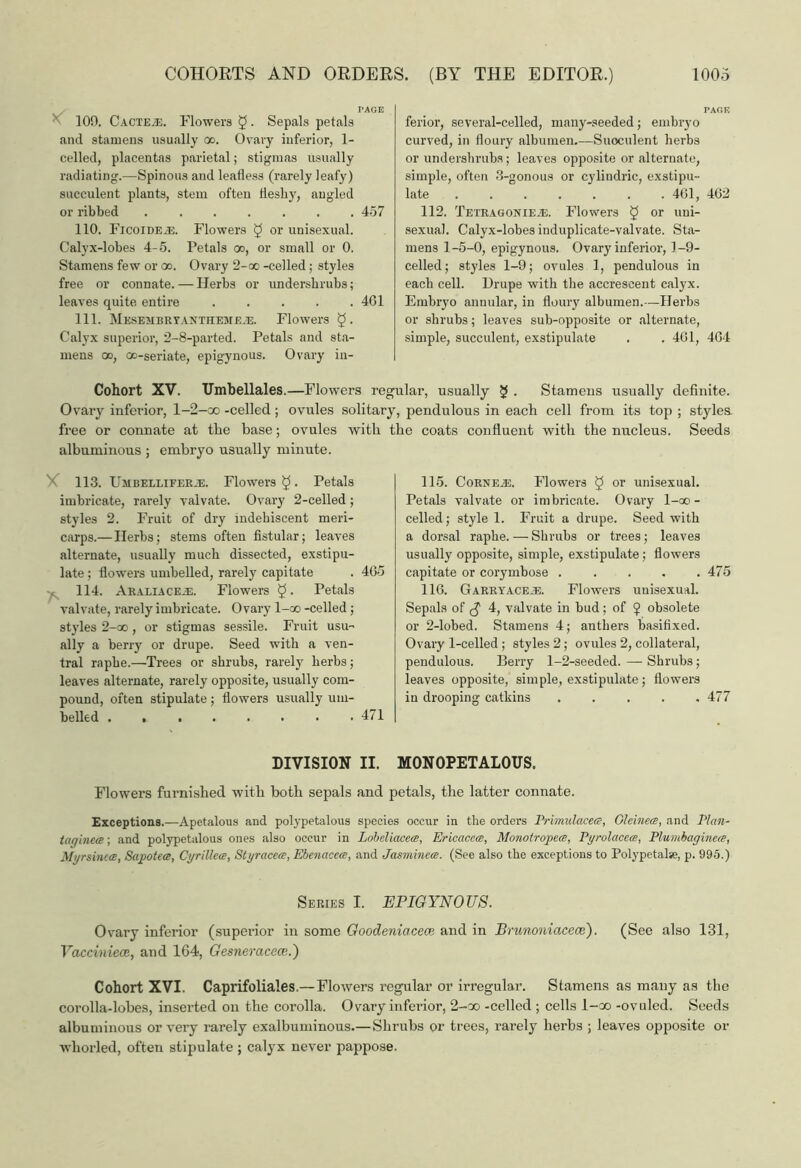 .PAGE 109. Cacte^e. Flowers 5 • Sepals petals and stamens usually oo. Ovary inferior, 1- celled, placentas parietal; stigmas usually radiating.—Spinous and leafless (rarely leafy) succulent plants, stem often fleshy, angled or ribbed 457 110. Ficoidejj. Flowers § or unisexual. Calyx-lobes 4-5. Petals oo, or small or 0. Stamens few or oo. Ovary 2-oo -celled; styles free or connate. — Herbs or undershrubs; leaves quite entire ..... 4G1 111. Mesembryantheme.e. Flowers §. Calyx superior, 2-8-parted. Petals and sta- mens oo, oo-seriate, epigynous. Ovary in- ferior, several-celled, many-seeded; embryo curved, in floury albumen.—Succulent herbs or undershrubs; leaves opposite or alternate, simple, often 3-gonous or cylindric, exstipu- late 4G1, 4G2 112. TETRAGONiEiE. Flowers 5 or ur,i sexual. Calyx-lobes induplicate-valvate. Sta- mens 1-5-0, epigynous. Ovary inferior, 1-9- celled; styles 1-9; ovules 1, pendulous in each cell. Drupe with the accrescent calyx. Embryo anuular, in floury albumen.—Herbs or shrubs; leaves sub-opposite or alternate, simple, succulent, exstipulate . . 4G1, 4G4 Cohort XV. TJmbellales.—Flowers regular, usually 5 • Stameus usually definite. Ovary inferior, l-2-oo -celled; ovules solitary, pendulous in each cell from its top ; styles free or connate at the base; ovules with the coats confluent with the nucleus. Seeds albuminous ; embryo usually minute. 113. Uhbeleifer.e. Flowers ^ • Petals imbricate, rarely valvate. Ovary 2-celled; styles 2. Fruit of dry indehiscent meri- carps.— Herbs; stems often fistular; leaves alternate, usually much dissected, exstipu- late ; flowers umbelled, rarely capitate . 4G5 114. Araliace.e. Flowers $. Petals valvate, rarely imbricate. Ovary l-oo -celled ; styles 2-co, or stigmas sessile. Fruit usu- ally a berry or drupe. Seed with a ven- tral raphe.—Trees or shrubs, rarely herbs; leaves alternate, rarely opposite, usually com- pound, often stipulate; flowers usually um- belled 471 115. Corner. Flowers g or unisexual. Petals valvate or imbricate. Ovary l-oo- celled; style 1. Fruit a drupe. Seed with a dorsal raphe. — Shrubs or trees; leaves usually opposite, simple, exstipulate; flowers capitate or corymbose . . . . .475 116. Garryaceje. Flowers unisexual. Sepals of $ 4, valvate in bud; of $ obsolete or 2-lobed. Stamens 4; anthers basifixed. Ovary 1-celled ; styles 2; ovules 2, collateral, pendulous. Berry 1-2-seeded. — Shrubs; leaves opposite, simple, exstipulate; flowers in drooping catkins ..... 477 DIVISION II. MONOPETALOUS. Flowers furnished with both sepals and petals, the latter connate. Exceptions.—Apetalous and polypetalous species occur in the orders Vrirnulacea-, Glcinece, and Plan- taginece; and polypetalous ones also occur in Loheliacea, Erieacete, Monotropecs, Pyrolacca, Plumbaginea, Myrsinece, Sapotea, Cyrillece, Styraccis, Ebenacea, and Jasmincte. (See also the exceptions to Polypetalse, p. 995.) Series I. EPIGYNOUS. Ovary inferior (superior in some Goodeniacece and in Brunoniacece). (See also 131, Vacciniecu, and 164, Gesneracece.') Cohort XVI. Caprifoliales.—Flowers regular or irregular. Stamens as many as the corolla-lobes, inserted on the corolla. Ovary inferior, 2-oo -celled ; cells 1-co -ovuled. Seeds albuminous or vei’y rarely exalbuminous.—Shrubs or trees, rarely herbs ; leaves opposite or whorled, often stipulate; calyx never pappose.