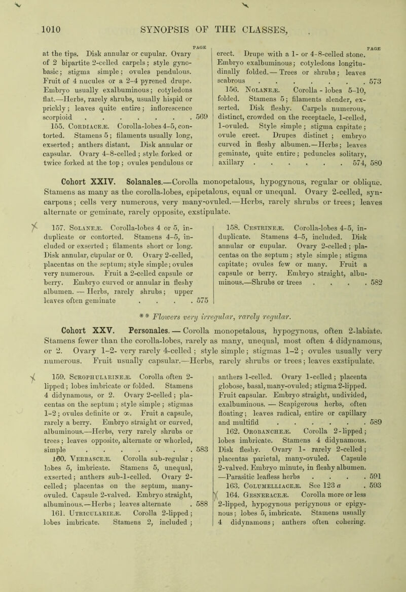 at the tips. Dish annular or cupular. Ovary of 2 bipartite 2-celled carpels; style gyno- basic; stigma simple; ovules pendulous. Fruit of 4 nucules or a 2-4 pyrened drupe. Embryo usually exalbuminous; cotyledons flat.—Herbs, rarely shrubs, usually hispid or prickly; leaves quite entire; inflorescence scorpioid ....... 569 155. Cordiaceje. Corolla-lobes 4-5, con- torted. Stamens 5 ; filaments usually long, exserted; anthers distant. Disk annular or capsular. Ovary 4-8-celled ; style, forked or twice forked at the top ; ovules pendulous or erect. Drupe with a 1- or 4-8-celled stone. Embryo exalbuminous; cotyledons longitu- dinally folded. — Trees or shrubs; leaves scabrous , . 573 156. Nolaneae. Corolla - lobes 5-10, folded. Stamens 5; filaments slender, ex- serted. Disk fleshy. Carpels numerous, distinct, crowded on the receptacle, 1-celled, 1-ovuled. Style simple ; stigma capitate ; ovule erect. Drupes distinct ; embryo curved in fleshy albumen.—Herbs; leaves geminate, quite entire; peduncles solitary, axillary 574, 580 Cohort XXIV. Solanales.—Corolla monopetalous, liypogynous, regular or oblique. Stamens as many as the corolla-lobes, epipetalous, equal or unequal. Ovary 2-celled, syn- cai’pous; cells very numerous, very many-ovuled.—Herbs, rarely shrubs or trees; leaves alternate or geminate, rarely opposite, exstipulate. 157. SoLANEaD. Corolla-lobes 4 or 5, in- duplicate or contorted. Stamens 4-5, in- cluded or exserted ; filaments short or long. Disk annular, cupular or 0. Ovary 2-celled, placentas on the septum; style simple; ovules very numerous. Fruit a 2-celled capsule or berry. Embryo curved or annular in fleshy albumen. — Herbs, rarely shrubs; upper leaves often geminate .... 575 158. Cestrine.e. Corolla-lobes 4-5, in- duplicate. Stamens 4-5, included. Disk annular or cupular. Ovary 2-celled ; pla- centas on the septum ; style simple; stigma capitate; ovules few or many. Fruit a capsule or berry. Embryo straight, albu- minous.—Shrubs or trees .... 582 * * Flowers very irregular, rarely regular. Cohort XXV. Personates. — Corolla monopetalous, liypogynous, often 2-labiate. Stamens fewer than the corolla-lobes, rarely as many, unequal, most often 4 didynamous, or 2. Ovary 1-2-veiy rarely 4-celled ; style simple; stigmas 1-2; ovules usually very numerous. Fruit usually capsular.—Herbs, rarely shrubs or trees; leaves exstipulate. 159. ScROPnuLAR 1 ne.e. Corolla often 2- lipped; lobes imbricate or folded. Stamens 4 didynamous, or 2. Ovary 2-celled ; pla- centas on the septum ; style simple ; stigmas 1-2 ; ovules definite or 00. Fruit a capsule, rarely a berry. Embryo straight or curved, albuminous.—Herbs, very rarely shrubs or trees; leaves opposite, alternate or whorled, simple 583 160. Verbasce^s. Corolla sub-regular ; lobes 5, imbricate. Stamens 5, unequal, exserted; anthers sub-l-celled. Ovary 2- celled; placentas on the septum, many- ovuled. Capsule 2-valved. Embryo straight, albuminous.—Herbs ; leaves alternate . 588 161. Utricclaries. Corolla 2-lipped; lobes imbricate. Stamens 2, included ; anthers 1-celled. Ovary 1-celled ; placenta globose, basal, many-ovuled; stigma 2-lipped. Fruit capsular. Embryo straight, undivided, exalbuminous. — Scapigerous herbs, often floating; leaves radical, entire or capillary and multifid ...... 589 162. Orobanche^i. Corolla 2-lipped; lobes imbricate. Stamens 4 didynamous. Disk fleshy. Ovary 1- rarely 2-celled; placentas parietal, many-ovuled. Capsule 2-valved. Embryo minute, in fleshy albumen. —Parasitic leafless herbs .... 591 163. Coltjmelliaceje. See 123 a . 593 164. Gesxeraceje. Corolla more or less 2-lipped, liypogynous perigynous or epigy- nous; lobes 5, imbricate. Stamens usually 4 didynamous; anthers often cohering.