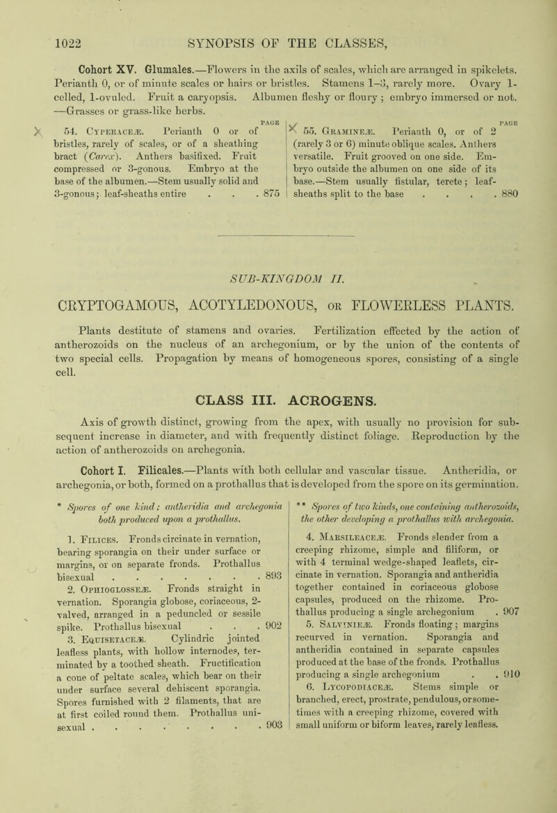 Cohort XV. Glumales.—Flowers m tlio axils of scales, wlncli are arranged in spikelets. Perianth 0, or of minute scales or hairs or bristles. Stamens 1—0, rarely more. 0vary 1- celled, 1-ovuled. Fruit a cai’yopsis. Albumen fleshy or floury ; embryo immersed or not. —Grasses or grass-like herbs. PAGE 54. CYi’ERACEiE. Perianth 0 or of bristles, rarely of scales, or of a sheathing bract (Carr.v). Anthers basifixed. Fruit compressed or 3-gonous. Embryo at the base of the albumen.—Stem usually solid and 3-gonous; leaf-sheaths entire . . .875 -y PAGE y 55. Gramine.*. Perianth 0, or of 2 (rarely 3 or 6) minute oblique scales. Anthers versatile. Fruit grooved on one side. Em- bryo outside the albumen on one side of its base.—Stem usually fistular, terete ; leaf- sheaths split to the base .... 880 SUB-KINGDOM II. CEYPTOGAMOUS, ACOTYLEDONOUS, ok FLOWEELESS PLANTS. Plants destitute of stamens and ovaries. Fertilization effected by the action of antherozoids on the nucleus of an archegonium, or by the union of the contents of two special cells. Propagation by means of homogeneous spores, consisting of a single cell. CLASS III. ACROGENS. Axis of growth distinct, growing from the apex, with usually no provision for sub- sequent increase in diameter, and with frequently distinct foliage. Reproduction by the action of antherozoids on archegonia. Cohort I. Filicales.—Plants with both cellular and vascular tissue. Antheridia, or archegonia, or both, formed on a protliallus that is developed from the spore on its germination. * Spores of one kind; antheridia and archegonia both produced upon a prothallus. 1. Filices. Fronds circinate in vernation, bearing sporangia on their under surface or margins, or on separate fronds. Prothallus bisexual ....... 893 2. OrniOGLOSSEiE. Fronds straight in vernation. Sporangia globose, coriaceous, 2- valved, arranged in a peduncled or sessile spike. Prothallus bisexual . . . 902 3. Equisetace^e. Cylindric jointed leafless plants, with hollow internodes, ter- minated by a toothed sheath. Fructification a cone of peltate scales, which bear on their under surface several dehiscent sporangia. Spores furnished with 2 filaments, that are at first coiled round them. Prothallus uni- sexual ....•••• 903 *# Spores of tivo kinds, one containing antherozoids, the other developing a prothallus with archegonia. 4. Marsileaceje. Fronds slender from a creeping rhizome, simple and filiform, or with 4 terminal wedge-shaped leaflets, cir- cinate in vernation. Sporangia and antheridia together contained in coriaceous globose capsules, produced on the rhizome. Pro- thallus producing a single archegonium . 907 5. Salvinie.r. Fronds floating ; margins recurved in vernation. Sporangia and antheridia contained in separate capsules produced at the base of the fronds. Prothallus producing a single archegonium . . 910 6. Lycopodiace.e. Stems simple or branched, erect, prostrate, pendulous, or some- times with a creeping rhizome, covered with small uniform or biform leaves, rarely leafless.