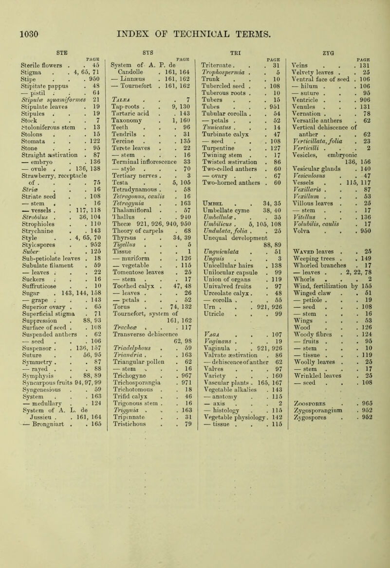STE PAGE Sterile flowers . . 45 Stigma . . t, 65, 71 Stipe . 950 Stipitate pappus . 48 — pistil . 64 Stipules squami,formes 21 Stipulate leaves . 19 Stipules . 19 Stock . 7 Stoloniferous stem . 13 Stolons . 15 Stomata . 122 Stone . 95 Straight aestivation . 87 — embryo . 136 — ovule . . 136, 138 Strawberry, receptacle of . . 75 Strife . 16 Striate seed . 108 — stem . . 16 — vessels . 117, 118 Strobilus . 36, 104 Strophioles . 110 Strychnine . 143 Style 4, 65, 70 Stylcspores . 952 Suber . 125 Sub-petiolate leaves . 18 Subulate filament . 59 — leaves . . 22 Suckers . 16 Suffruticose . 10 Sugar . 143, 144, 158 — grape . . 143 Superior ovary . . 65 Superficial stigma . 71 Suppression 88, 93 Surface of seed . . 108 Suspended anthers . 62 — seed . 106 Suspensor . 136, 157 Suture 56, 95 Symmetry . . 87 — rayed . . 88 Symphysis 88, 89 Syncarpous fruits 94,97, 99 Syngenesious . 59 System . 163 — medullary . 124 System of A. L de Jussieu . 161, 164 — Brongniart . . 165 SYS PAGE System of A. P de Candolle 161, 164 — Linnaeus 161, 162 — Tournefort . 161, 162 Tale a . 7 Tap-roots . 9, 130 Tartaric acid . 143 Taxonomy 1, 160 Teeth . 96 Tendrils . . 31 Tercine . 135 Terete leaves . 22 — stem . 16 Terminal inflorescence 33 — style . 70 Tertiary nerves . . 3 Testa 5, 105 Tetradynamous . . 58 Tetragonus, caulis . 16 Tetragynia . 163 Thalamifloral . 57 Thallus . 940 Thecae 921, 926, 940, 950 Theory of carpels . 68 Thyrsus 34, 39 Tigellits . 5 Tissue . . 1 — muriform . . 126 — vegetable . 115 Tomentose leaves . 25 — stem . 17 Toothed calyx . 47, 48 — leaves . . 26 — petals . . 52 Torus 74, 132 Tournefort, system of 161, 162 Trachece , . 117 Transverse dehiscence 62, 98 Triadelphous . . 59 Triandria . . . 163 Triangular pollen . 62 — stem . 16 Trichogyne Trichosporangia . 967 . 971 Trichotomous . 18 Trifid calyx . 46 Trigonous stem . . 16 Trigyria . . 163 Tripinnate . 31 Tristichous . 79 TRI PAGE Triternate . . 31 Trophospermia . . 5 Trunk . 10 Tubercied seed . . 108 Tuberous roots . . 10 Tubers . 15 Tubes . 951 Tubular corolla . . 54 — petals . . . 52 Tunicalus . . 14 Turbinate calyx . 47 — seed . 108 Turpentine . 127 Twining stem . 17 Twisted aestivation . 86 Two-celled anthers . 60 — ovary . . 67 Two-horned anthers . 60 Umbel 34, 35 Umbellate cyme 38, 40 Umbellulce. . 35 Umbilicus . 5, 105, 108 Undidata, folia . . 25 Unequal development 88, 89 Unguiculata . 51 Unguis . 3 Unicellular hairs . 138 Unilocular capsule . 99 Union of organs . 119 Univalved fruits . 97 Urceolate calyx. . 48 — corolla . . 55 Urn . . .921, 926 Utricle . 99 Vaga . 107 Vaginans . . 19 vaginula . . 921, 926 Valvate aestivation . 86 — dehiscence of anther 62 Valves . 97 Variety . 160 Vascular plants . 165, 167 Vegetable alkalies . 143 — anatomy . 115 — axis . 2 — histology . 115 Vegetable physiology. 142 — tissue . . 115 ZYG PAGE Veins . . .131 Velvety leaves . . 25 Ventral face of seed . 106 — hilum . . .106 — suture . . .95 Ventricle . . .906 Venules . . . 131 Vernation . . .78 Versatile anthers . 62 Vertical dehiscence of anther . . .62 Vtrticillata, folia . 23 Verticilli ... 2 Vesicles, embryonic 136, 156 Vesicular glands . 140 Vesiculosus . .47 Vessels . . 115, 117 Vexillaris . . .87 Vexillum . . .53 Villous leaves . . 25 — stem . . .17 Vitcllus . . .136 Volubilis, caulis . 17 Volva . . . 950 Waved leaves . . 25 Weeping trees . .149 Whorled branches . 17 — leaves . . 2, 22, 78 Whorls ... 2 Wind, fertilization by 155 Winged claw . .51 — petiole . . .19 — seed . . .108 — stem . . .16 Wings . . .53 Wood . . .126 Woody fibres . .124 — fruits . . .95 — stem . . .10 — tissue . . .119 Woolly leaves . . 25 — stem .. . .17 Wrinkled leaves . 25 — seed . . . 108 Zoospores . . 965 Zygosporangium . 952 Zygospores . . 952