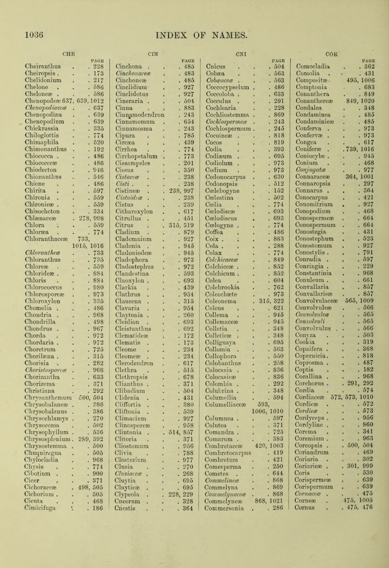 CHK CIN PAGE PAGE Cheiranthus . 228 Cinchona . . 485 Cheiropsis . . 173 Cinchonacece . 483 Chelidonium . 217 Cinchonese . 485 Chelone . 586 Cinelidium . 927 Cheloneae . . 686 Cinclidotus . 927 Chenopodere 637, 639,1012 Cineraria . . 504 Chmopodiacca . . 637 Cinna . 883 Chenopodina . 639 Cinnamodendron . 243 Chenopodium . 639 Cinnamomum . 654 Chickrassia . 335 Cinnamosma . 243 Chiloglottis . 774 Cipura . 785 Chimaphila . 520 Circsea . 439 Chimonanthus . . 192 Cirrhea . 774 Chiococea . . 486 Cirrhopetalum . 773 Chiococcese . 486 Cissampelos . 201 Chiodecton . 946 Cissus . 350 Chionantlius . 546 Cistacccs . 238 Chione . 486 Cisti . . 238 Chirita . 597 Cistineae . 238, 997 Chironia . . 559 Cistoidice . . 238 Chironieae . . 559 Cistus . 239 Chisocheton . 334 Citharexylon . 617 Chleenacese 278, 998 Citrullus . . 451 Chlora . 569 Citrus 315, 319 Chlorsea . 774 Cladium . 879 Chloranthaceae 733, Cladomnium . 927 1016, 1016 Cladonia . . 945 Chlnranthea . 733 Cladoniodese . 945 Chloranthus . 735 Cladophora . 973 Cliloreae . 559 Cladostephus . 972 Chloridese . . 884 Clandestina . 593 Chloris . 884 Claoxylon . . 693 Chlorococcus . 980 Clarkia . 439 Chlorosporeae . 973 Clathrus . . 954 Chlcroxylon . 335 Clausena . . 315 Chomelia . . 486 Clavaria . 954 Chondria . . 968 Claytonia . . 260 Chondrilla . 498 Cleidion . 693 Chondrus . . 967 Cleistanthus . 692 Chorda . 972 Clematideae . 172 Chordaria . . 972 Clematis . . 173 Choretrum . 725 Cleome . 234 Chorilsena . . 315 Cieomese . . 234 Chorisia . 282 Clerodendron . 617 Choristosporcee . . 966 Clethra . 515 Chorizantha . 633 Clethropsis . 678 Chorizema . 371 Clianthus . . 371 Christiana . 292 Clibadium . 504 Chrysanthemum 500, 504 Clidenia . 431 Chrysobalanese . . 386 Cliffortia . . 380 Chrysobalanus . . 386 Cliftonia . . 539 Chrysochlamys . . 270 Climacium . 927 Chrysocom-a . 502 Clinosporese . 958 Chrysophyllnm . . 536 Clintonia . 514, 857 Chrysosplenium. 3S9, 392 Clitoria . 371 Chrysostemma . . 500 Cliostomum . 956 Chuquiragua . 505 Olivia . 788 Chyloeladia . 968 Closterium . 977 Chysis . 774 Clusia . 270 Cibotium . . 900 Clusiaccos . . 268 Cicer . 371 Cluytia . 695 Cichoraeeae 498, 505 Cluytieae . . 695 Cichorium . . 505 Clypeola . 228, 229 Cicuta . 468 Cneorum . . 328 Cimicifuga . 186 Chestis . 364 CNI PAGE COK PAGE Cnicus . 504 Comocladia . 362 Cobaea . 563 Comolia . . 431 CobaiacecB . . 563 Composite 495, 1006 Coccocypselum . 486 Comptonia . 683 Coceoloba . . 633 Conanthera . 849 Coeculus . . 201 Conanthereae 849, 1020 Cochlearia . 228 Condalea . . 348 Cochliostemma . 869 Condaminea . 485 Cochlospermece . 243 Condaminieae . 485 Cochlospermum . . 245 Conferva . . 973 Cocoineae . . 818 Confervae . . 973 Cocos ; . 819 Congea . 617 Codia . 393 Coniferse . .739, 1016 Codiaeum . . 695 Coniocybe . . 945 Codiolum . . 973 Conium . 468 Codium . 973 Conjugates . 977 Codonocarpus . 630 Connaracese 364, 1001 Codonopsis . 512 Connaropsis . 297 Coelebogyne . 152 Connarus . . . 364 Ccelestina . 502 Conocarpus . 421 Ccelia . 774 Conomitrium . . 927 Ccelodiscae . 693 Conopodium . 468 Ccelodiscus . . 693 Conospermeae . 664 Ccelogyne . . 774 Conospermum . 664 Coffea . 486 Conostegia . 431 Coix . . 883 Conostephum . 523 Cola . . 288 Conostomum . . 927 Colax . 774 Conostylis . . 791 ColchicacecB . 849 Conradia . . . 597 Colchiceae . . 852 Conringia . . 229 Colehicum . . 852 Constantinia . 968 Colea . 604 Conuleum . . 661 Colebrookia . 762 Convallaria . 857 Coleochaete . 973 Convallarieaj . 857 Coleonema . 315, 322 Convolvulaeeae 565, 1009 Coleus . 621 Convolvuleae . 566 Collema . 945 ConvolvulecB . 565 Collemaceae . 945 Convolvuli . 565 Colletia . 348 Convolvulus . . 566 Colletiese . . 348 Convza . 503 Colliguaya . 695 Cookia . 319 Collomia . . 563 Copaifera . . 368 Collophora . 550 Copernicia. . 818 Colobanthus . 258 Coprosma , . . 487 Colocasia . . 836 Coptis . 182 Colocasieae . 836 Corallina . . 968 Colombia . . 292 Corehorus . . 291, 292 Colubrina . . 348 Cordia . 574 Colnmellia . 594 Cordiaceae 572, 573, 1010 Columelliaceae 593, Cordieae . 572 1006, 1010 Cordic<B . 573 Columnea . . 597 Cordyceps . . 956 Colutea . 371 Cordyline . . 860 Comandra . . 725 Corema . 341 Comarum . . 383 Coremitim . . 963 Combretaccse 420, 1003 Coreopsis . . 500, 504 Combretocarpus . 419 Coriandrum . 469 Combretum . 421 Coriaria . 302 Comesperma . 250 Coriariese . . 301, 999 Cometes . 644 Coris . 530 Commdincce . 868 Corispermese . 639 Commelyna . 869 Corispermum . 639 Commelynacece . 868 Cornactee . . 475 Commelyneoe 868, 1021 Cornese 475, 1005 Commersonia . 286 Cornus . 475, 476