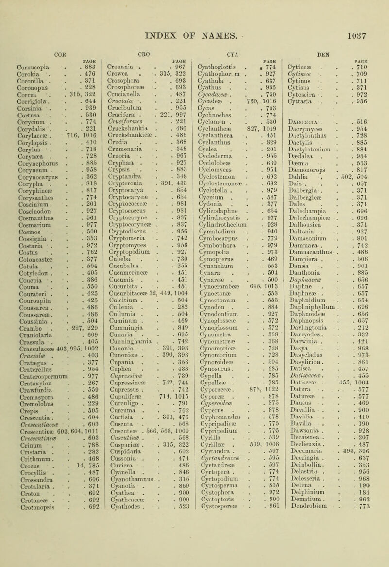 228 322 644 939 530 774 221 016 410 718 728 835 958 362 818 817 774 201 927 561 977 500 353 972 762 377 504 405 386 550 425 425 486 486 504 229 609 405 1002 403 377 954 977 267 559 486 229 505 604 603 1011 603 788 282 468 785 487 606 371 . 692 692 692 INDEX OF NAMES. 1037 CRO PAGE Crouania . . 967 Crowea . . 315, 322 Crozopliora . 693 Crozophore® . 693 Crucianella . 487 CruciatcB ■. . 221 Crucibulum . 955 Crucifer® . . 221, 997 Crucifurmes . 221 Cruckshankia . 486 Cruckshankie® . 486 Crudia . 368 Crumenaria . 348 Cruoria . 967 Cryplisea . . 927 Crypsis . 883 Cryptandra . 348 Cryptoronia . 391, 433 Cryptocarya . . 654 Cryptocaryere . 654 Crypcococee® . 981 Cryptocoeeus . 981 Cryptocoryne . 837 Cryptocoryne® . 837 Cryptodiscus . 956 Cryptomeria . 742 Cryptomyces . 956 Cryptopodium . 927 Cubeba . 730 Cucubalus . . 255 Cucumerine® . 451 Cucumis . . 451 Cucurbita . . 451 Cucurbitace® 32, 449, 1004 Culcitium . . 504 Cullenia . 282 Cullumia . . 504 Cuminum . . 469 Cummingia . 849 Cunaria . 695 Cunninghamia . 742 Cunonia . 391, 393 Cunonie® . . 390, 393 Cupania . . 353 Cupkea . 433 Cuprcsshi'B . 739 Cupressine® . 742, 744 Cupressus . . 742 Cupulifer® 714, 1015 Curculigo . . 79! Curcuma . . 762 Curtisia . 391, 476 Cuscuta . 568 Cuscute® . 566, 568, 1009 CuscutincB . . 568 Cusparie® . . 315, 322 Cuspidaria . 602 Cussonia . . 474 Curiera . 486 Cyanella . . 846 Cyauothamnus . 315 Cyanotis . . 869 Cyathea . 900 Cyatheace® . 900 Cyathodes . . 523 CTA PAGE Cyathoglottis . 774 Cyathophor, m . 927 Cyatliula . . 637 Cyathus . . 955 CycadacccB . . 750 Cycade® 750, 1016 Cycas . 753 Cychnoehes . 774 Cyclamen . . 530 Cyclanthe® 827, 1019 Cyclanthera . 451 Cyclanthus . 829 Cyclea . 201 Cycloderma . 955 Cyclolobe® . 639 Cyclomyees . 954 Cyclostemon . 692 Cyclostemonc® . 692 Cyclotella . . 979 Cycnium . . 587 Cydonia . 377 Cylicodaphne . 654 Cylindrocystis . 977 Cylindrotheeium . 928 Cymatodium . 940 Cymbocarpus . 779 Cymbophora . 979 Cymopolia . 973 Cymopterus . 469 Cynanclium . 553 Cynara . 504 Cynarc® . . 500 Cynocrambe® 645, 1013 Cynocton® . 553 Cynoctonum . 553 Cynodon . . 884 Cynodontium . 927 Cynoglosse® . 572 Cynoglossum . 572 Cynometra . 368 Cynometre* . 308 Cynomorie® . 728 Cynomorium . 728 Cynoroide® . 504 Cynosurus. . 885 Cypella . 785 Cypelles . . 785 Cyperace®. 875, 1022 Cypere® . 878 CyperoidecB . 875 Cyperus . 878 Cyphomandra . 578 Cypripedie® . 775 Cypripedium . 775 Cyrilla . 539 Cyrille® , 539, 1008 Cyrtandra . . . 597 Cyrtandracecs . 595 Cyrtandre® . 597 Cyrtopera . . 774 Cyrtopodium . 774 Cyrtosperma . 835 Cystopliora . 972 Cystopteris . 900 Cystosporc® . 961 DEN PAGE Cytine® . 710 Cytincm . 709 Cytinus . 711 Cytisus . 371 Cytoseira . . 972 Cyttaria . 956 Dabocecia . . 516 Dacrymyces . 954 Dactylantlius . 728 Dactylis . 8S5 Dactylotenium . 884 l)*dalca . 954 D®mia . 553 D®monorops . 817 Dahlia . . 502, 504 Dais . . 657 Dalbergia . . 371 Dalbergie® . 371 Dalea . 371 Dalechampia . 696 Daleehampic® . 696 Dalhousiea . 371 Daltonia . . 927 Damasonium . 801 Dammara . . 742 Damnacanthus . 486 Dampiera . . 508 Dan»a . 901 Danthonia . 885 Daplinacece . 656 Daphne . 657 Daphne® . . 657 Daphnidium . 654 Daphniphyllum . 696 Daphnoide® . 656 Daphnopsis . 657 Darlingtonia . 212 Darryodes . . 332 Darwinia . . 424 Dasya . 9G8 Dasycladus . 973 Dasylirion . . 861 Ditisea . 457 Dcitiscaccce . . 455 Datisce® . 455, 1004 Datura . 577 Dature® . . 577 Daucus . 469 Davaliia . 900 Davidia . 410 Davilla . . 190 Dawsonia . . 928 Decaisnea . . 207 Declieuxia . . 487 Decumaria . 393, 396 Deeringia . . 637 Deinbollia. . 353 Delastria . . 956 Delesseria . . 968 Delima . 190 Delphinium . 184 Dematium . . 963 Dendrobium . 773