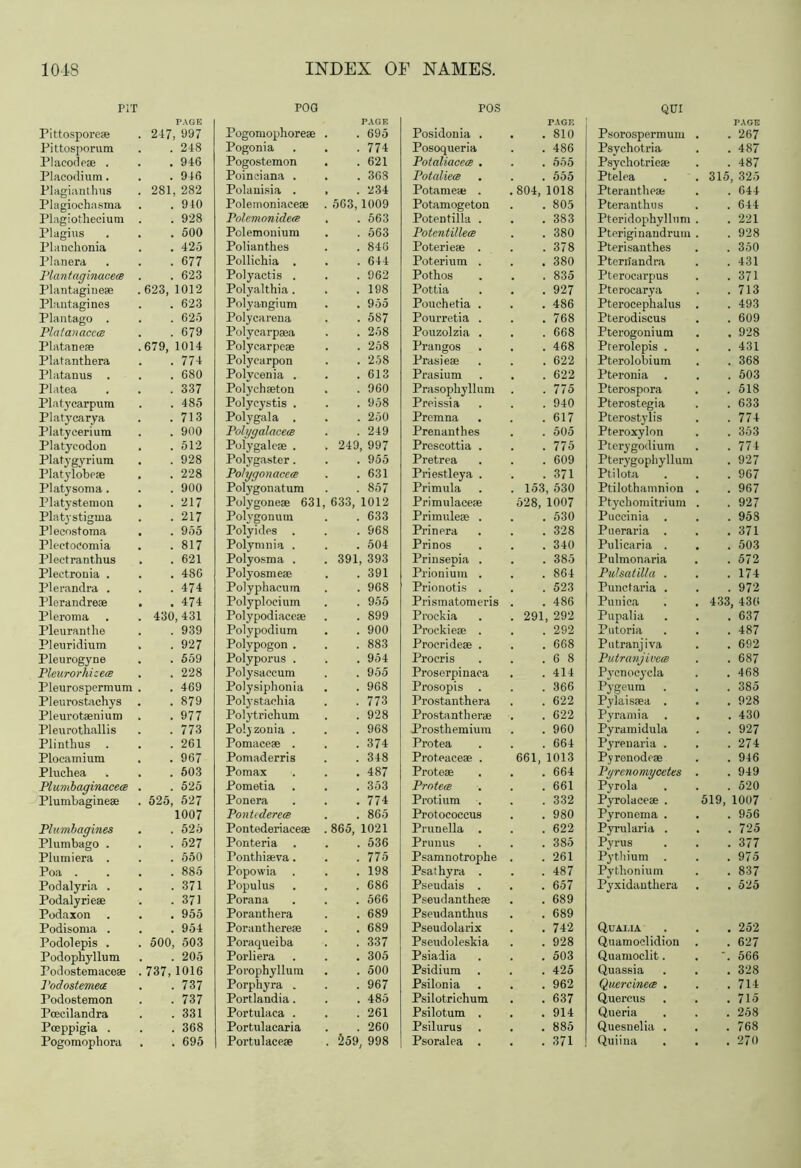 PIT POG POS QUI PAGE TAGE PAGE PAGE Pittospore* . 247, 997 Pogomophore* . 695 Posidonia . . 810 Psorospermum . 267 Pittosporum . 248 Pogonia . 774 Posoqueria . 486 Psychotria . 487 Placode* . . 946 Pogostemon . . 621 Potaliaceee . . . 555 Psychotrie* . 487 Placodium. . 946 Poineiana . . 368 Potaliece . 555 Ptelea 315, 325 Plagianthus . 281, 282 Polanisia . ■ . 234 Potame* . . 804, 1018 Pteranthe* . 644 Plagiochasma . 940 Polemoniace* . 563, 1009 Potamogeton . 805 Pteranthus . 644 Plagiothecium . 928 Polemonidets . 563 Potentilla . . 383 Pteridophyllnm . 221 Plagius . 500 Polemonium . 563 Potentillem . 380 Ptpriginandrum . 928 Planchonia . 425 Polianthes . 846 Poterie* . . 378 Pterisauthes . 350 Planera . 677 Pollichia . . 644 Poterium . . 380 Ptcrrfandra . 431 Plantaginacece . 623 Polyaetis . . 962 Pothos . 835 Pterocarpus . 371 Plantagine* . 623, 1012 Polyalthia. . 198 Pottia . 927 Pterocarya . 713 Plantagines . 623 Polyangium . . 955 Pouchetia . . 486 Pterocephalus . 493 Plantago . . 625 Polycarena . 587 Pourretia . . 768 Pterodiscus . 609 PlatanacccB . 679 Polycarp*a . 258 Pouzolzia . . 668 Pterogonium . 928 Platane* .679, 1014 Polyearpe* . 268 Prangos . 468 Pterolepis . . 431 Platanthera . 774 Polyearpon . 258 Prasie* . 622 Pterolobium . 368 Platanus . . 680 Polvcenia . . 613 Prasium . 622 Pteronia . . 503 Platea . 337 Polych*ton . 960 Prasophyllum . 775 Pterospora . 518 Platycarpum . 485 Polycystis . . 958 Preissia . 940 Pterostegia . 633 Platycarya . 713 Polygala . . 250 Premna . 617 Pterostylis . 774 Platyeeriura . 900 Pohjgalacem . 249 Prenanthes . . 505 Pteroxylon . 353 Platycodon . 512 Polygale* . . 249, 997 Prescottia . . 775 Pterygodium . 774 Platygyrium . 928 Polygaster . . 955 Pretrea . 609 Pterygophyllum . 927 Platylobe* . . 228 Polygonacea . 631 Priestleya . . 371 Ptilota . 967 Platysoma. . 900 Polygonatum . 857 Primula . 153, 530 Ptilothamnion . 967 Platystemon . 217 Polygone* 631, 633, 1012 Primulace* 528, 1007 Ptychomitrium . 927 Platystigma . 217 Polygonum . 633 Primule* . . 530 Puccinia . 958 PI ecostoma . . 955 Polyides . . 968 Prinera . 328 Pueraria . . 371 PleetoComia . 817 Polymnia . . 504 Prinos . 340 Pulicaria . . 503 Plectranthus . 621 Polyosma . . 391, 393 Prinsepia . . 385 Pulmonaria . 572 Plectronia . . 486 Polyosme* . 391 Prionium . . 864 Pulsatilla . . 174 Plerandra . . 474 Polyphaeum . 968 Prionotis . . 523 Punctaria . . 972 Plerandre* . . 474 Polyploeium . 955 Prismatomeris . 486 Punica 433, 430 Pleroma . 430,431 Polypodiace* . 899 Prockia . 291, 292 Pupalia . 637 Pleuranthe . 939 Polypodium . 900 Proekie* . . 292 Putoria . 487 Pleuridium . 927 Polypogon . . 883 Procride* . . 668 Putranjiva . 692 Pleurogyne . 559 Polyporus . . 954 Procris . 6 8 Putranjivem . 687 Pleurorhizece . 228 Polysaccum . 955 Proserpinaca . 414 Pycnocycla . 468 Pleurospermum . 469 Polysiphonia . 968 Prosopis . . 366 Pygeum . . 385 Pleurostachys . 879 Polystaehia . 773 Prostanthera . 622 Pylais*a . . 928 Pleurot*nium . 977 Polytrichum . 928 Prostanther* . 622 Pyramia . 430 Pleurothallis . 773 Polyzonia . . 968 Prosthemium . 960 Pyramidula . 927 Plintlius . . 261 Pomace* . . 374 Protea . 664 Pyrenaria . . 274 Plocamium . 967 Pomaderris . 348 Proteace* . 661, 1013 Py renode* . 946 Pluchea . 503 Pomax . 487 Prote* . 664 Pyrenomycetes . 949 Plumbaginacece . 525 Pometia . 353 Protea . 661 Pyrola . 520 Plumbagine* . 525, 527 Ponera . 774 Protium . 332 Pyrolace* . 519, 1007 1007 Pontcderea . 865 Protococcus . 980 Pyronema . . 956 Plumbagines . . 525 Pontederiace* .865, 1021 Prunella . . 622 Pyrularia . . 725 Plumbago . . 527 Ponteria . . 536 Prunus . 385 Pyrus . 377 Plumiera . . 550 Ponthi*va. . 775 Psamnotrophe . 261 Pythium . . 975 Poa . . 885 Popowia . 198 Psathyra . . 487 Pythonium . 837 Podalyria . . 371 Populus . 686 Pseudais . . 657 Pyxidanthera . 525 Podalyrie* . 371 Porana . 566 Pseudanthe* . 689 Podaxon . 955 Poranthera . 689 Pseudanthus . 689 Podisoma . . 954 Poranthere* . 689 Pseudolarix . 742 Quai.ia. . 252 Podolepis . . 500, 503 Poraqueiba . 337 Pseudoleskia . 928 Quamoclidion . 627 Podophyllum . 205 Porliera . 305 Psiadia . 503 Quamoclit. -. 566 Podostemace* . 737, 1016 Porophyllum . 500 Psidium . 425 Quassia . 328 l'odostemea . 737 Porphyra . . 967 Psilonia . 962 Quercinea . . 714 Podostemon . 737 Portlandia. . . 485 Psilotriehum . 637 Quercus . 715 Poecilandra . 331 Portulaca . . 261 Psilotum . . 914 Queria . 258 Pceppigia . . 368 Portulaearia . 260 Psilurus . 885 Quesnelia . . 768 Pogomophora . 695 Portulace* . 259, 998 Psoralea . . 371 Quiina . 270
