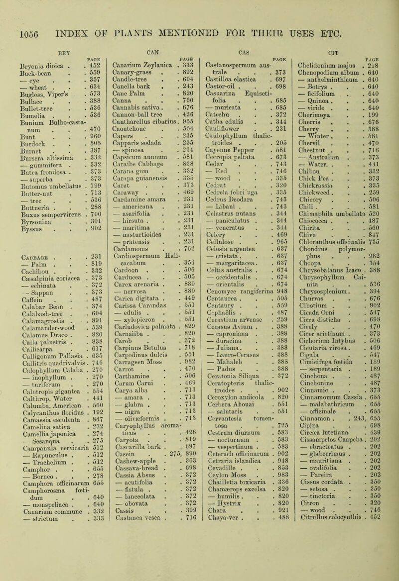 536 470 960 505 387 332 332 373 373 799 713 536 288 700 301 902 231 819 332 373 372 373 487 374 604 891 539 820 838 617 635 746 270 270 270 554 441 560 192 847 232 274 275 512 512 512 655 278 655 640 640 . 332 . 333 PLANTS MENTIONED FOR THEIR USES ETC, CAN PAGE Canarium Zeylanica 333 Canary-grass 892 Candle-tree . 604 Canella bark . 243 Cane Palm 820 Canna . . 760 Cannabis sativa. 676 Cannon-ball tree 426 Cantharellus cibarins 955 Caoutchouc 554 Capers 235 Capparis sodada 235 — spinosa 234 Capsicum annuum 581 Cara'ibe Cabbage 838 Carana gum 332 Cara pa guianensis 335 Carat 373 Caraway . 469 Cardamine amara 231 — americana 231 — asarifolia 231 — hirsuta . 231 ■— maritima 231 — nnsturtioides 231 — pratensis 231 Cardamoms 762 Cardiospermum Hali caeabum 354 Cardoon 506 Carducea . . 505 Carex arenaria . 880 — nervosa . 880 Carica digitata . . 449 Carissa Carandas . 551 — edulis . . 551 a 0 Sh 3 M 1 . 551 Carludovica palmata . 829 Carnaiiba . . 820 Carob . 372 Carpinus Betulus . 718 Carpodinus duleis . 551 Carrageen Moss . 982 Carrot . . .470 Carthamine . . 506 Carum Carui . . 469 Carya alba . 713 — amara . . 713 — glabra . . 713 — nigra . . . 713 ■— olivseformis . 713 Caryophyllus rroma- ticus . 426 Caryota . 819 Cascarilla bark . 697 Casein . 275, 890 Cashew-apple . 363 Cassava-bread . 698 Cassia Absus . 372 — acuti folia . 372 — fistula . . 372 — lanceolata . 372 — obovata . 372 Cassis . 399 Castanea vesea . 716 CAS CIT PAGE PAGE Castanospermum aus- Chelidonium majus . 2i8 trale 373 Chenopodium album . 640 Castilloa elastica 697 — anthelminthicum . 640 Castor-oil . 698 — Botrys . 640 Casuarina Equiseti- — ficifolium 640 folia 685 — Quinoa . 640 — muricata 685 — viride . 640 Catechu 372 Cherimoya 199 Catha edulis 344 Cherris 676 Cauliflower 231 Cherry . 388 Caulophyllum thalic- — Winter . 581 troides . 205 Chervil . . 470 Cayenne Pepper 581 Chestnut . 716 Cecropia peltata 673 — Australian 373 Cedar 743 — Water. . 441 — Bed . 746 Chibou 332 — wood 335 Chick Pea . 373 Cedrat 320 Chickrassia 335 Cedrela febrihiga 335 Cliickweed. 259 Cedrus Deodara 743 Chicory 506 — Libani . 743 Chili . . . . 581 Celastrus nutans 344 Chimaphila umbellata 520 -—• paniculatus . 344 Chiocoeca . 487 — veneratus 344 Chirita 560 Celery 469 Chive 847 Cellulose . 965 Chloranthus officinalis 735 Celosia argentea 637 Chondrus polymor- — cristata. 637 phus 982 -— margaritacea. 637 Choopa 354 Oeltis australis . 674 Chrysobalanus Icaco . 388 — occidentals . 674 Chrysophyllum Cai- -— orientalis 674 nita 536 Cenomyce rangiferina 948 Chrysosplenium. 394 Centaurea . 505 Churras 676 Centaury . 559 Cibotium . 902 Cephaelis . 487 Cicada Orni 547 Cerastium arvense 259 Cicca disticha 698 Cerasus Avium . 388 Cicely 470 — caproniana . 388 Cicer arietinum . 373 — duracina 388 Cichorium Intybus 506 — Juliana. 388 Cicutaria virosa. 469 — Lauro-Cerasus 388 Cigala 547 — Mahal eb 388 Cimicifuga fcetida 189 — Padus . 388 — serpentaria . 189 Ceratonia Siliqua 372 Cinchona . 487 Ceratopteris thalic Cinchonine 487 troides . 902 Cinnamic . 373 Ceroxylon andicola 820 Cinnamomum Cassia . 655 Cerbera Ahouai 551 — malabathricum 655 — salutaris 551 — officinale 655 Cervantesia tomen- Cinnamon . . 243, 655 tosa 725 Cipipa 698 Cestrum diurnum 583 Circaea lutetiana 439 — nocturnum . 583 Cissampelos Caapeba 202 — vespertinum . 583 — ebracteatus . 202 Ceteracli offieinarum 902 — glaberrimus . 202 Ceti’aria islandica 948 — mauritiana . 202 Cevadille . 853 — ovali folia 202 Ceylon Moss 983 — Pareira 202 Chailletia toxicaria 336 Cissus cordata . 350 Chamserops excelsa 820 — setosa . 350 — humilis . 820 — tinctoria 350 — Hystrix 820 Citron 320 Chara 921 — wood 746 Chaya-ver . . 488 Citrullus colocynthis 452