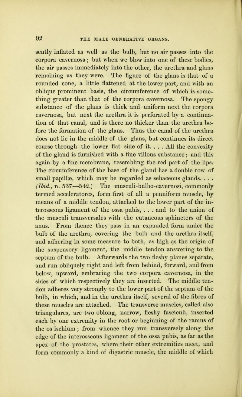 sently inflated as well as the bulb, but no air passes into the corpora cavernosa; but when we blow into one of these bodies, the air passes immediately into the other, the urethra and glans remaining as they were. The figure of the glans is that of a rounded cone, a little flattened at the lower part, and with an oblique prominent basis, the circumference of which is some- thing greater than that of the corpora cavernosa. The spongy substance of the glans is thick and uniform next the corpora cavernosa, but next the urethra it is perforated by a continua- tion of that canal, and is there no thicker than the urethra be- fore the formation of the glans. Thus the canal of the urethra does not lie in the middle of the glans, but continues its direct course through the lower flat side of it. . . . All the convexity of the gland is furnished with a fine villous substance; and this again by a fine membrane, resembling the red part of the lips. The circumference of the base of the gland has a double row of small papillae, which may be regarded as sebaceous glands. . . . (Ibid., n. 537—542.) The musculi-bulbo-cavernosi, commonly termed acceleratores, form first of all a penniform muscle, by means of a middle tendon, attached to the lower part of the in- terosseous ligament of the ossa pubis, . . . and to the union of the musculi transversales with the cutaneous sphincters of the anus. From thence they pass in an expanded form under the bulb of the urethra, covering the bulb and the urethra itself, and adhering in some measure to both, as high as the origin of the suspensory ligament, the middle tendon answering to the septum of the bulb. Afterwards the two fleshy planes separate, and run obliquely right and left from behind, forward, and from below, upward, embracing the two corpora cavernosa, in the sides of which respectively they are inserted. The middle ten- don adheres very strongly to the lower part of the septum of the bulb, in which, and in the urethra itself, several of the fibres of these muscles are attached. The transverse muscles, called also triangulares, are two oblong, narrow, fleshy fasciculi, inserted each by one extremity in the root or beginning of the ramus of the OS ischium ; from whence they run transversely along the edge of the interosseous ligament of the ossa pubis, as far as the apex of the prostates, where their other extremities meet, and form commonly a kind of digastric muscle, the middle of which