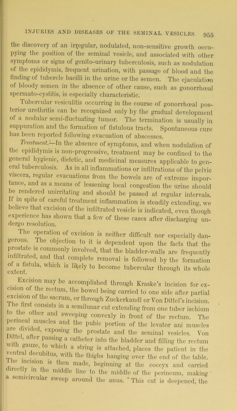 the discovery of an irregular, nodulated, non-sensitive growth occu- pying the position of the seminal vesicle, and associated with other symptoms or signs of genito-urinary tuberculosis, such as nodulation of the epididymis, frequent urination, with passage of blood and the finding of tubercle bacilli in the urine or the semen. The ejaculation of bloody semen in the absence of other cause, such as gonorrhceal spermato-cystitis, is especially characteristic. Tubercular vesiculitis occurring in the course of gonorrhoeal pos- terior urethritis can be recognized only by the gradual development of a nodular semi-fluctuating tumor. The termination is usually in suppuration and the formation of fistulous tracts. Spontaneous cure has been reported following evacuation of abscesses. Treatment. In the absence of symptoms, and when nodulation of the epididymis is non-progressive, treatment may be confined to the general hygienic, dietetic, and medicinal measures applicable to gen- eral tuberculosis. As in all inflammations or infiltrations of the pelvic viscera, regular evacuations from the bowels are of extreme impor- tance, and as a means of lessening local congestion the urine should be rendered unirritating and should be passed at regular intervals. If in spite of careful treatment inflammation is steadily extending, we believe that excision of the infiltrated vesicle is indicated, even though experience has shown that a few of these cases after discharging un- dergo resolution. The operation of excision is neither difficult nor especially dan- gerous The objection to it is dependent upon the facts that the Pr.0.S, a e 1S C0n110nly involved, that the bladder-walls are frequently miltrated and that complete removal is followed by the formation extent8 U ^ Whl°h ^ to become tubercular through its whole Excision may be accomplished through Kraske’s incision for ex- dsion o e rectum, the bowel being carried to one side after partial excision of the sacrum, or through Zuckerkancll or Von Dittel’s incision. 1 nenrst consists in a semilunar cut extending from one tuber ischium to the other and sweeping convexly in front of the rectum. The •perineal muscles and the pubic portion of the levator ani muscles TVii /V1«eC’ extJOS'n£ the prostate and the seminal vesicles. Von ’ a Gr Pass*n& a catheter into the bladder and filling the rectum 1 gauze, o which a string is attached, places the patient in the ven ra decubitus, with the thighs hanging over the end of the table. e indsmn is then made, beginning at the coccyx and carried c irec y m e middle line to the middle of the perineum, making' semicircu ar sweep around the anus. * This cut is deepened, the