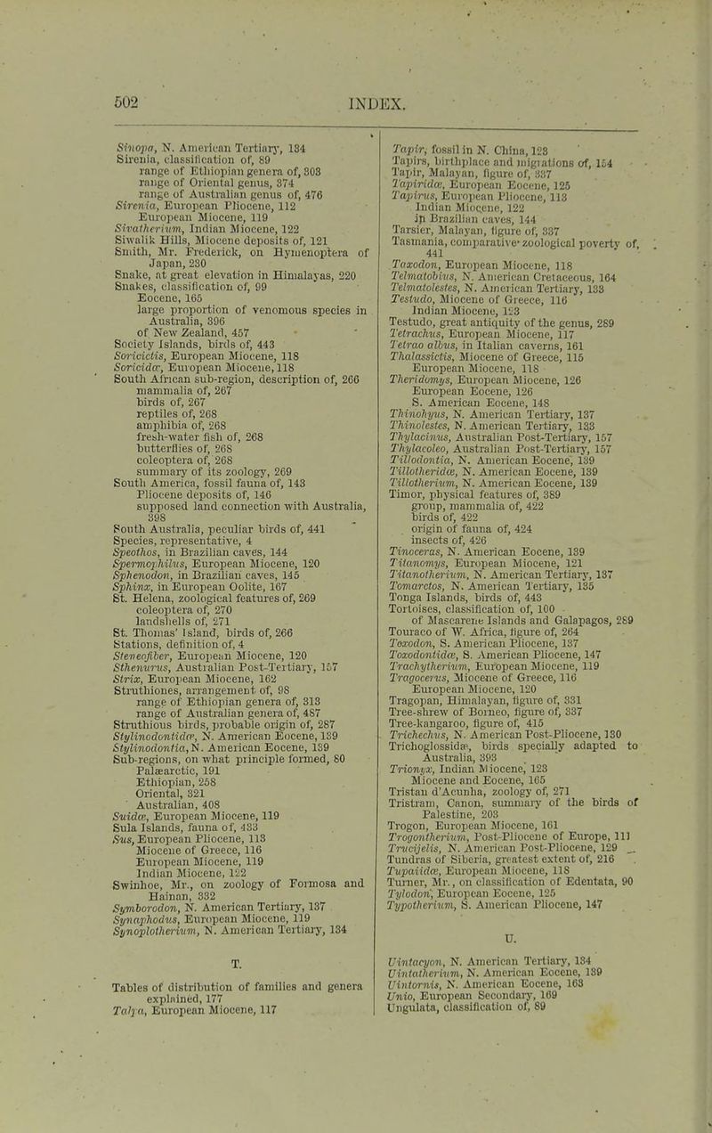 Sinopa, N. Arneiii;nn Teiiiniy, 184 Sireuia, dassilicntion of, 89 range of Etliiopinii genera of, 803 range of Oriental genus, 874 range of Australian genus of, 476 Sirenia, European Pliocene, 112 European Miocene, 119 Sivatherivm., Indian Miocene, 122 Siwalik Hills, Miocene deposits of, 121 Smith, Mr. Frederick, on Hynienoptera of Japan, 230 Snake, at great elevation in Himalayas, 220 Snakes, classification of, 99 Eocene, 165 laige proportion of venomous species in Australia, 396 of New Zealand, 457 Society Islands, birds of, 443 Soricictis, European Miocene, 118 Soricidcc, European Miocene, 118 South African sub-region, description of, 266 mammalia of, 267 birds of, 267 reptiles of, 268 amphibia of, 268 fresh-water fish of, 268 butterflies of, 268 coleoptera of, 268 summary of its zoology, 269 South America, fossil fauna of, 143 Pliocene deposits of, 146 supposed land connection with Australia, 398 Pouth Australia, peculiar birds of, 441 Species, representative, 4 Speoihos, in Brazilian caves, 144 Spermoxhiliis, European Miocene, 120 Sphenodoii, in Brazilian caves, 145 Sphinx, in European Oolite, 167 St. Helena, zoological features of, 269 coleoptera of, 270 landshells of, 271 St. Thomas' Island, birds of, 266 Stations, definition of, 4 Steveofiber, European Miocene, 120 Sthemmis, Australian Post-Tertiary, 157 Strix, European Miocene, 162 Struthiones, arrangement, of, 98 range of Ethio])ian genera of, 313 range of Australian genera of, 487 Struthious birds, probable origin of, 287 Stylinodoniida', N. American Eocene, 1S9 &tyUnodoniia,ii. American Eocene, 139 Sub-regions, on what principle formed, 80 Palaearctic, 191 Ethiopian, 258 Oriental, 321 Australian, 408 Smdm, European Miocene, 119 Sula Islands, fauna of, 433 Sus, European Pliocene, 113 Miocene of Greece, 116 European Miocene, 119 Indian Miocene, 122 Swinhoe, Mr., on zoology of Formosa and Hainan, 332 Symhorodon, N. American Tertiary, 137 Synaphodus, European Miocene, 119 Synoplotlierinm., N. American Tertiary, 134 T. Tables of distribution of families and genera explained, 177 Talj a, European Miocene, 117 TapiTi fossil in N. China, 128 Tapirs, birthjilaco and Uiigiations of, 154 Tapir, Malayan, figure of, 337 Tapiridai, European Eocene, 125 Tapiras, European Pliocene, 113 Indian Miocene, 122 ip Brazilian caves, 144 Tarsier, Malayan, figure of, 337 Tasmania, coulparali^■e'zoological poverty of 441  ■> . Taxodon, European Miocene, 118 Telmatobivs, N. American Cretaceous, 164 Telmatolestes, N. American Tertiary, 133 Testvdo, Miocene of Greece, 116 Indian Miocene, 123 Testudo, gi eat antiquity of the genus, 289 Tetrachvs, European Miocene, 117 Tcirao albvs, in Italian caverns, 161 Thalassictis, Miocene of Greece, 115 European Miocene, 118 TJieridomys, European Miocene, 126 European Eocene, 126 S. American Eocene, 148 Tliinohyvs, N. American Tertiary, 137 Thinolestes, N. American Tertiary, 133 Tlnjlacinus, Australian Post-Tertiarj', 157 Thylacolco, Australian Post-Tertiaiy, 157 Tillodontia, N. American Eocene, 139 Tillotheridce, N. American Eocene, 139 TiUotheritim, N. American Eocene, 139 Timor, physical features of, 389 group, mammalia of, 422 birds of, 422 origin of fauna of, 424 insects of, 426 Tinoceras, N. American Eocene, 139 Tiianoviys, European Miocene, 121 Titanoiherium, N. American Tertiary, 137 Tomarcios, N. American Tertiary, 135 Tonga Islands, birds of, 443 Tortoises, classification of, 100 of Mascareiie Islands and Galapagos, 289 Touraco of W. Africa, figure of, 264 Toxodon, S. American Pliocene, 137 Toxodoniidce, S. American Pliocene, 147 TrachyUierivm, European Miocene, 119 Tragoceriis, Miocene of Greece, 116 European Miocene, 120 Tragopan, Himalayan, figure of, 381 Tree-shrew of Borneo, ligure of, 337 Tree-kangaroo, figure of, 415 Trichechvs, N. American Post-Pliocene, ISO Trichoglossida^, birds specially adapted to Australia, 393 Trionyx, Indian Miocene,' 123 Miocene and Eocene, 165 Tristan d'Acunha, zoology of, 271 Tristram, Canon, summajy of the birds of Palestine, 203 Trogon, European Miocene, 161 Trogontherium, Post-Pliocene of Europe, 11) Tnicijelis, N. Aniericau Post-Pliocene, 129 _ Tundras of Siberia, greatest extent of, 216 Tupaiidce, Euro])ean Miocene, 118 Turner, Mr., on classification of Edentata, 90 Tylodon, European Eocene, 125 Typothcriwn, S. American Pliocene, 147 U. Uintacyon, N. American Tertiary, 184 Uintatherivm, N. American Eocene, 189 Uintornis, N. American Eocene, 163 Unio, European Secondary, 169 Ungulata, classification of, 89
