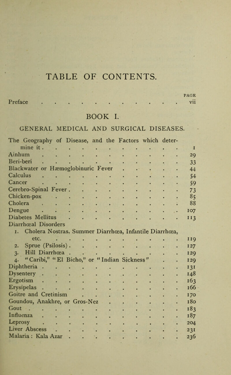 TABLE OF CONTENTS. PAGE Preface vii BOOK I. GENERAL MEDICAL AND SURGICAL DISEASES. The Geography of Disease, and the Factors which deter- mine it I Ainhum 29 Beri-beri 33 Blackwater or Haemoglobinuric Fever 44 Calculus 54 Cancer 59 Cerebro-Spinal Fever 73 Chicken-pox 85 Cholera 88 Dengue 107 Diabetes Mellitus 113 Diarrhoeal Disorders 1. Cholera Nostras, Summer Diarrhoea, Infantile Diarrhoea, etc. 119 2. Sprue (Psilosis) 127 3. Hill Diarrhoea 129 4. “Caribi,” “El Bicho,” or “Indian Sickness” . . 129 Diphtheria 131 Dysentery 148 Ergotism 163 Erysipelas 166 Goitre and Cretinism 170 Goundou, Anakhre, or Gros-Nez 180 Gout 183 Influenza 187 Leprosy 204 Liver Abscess 231 Malaria: Kala Azar . . ■ 236