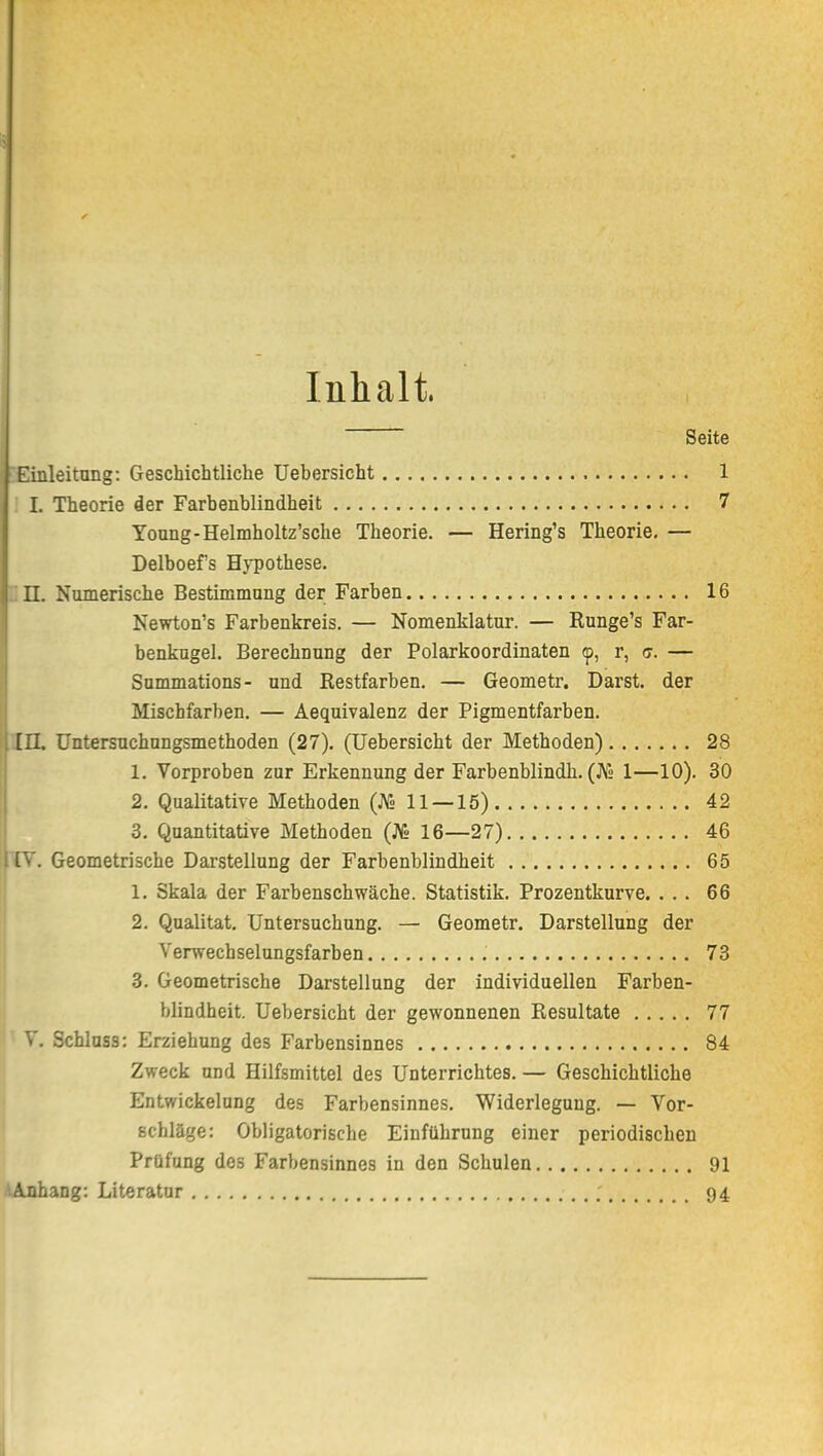Inhalt. Seite Einleitung; Geschichtliche Uebersicht 1 I. Theorie der Farbenblindheit 7 Young-Helmholtz’sche Theorie. — Hering’s Theorie, — Delboefs Hypothese. n. Numerische Bestimmung der Farben 16 Newton’s Farbenkreis. — Nomenklatur. — Runge’s Far- benkugel. Berechnung der Polarkoordinaten (p, r, a. — j Summations- und Restfarben. — Geometr. Darst. der ' Mischfarben. — Aequivalenz der Pigmentfarben. l IIL üntersuchungsmethoden (27). (Uebersicht der Methoden) 28 1. Vorproben zur Erkennung der Farbenblindh. (J\^« 1—10). 30 I 2. Qualitative Methoden (J\s 11 — lö) 42 3. Quantitative Methoden (JV« 16—27) 46 IIV. Geometrische Darstellung der Farbenblindheit 65 1. Skala der Farbenschwäche. Statistik. Prozentkurve. ... 66 2. Qualität, Untersuchung. — Geometr. Darstellung der Venvechselungsfarben 73 3. Geometrische Darstellung der individuellen Farben- blindheit. Uebersicht der gewonnenen Resultate 77 V. Schluss: Erziehung des Farbensinnes 84 Zweck und Hilfsmittel des Unterrichtes. — Geschichtliche Entwickelung des Farbensinnes. Widerlegung. — Vor- schläge: Obligatorische Einführung einer periodischen Prüfung des Farbensinnes in den Schulen 91 lÄnhang: Literatur ; 94