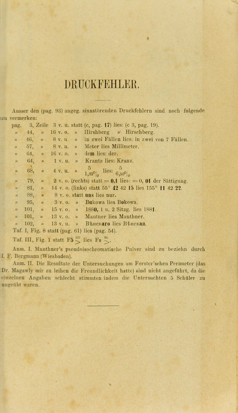 DRÜCKFEHLEH, Ausser den (pag. 93) angeg. sinnstörenden Druckfehlern sind noch folgende .'ZU vermerken: pag- 3, Zeile 3 V. u. statt (c, pag. 17) lies: (c 3, pag. 19). 44, )) 16 V. 0. )) llirshberg «' Hirschberg. » 46, » 8 T. u. )) in zwei Fällen lies: in zwei von 7 Fällen. a 57, » 8 V. u. » Meter lies Millimeter. ]> 64, » 16 V. 0. )) dem lies: der. » 64, )) 1 V. u. » Krantz lies: Kranz. 1) 68, )) 4 V. u. » 5 . .5 1,33% 6,500/o ij 79, )) 2 V. 0. (rechts) statt = 0,1 lies: =0, 01 der Sättigung. » 81, )) 14 V. 0. (links) statt 55° 42 42 15 lies 155° 11 42 22. » 88, » 8 V. 0. statt uns lies nur. )y 95, JD 3 V. 0. » Bukowa lies Bokowa. }) 101, )) 15 V. 0. )) 1880, 1 u. 2 Sitzg. lies 1881. )> 101, » 13 V. 0. )) Mautner lies Mauthner. » 102, » 13 V. u. » BkncKaro lies BhucKtin. Taf. I, Fig. 8 statt (pag. 61) lies (pag. 54). Taf. III, Fig. 1 statt F5 ^ lies Fs Anm. I. Mauthner’s pseudoisochromatische Pulver sind zu beziehn durch I. F. Bergmann (Wiesbaden). Anm. II. Die Resultate der Untersuchungen am Forster’schen Perimeter (das Dr. Magawly mir zu leihen die Freundlichkeit hatte) sind nicht angeführt, da die einzelnen Angaben schlecht stimmten indem die Untersuchten 5 Schüler zu ungeübt waren.