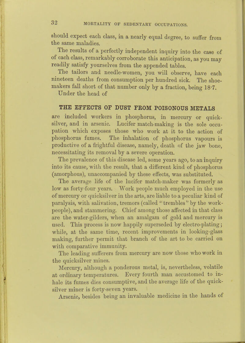 MORTALITY OP SEDENTARY OCCUPATIONS, should expect each class, in a nearly equal degree, to suffer from the same maladies. The results of a perfectly independent inquiry into the case of of each class, remarkably corroborate this anticipation, as you may readily satisfy yourselves from the appended tables. The tailors and needle-women, you will observe, have each nineteen deaths from consumption per hundred sick. The shoe- makers fall short of that number only by a fraction, being 18-7. Under the head of THE EFFECTS OF DUST FROM POISONOUS METALS are included workers in phosphorus, in mercury or quick- silver, and in arsenic. Lucifer match-making is the sole occu- pation which exposes those who work at it to the action of phosphorus fumes. The inhalation of phosphorus vapours is productive of a frightful disease, namely, death of the jaw bone, necessitating its removal by a severe operation. The prevalence of this disease led, some years ago, to an inquiry into its cause, with the result, that a different kind of phosphorus (amorphous), unaccompanied by these effects, was substituted. The average life of the lucifer match-maker Avas formerly as low as forty-four years. Work people much employed in the use of mercury or quicksilver in the arts, are liable to a peculiar kind of paralysis, with salivation, tremors (called trembles by the work- people), and stammering. Chief among those affected in that class are the water-gilders, when an amalgam of gold and mercury is used. This process is now happily superseded by electro-plating; while, at the same time, recent improvements in looking-glass making, further permit that branch of the art to be carried on with comparative immunity. The leading sufferers from mercury are now those who work in the quicksilver mines. Mercury, although a ponderous metal, is, nevertheless, volatile at ordinary temperatures. Every fourth man accustomed to in- hale its fumes dies consumptive, and the average life of the quick- silver miner is forty-seven years. Arsenic, besides being an invaluable medicine in the hands of