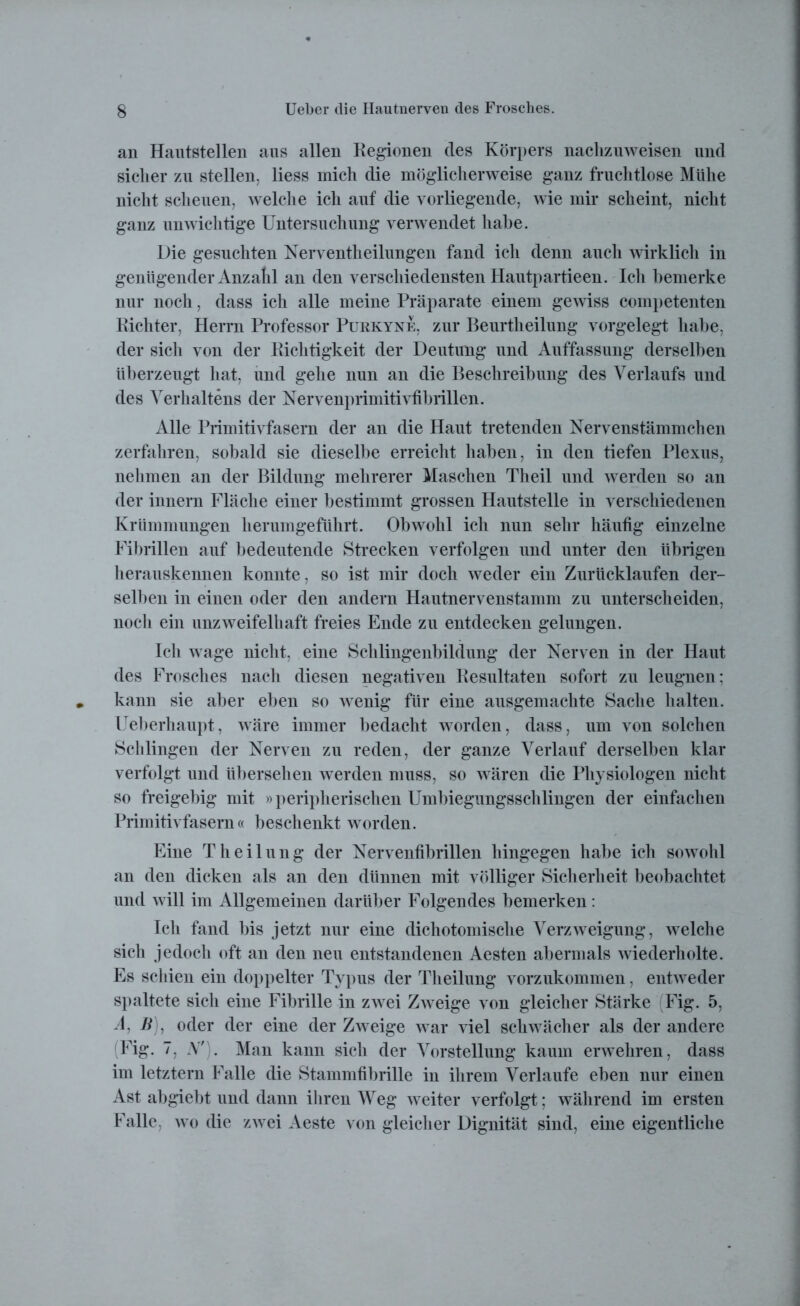 an Hautstellen aus allen Regionen des Körpers nachzuweisen und sicher zu stellen, liess mich die möglicherweise ganz fruchtlose Mühe nicht scheuen, welche ich auf die vorliegende, wie mir scheint, nicht ganz unwichtige Untersuchung verwendet habe. Die gesuchten Nerventheilungen fand ich denn auch wirklich in genügender Anzahl an den verschiedensten Hautpartieen. Ich bemerke nur noch, dass ich alle meine Präparate einem gewiss competenten Richter, Herrn Professor Purkyne, zur Beurtheilung vorgelegt habe, der sich von der Richtigkeit der Deutung und Auffassung derselben überzeugt hat, und gehe nun an die Beschreibung des Verlaufs und des Verhaltens der Nervenprimitivfibrillen. Alle Primitivfasern der an die Haut tretenden Nervenstämmchen zerfahren, sobald sie dieselbe erreicht haben, in den tiefen Plexus, nehmen an der Bildung mehrerer Maschen Theil und werden so an der innern Fläche einer bestimmt grossen Hautstelle in verschiedenen Krümmungen herumgeführt. Obwohl ich nun sehr häufig einzelne Fibrillen auf bedeutende Strecken verfolgen und unter den übrigen herauskennen konnte, so ist mir doch weder ein Zurücklaufen der- selben in einen oder den andern Hautnervenstamm zu unterscheiden, noch ein unzweifelhaft freies Ende zu entdecken gelungen. Ich wage nicht, eine Schlingenbildung der Nerven in der Haut des Frosches nach diesen negativen Resultaten sofort zu leugnen: kann sie aber eben so wenig für eine ausgemachte Sache halten. Ueberhaupt, wäre immer bedacht worden, dass, um von solchen Schlingen der Nerven zu reden, der ganze Verlauf derselben klar verfolgt und übersehen werden muss, so wären die Physiologen nicht so freigebig mit »peripherischen Umbiegungsschlingen der einfachen Primitivfasern« beschenkt worden. Eine Theilung der Nervenfibrillen hingegen habe icb sowohl an den dicken als an den dünnen mit völliger Sicherheit beobachtet und will im Allgemeinen darüber Folgendes bemerken: Ich fand bis jetzt nur eine dichotomische Verzweigung, welche sich jedoch oft an den neu entstandenen Aesten abermals wiederholte. Es schien ein doppelter Typus der Theilung vorzukommen, entweder spaltete sich eine Fibrille in zwei Zweige von gleicher Stärke Fig. 5, A. B), oder der eine der Zweige war viel schwächer als der andere (Fig. 7, N']. Man kann sich der Vorstellung kaum erwehren, dass im letztem Falle die Stammfibrille in ihrem Verlaufe eben nur einen Ast abgiebt und dann ihren Weg weiter verfolgt; während im ersten Falle, wo die zwei Aeste von gleicher Dignität sind, eine eigentliche