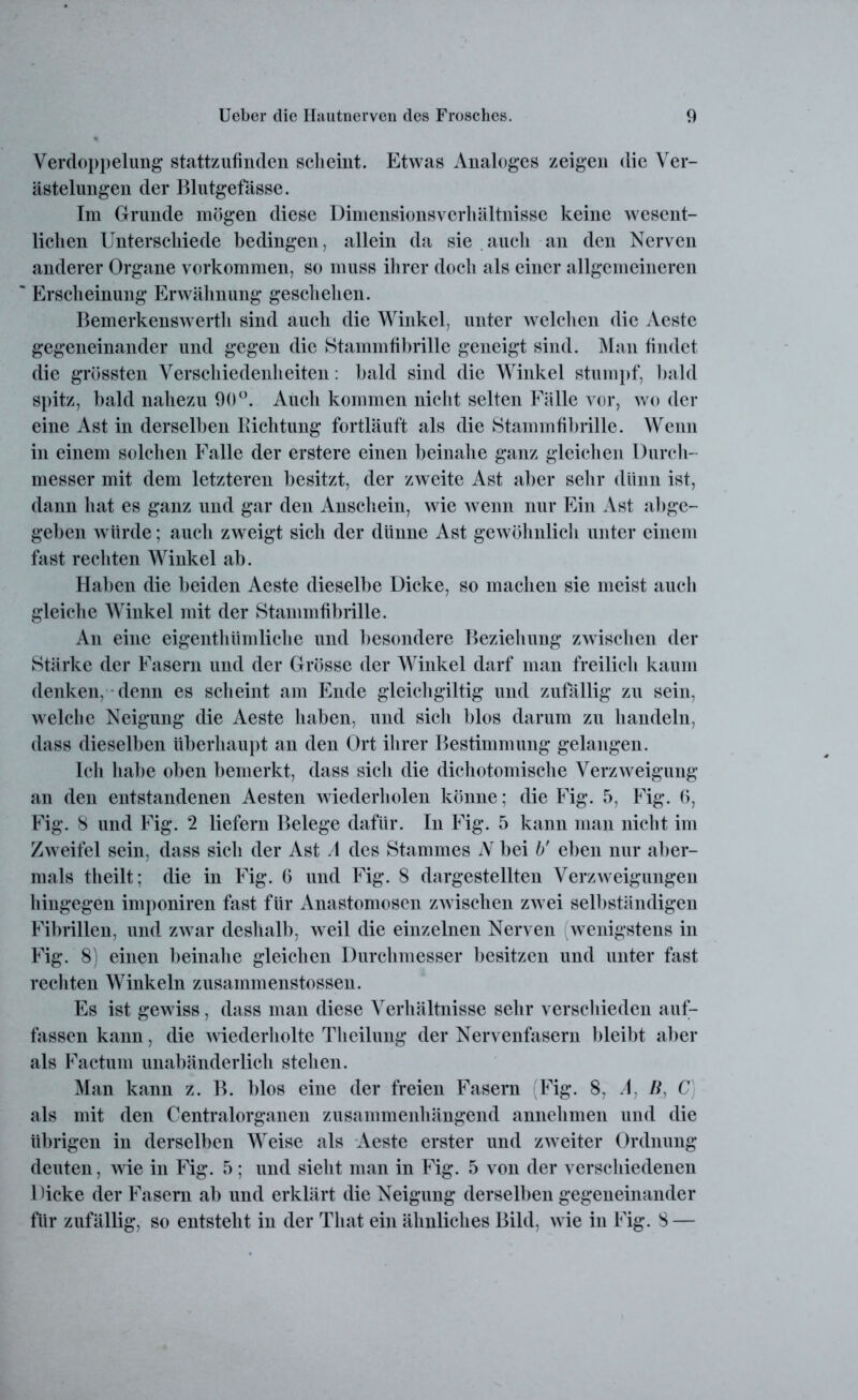 Verdoppelung stattzufinden scheint. Etwas Analoges zeigen die Ver- ästelungen der Blutgefässe. Im Grunde mögen diese Dimensionsverhältnisse keine wesent- lichen Unterschiede bedingen, allein da sie auch an den Nerven anderer Organe Vorkommen, so muss ihrer doch als einer allgemeineren Erscheinung Erwähnung geschehen. Bemerkenswerth sind auch die Winkel, unter welchen die Aestc gegeneinander und gegen die Stammfibrille geneigt sind. Man findet die grössten Verschiedenheiten: bald sind die Winkel stumpf, bald spitz, bald nahezu 90°. Auch kommen nicht selten Fälle vor, wo der eine Ast in derselben llichtung fortläuft als die Stammfibrille. Wenn in einem solchen Falle der erstere einen beinahe ganz gleichen Durch- messer mit dem letzteren besitzt, der zweite Ast aber sehr dünn ist, dann hat es ganz und gar den Anschein, wie wenn nur Ein Ast abge- geben würde; auch zweigt sich der dünne Ast gewöhnlich unter einem fast rechten Winkel ab. Haben die beiden Aeste dieselbe Dicke, so machen sie meist auch gleiche Winkel mit der Stammfibrille. An eine eigenthümliche und besondere Beziehung zwischen der Stärke der Fasern und der Grösse der Winkel darf man freilich kaum denken, denn es scheint am Ende gleichgültig und zufällig zu sein, welche Neigung die Aeste haben, und sicli blos darum zu handeln, dass dieselben überhaupt an den Ort ihrer Bestimmung gelangen. Icli habe oben bemerkt, dass sich die dichotomische Verzweigung an den entstandenen Aesten wiederholen könne; die Fig. 5, Fig. 6, Fig. 8 und Fig. 2 liefern Belege dafür. In Fig. 5 kann man nicht im Zweifel sein, dass sich der Ast A des Stammes N bei b' eben nur aber- mals theilt; die in Fig. 6 und Fig. 8 dargestellten Vemveigungen hingegen imponiren fast für Anastomosen zwischen zAvei selbständigen Fibrillen, und zwar deshalb, Aveil die einzelnen Nerven Avenigstens in Fig. 8) einen beinahe gleichen Durchmesser besitzen und unter fast rechten Winkeln zusammenstossen. Es ist gewiss, dass man diese Verhältnisse sehr verschieden auf- fassen kann, die Aviederholte Theilung der Nervenfasern bleibt aber als Factum unabänderlich stehen. Man kann z. B. blos eine der freien Fasern (Fig. 8, A, B, C als mit den Centralorganen zusammenhängend annehmen und die übrigen in derselben Weise als Aeste erster und zAveiter Ordnung deuten, Avie in Fig. 5; und sieht man in Fig. 5 von der verschiedenen Dicke der Fasern ab und erklärt die Neigung derselben gegeneinander für zufällig, so entsteht in der Tliat ein ähnliches Bild, Avie in Fig. 8 —