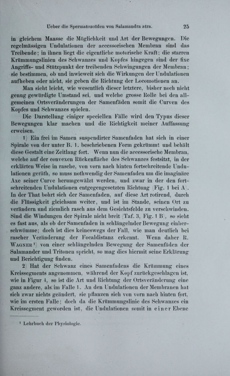 in gleichem Maasse die Möglichkeit und Art der Bewegungen. Die regelmässigen Undulationen der accessorischen Membran sind das Treibende; in ihnen liegt die eigentliche motorische Kraft: die starren Krümmungslinien des Schwanzes und Kopfes hingegen sind der fixe Angriffs- und Stützpunkt der treibenden Schwingungen der Membran; sie bestimmen, ob und inwieweit sich die Wirkungen der Undulationen auf heben oder nicht, sie geben die Richtung der Locomotionen an. Man sieht leicht, wie wesentlich dieser letztere, bisher noch nicht genug gewürdigte Umstand sei, und welche grosse Rolle bei den all- gemeinen Ortsveränderungen der Samenfäden somit die Curven des Kopfes und Schwanzes spielen. Die Darstellung einiger speciellen Fälle wird den Typus dieser Bewegungen klar machen und die Richtigkeit meiner Auffassung erweisen. 1) Ein frei im Samen suspendirter Samenfaden hat sich in einer Spirale von der unter B. 1. beschriebenen Form gekrümmt und behält diese Gestalt eine Zeitlang fort. Wenn nun die accessorische Membran, welche auf der convexen Rückenfläche des Schwanzes festsitzt, in der erklärten Weise in rasche, von vorn nach hinten fortschreitende Undu- lationen geräth, so muss nothwendig der Samenfaden um die imaginäre Axe seiner Curve herumgewälzt werden, und zwar in der den fort- schreitenden Undulationen entgegengesetzten Richtung Fig. 1 bei A . In der That bohrt sich der Samenfaden, auf diese Art rotirend, durch die Flüssigkeit gleichsam weiter, und ist im Stande, seinen Ort zu verändern und ziemlich rasch aus dem Gesichtsfelde zu verschwinden. Sind die Windungen der Spirale nicht breit Taf. 3, Fig. 1 B , so sieht es fast aus, als ob der Samenfaden in schlängelnder Bewegung einher- schwömme; doch ist dies keineswegs der Fall, wie man deutlich bei rascher Veränderung der Focaldistanz erkennt. Wenn daher R. Wagner1) von einer schlängelnden Bewegung der Samenfäden der Salamander und Tritonen spricht, so mag dies hiermit seine Erklärung und Berichtigung finden. 2) Hat der Schwanz eines Samenfadens die Krümmung eines Kreissegments angenommen, während der Kopf zurückgeschlagen ist, wie in Figur 4, so ist die Art und Richtung der Ortsveränderung eine ganz andere, als im Falle 1. An den Undulationen der Membranen hat sich zwar nichts geändert, sie pflanzen sich von vorn nach hinten fort, wie im ersten Falle; doch da die Krümmungslinie des Schwanzes ein Kreissegment geworden ist, die Undulationen somit in einer Ebene 1 Lehrbuch der Physiologie.