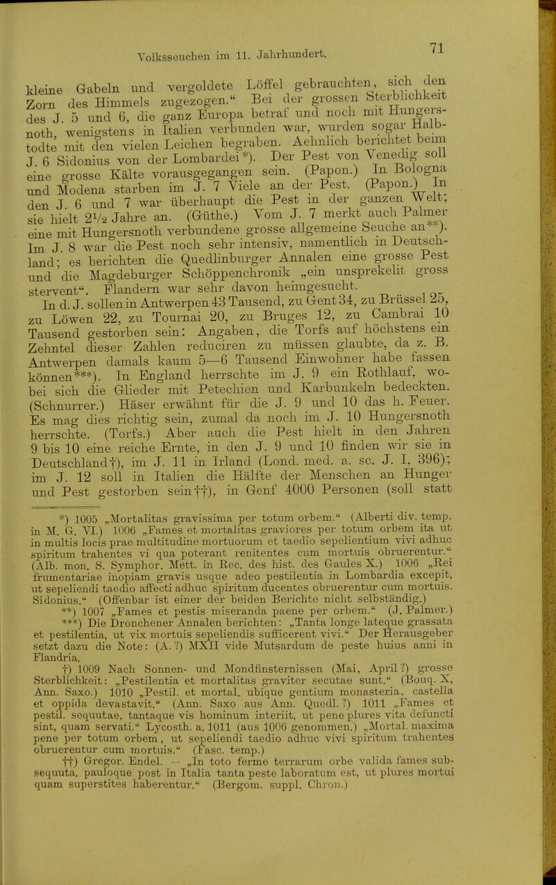 kleine Gabeln nnd vergoldete Löffel gebrauchten «^^h den Zorn des Himmels zugezogen. Bei der grossen bteijlichkeit des J. 5 und 6, die ganz Europa betraf und noch mit Hungei^- noth, wenigstens in Italien verbunden war wurden sogar Maib- ?odte mit den vielen Leichen begraben. Aehnlich berichtet beim J. 6 Sidonius von der Lombardei*). Der Pest von Venedig soll eine grosse Kälte vorausgegangen sem. (Papon.) In Bologna und Modena starben im J. 7 Viele an der Pest. (Papon.) In den J 6 imd 7 war überhaupt die Pest m der ganzen Welt, sie hielt 2V2 Jahre an. (Güthe.) Vom J. 7 merkt auch Palmer eine mit Hungersnoth verbundene grosse allgemeine Seuche an-). Im J 8 war die Pest noch sehr intensiv, namenthch m Deutsch- land-* es berichten die Quedhnburger Annalen eine grosse Pest und 'die Magdeburger Schöppenchronik „ein unsprekelit gross stervent. Flandern war sehr davon heimgesucht. In d J sollenin Antwerpen 43 Tausend, zu Gent 34, zu Brüssel 25, zu Löwen 22, zu Tournai 20, zu Bruges 12, zu Cambrai 10 Tausend gestorben sein: Angaben, die Torfs auf höchstens em Zehntel dieser Zahlen reduciren zu müssen glaubte, da z. B. Antwerpen damals kaum 5—6 Tausend Einwohner habe fassen können***). In England herrschte im J. 9 ein Eothlauf, wo- bei sich die Glieder mit Petechien und Karbunkeln bedeckten. (Schnurrer.) Häser erwähnt für die J. 9 und 10 das h. Feuer. Es mag dies richtig sein, zumal da noch im J. 10 Hungersnoth herrschte. (Torfs.) Aber auch die Pest hielt in den_ Jahren 9 bis 10 eime reiche Ernte, in den J. 9 und 10 finden wir sie in Deutschlandt), im J. 11 in Irland (Lond. med. a. sc. J. I, 396); im J. 12 soll in Itahen die Hälfte der Menschen an Hunger und Pest gestorben seinfl), in Genf 4000 Personen (soll statt *) 1005 „Mortalitas gravissima per totum orbem. (Alberti div. temp. in M. G. VI.) 1006 „Farnes et mortalitas graviores per totum orbem ita ut in miiltis locis prae multitudine mortuorum et taedio sepelientium vivi adliuc spiritum trahentes vi qua poterant renitentes cx\m mortiiis obruerentur.'' (Alb. mon. S. Symphor. Mett. in Eec. des bist, des Gaules X.) 1006 „Eei frumentariae inopiam gravis usque adeo pestilentia in Lombardia excepit, ut sepeliendi taedio affecti adhuc spiritum ducentes obruerentur cum mortuis. Sidonius. (Offenbar ist einer der beiden Berichte nicbt selbständig.) **) 1007 „Farnes et pestis miseranda paene per orbem. (J. Palmer.) ***) Die Droncbener Annalen berichten: „Tanta longe lateque grassata et pestilentia, ut vix mortuis sepeliendis sufficerent vivi. Der Herausgeber setzt dazu die Note: (A.'?) MXII vide Mutsardum de peste buixis anni in Flandria, t) 1009 Nach Sonnen- und Mondfinsternissen (Mai, April?) grosse Sterblichkeit: „Pestilentia et mortalitas graviter secutae sunt. (Bouq. X, Ann. Saxo.) 1010 „Pestil. et mortal. ubique gentium monasteria. castella et oppida devastavit. (Ann. Saxo aus Ann. Quedl. ?) 1011 „Fames et pestil. sequutae, tantaque vis hominum interiit, tit pene plures vita defuncti sint, quam servati. Lycosth. a. 1011 (aus 1006 genommen.) „Mortal. maxima pene per totum orbem, ut sepeliendi taedio adhuc vivi spiritum trahentes obruerentur cum mortuis. (Fase, temp.) ff) Gregor. Endel. - - „In toto ferme terrarum orbe valida iames sub- sequuta. pauloque post in Italia tanta peste laboratum est, ut plures mortui quam superstites haberentur. (Bergom. suppl, Chron.)