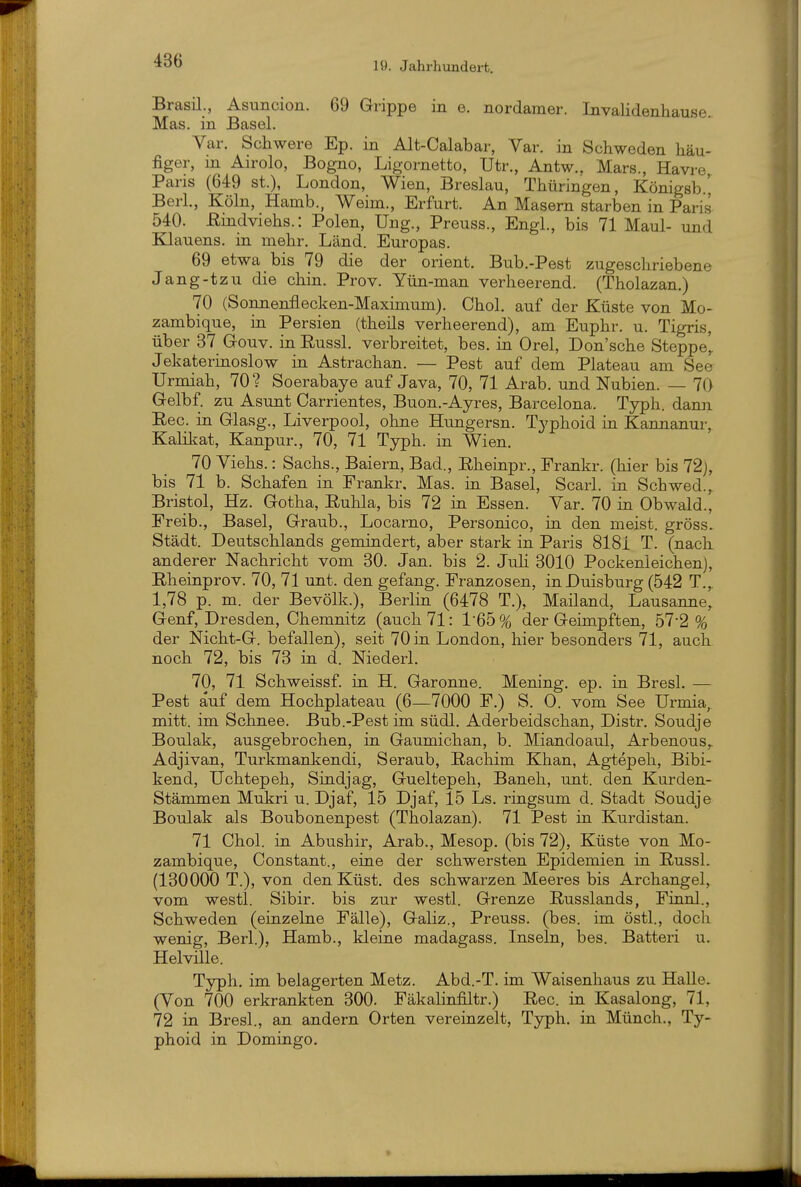 Brasil., Asuncion. 69 Grippe in e. nordamer. Invalidenhause. Mas. in Basel. Var. Schwere Ep. in Alt-Calabar, Var. in Schweden häu- figer, in Airolo, Bogno, Ligornetto, Utr., Antw.. Mars., Havre Paris (649 St.), London, Wien, Breslau, Thüringen, Königsb.' Berl., Köln, Hamb., Weim., Erfurt. An Masern starben in Paris 540. ßindviehs.: Polen, Ung., Preuss., Engl., bis 71 Maul- und Klauens. in mehr. Land. Europas. 69 etwa bis 79 die der Orient. Bub.-Pest zugeschriebene Jang-tzu die chin. Prov. Yün-man verheerend. (Tholazan.) 70 (Sonnenflecken-Maximum). Chol, auf der Küste von Mo- zambique, in Persien (theils verheerend), am Euphr. u. Tigris, über 37 G-ouv. in Eussl. verbreitet, bes. in Orel, Don'sche Steppe'^ Jekaterinoslow in Astrachan. — Pest auf dem Plateau am See Urmiah, 70? Soerabaye auf Java, 70, 71 Arab. und Nubien. — 70 Gelbf. zu Asunt Carrientes, Buon.-Ayres, Barcelona. Typh. dann Eec. in Glasg., Liverpool, ohne Hungersn. Typhoid in Kannanur, Kalil^at, Kanpur., 70, 71 Typh. in Wien. 70 Viehs.: Sachs., Baiern, Bad., Rheinpr., Frankr. (hier bis 72), bis 71 b. Schafen in Frankr. Mas. in Basel, Scarl. in Schwed., Bristol, Hz. Gotha, Ruhla, bis 72 in Essen. Yar. 70 in Obwald., Freib., Basel, Graub., Locarno, Personico, in den meist, gross. Stadt. Deutschlands gemindert, aber stark in Paris 8181 T. (nach anderer Nachricht vom 30. Jan. bis 2. Juh 3010 Pockenleichen), Rheinprov. 70, 71 unt. den gefang. Franzosen, in Duisburg (542 T.,. 1,78 p. m. der Bevölk.), Berlin (6478 T.), Mailand, Lausanne, Genf, Dresden, Chemnitz (auch 71: 1'65% der Geimpften, 57-2% der Nicht-G. befallen), seit 70 in London, hier besonders 71, auch noch 72, bis 73 in d. Niederl. 70, 71 Schweissf. in H. Garonne. Mening. ep. in Bresl. — Pest auf dem Hochplateau (6—7000 F.) S. 0. vom See Urmia. mitt. im Schnee. Bub.-Pest im südl, Aderbeidschan, Distr, Soudje Boulak, ausgebrochen, in Gaumichan, b. Miandoaul, Arbenous, Adjivan, Turkmankendi, Seraub, Rachim Khan, Agtepeh, Bibi- kend, Uchtepeh, Sindjag, Gueltepeh, Baneh, unt. den Kurden- Stämmen Mukri u. Djaf, 15 Djaf, 15 Ls. ringsum d. Stadt Soudje Boulak als Boubonenpest (Tholazan). 71 Pest in Kurdistan. 71 Chol, in Abushir, Arab., Mesop. (bis 72), Küste von Mo- zambique, Constant., eine der schwersten Epidemien in Russl. (130000 T.), von den Küst, des schwarzen Meeres bis Archangel, vom westl. Sibir. bis zur westl. Grenze Russlands, Finnl., Schweden (einzelne Fälle), Galiz., Preuss. (bes. im östl., doch wenig, Berl.), Hamb., kleine madagass. Inseln, bes. Batteri u. Helvüle. Typh. im belagerten Metz. Abd.-T. im Waisenhaus zu Halle. (Yon 700 erkrankten 300. Fäkalinfiltr.) Ree. in Kasalong, 71, 72 in Bresl., an andern Orten vereinzelt, Typh. in Münch., Ty- phoid in Domingo.