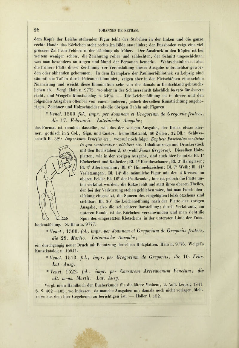 dem Kopfe der Leiclie stehenden Figur fehlt das Stäbchen in der linken und die ganze rechte Hand; das Körbchen steht rechts im Bilde statt links; der Fussboden zeigt eine viel grössere Zahl von Feldern in der Täfelung als früher. Der Ausdruck in den Köpfen ist hei weitem weniger schön, die Zeichnung roher und schlechter, der Schnitt ungeschickter, was man besonders an Augen und Mund der Personen bemerkt. Wahrscheinlich ist also die frühere Platte dieser Zeichnung vor Veranstaltung dieser Ausgabe unbrauchbar gewor- den oder abhanden gekommen. In dem Exemplare der Paulinerbibliothek zu Leipzig sind sämmtliche Tafeln durch Patronen illuminirt, zeigen aber in den Fleischtönen eine schöne Nuancirung und weicht diese Illumination sehr von der damals in Deutschland gebräuch- lichen ab. Vergl. Hain n. 9775, wo aber in der Schlussschrift fälschlich bureto für buxeto steht, und Weigel’s Kunstkatalog n. 3494. — Die Leichenöffnung ist in dieser und den folgenden Ausgaben offenbar von einem anderen, jedoch derselben Kunstrichtung angehö- rigen, Zeichner und Holzschneider als die übrigen Tafeln mit Figuren. * Tenet. 1500. fol., impr. per Joannem et Gregorium de Gregoriis fratres, die 17. Februarii. Lateinische Ausgabe; das Format ist ziemlich dasselbe, wie das der vorigen Ausgabe, der Druck etwas klei- ner, gothisch in 2 Col., Sign, und Gustos, keine Blattzahl, 66 Zeilen, 32 Bll.; Schluss- schrift Bl. 32^: Impressum Venetiis etc., worauf noch folgt: Explicit Fasciculus medicine in quo conlinentur: videlicet etc. Inhaltsanzeige und Druckerstock mit den Buchstaben Z, G (wohl Zuane Gregorio). Dieselben Holz- platten, wie in der vorigen Ausgabe, sind auch hier benutzt: Bl. 1“ Bücherbret und Katheder; Bl. l** Harnbeschauer; Bl. 2“ Harngläser; Bl. 3’’ Aderlassmann; Bl. 6'^ Himmelszeichen; Bl. 7“ Weib; Bl. 11“ Verletzungen; Bl. 14“ die männliche Figur mit den 4 Kreisen im oberen Felde; Bl. IB** der Pestkranke, hier ist jedoch die Platte un- ten verkürzt worden, die Katze fehlt und statt ihres oberen Theiles, der bei der Verkürzung stehen geblieben wäre, hat man Fussboden- täfelung eingesetzt, die Spuren des eingefügten Holzklötzchens sind sichtbar; Bl. 20*' die Leichenöffnung nach der Platte der vorigen Ausgabe, also die schlechtere Darstellung; durch Verkürzung am unteren Rande ist das Körbchen verschwunden und man sieht die Spur des eingesetzten Klötzchens in der untersten Linie der Fuss- hodentäfelung. S. Hain n. 9777. * Tenet., 1500. fol., impr. per Joannem et Gregorium de Gregoriis fratres, die 28. Martio. Lateinische Ausgabe; ein durchgängig neuer Druck mit Benutzung derselben Holzplatten. Hain n. 9776. Weigel’s Kunstkatalog n. 10941. *Tenet. 1513. fol., impr. per Gregorium de Gregoriis, die 10. Fehr. Lat. Ausg. * Tenet. 1522. fol, impr. per Caesarem Arrivabenum Teneturn, die ult. mens. Marlii. Lat. Ausg. Vei gl. mein Handbuch der Bücherkunde für die ältere Medicin, 2. Aufl. Leipzig 1841. 8. S. 402-405, wo indessen, da manche Ausgaben mir damals noch nicht Vorlagen, Meh- reres aus dem hier Gegebenen zu herichligen ist. — Haller I. 152.