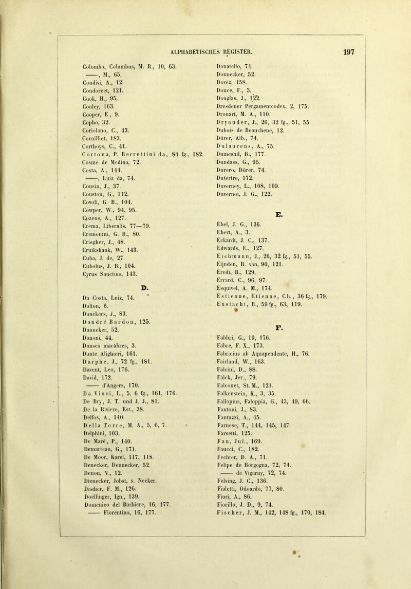 Colombo, Columbus, M. R., 10, 63. , M., 65. Condivi, A., 12. Condorcet, 121. Caok, H., 95. Cooley, 163. Cooper, E., 9. Copho, 32. Coriolano, C., 43. Cornilliet, 183. Corthoys, C., 41. Cortona, P. ßerrettini da, 84 fg., 182. Cosme de Medina, 72. Costa, A., 144. , Luiz da, 74. Cousin, J., 37. Coustou, G., 112. Covoli, G. B., 104. Cowper, W., 94, 95. Cjozens, A., 127. Crema, Liberalis, 77—79. Cremonini, G. B., 80. Criegher, .1., 48. Cruikshank, W., 143. Cuba, .1. de, 27. Cubolus, .1. B., 104. Cyrus Sanctius, 143. D. Da Costa, Luiz, 74. Dalton, 6. Danckers, J., 83. Dandre Bardon, 125. Danneker, 52. Danoni, 44. Danses macAbres, 3. Dante Aligbieri, 161. D arp h e, J., 72 fg., 181. Davent, Leo, 176. David, 172. d’Angers, 170. Da Vinci, L., 5, 6 fg., 161, 176. De Bry, J. T. und J. J., 81. De la Riviere, Est., 38. Delfos, A., 140. Deila Torre, M. A., 5, 6, 7. Delphini, 103. De Mare, P., 140. Demarteau, G., 171. De Moor, Karel, 117, 118. Denecker, Dennecker, 52. Denon, V., 12. Dienecker, Jobst, s. Necker. Disdier, F. M., 126. Doellinger, Ign., 139. Domenico del Barbiere, 16, 177. Fiorentino, 16, 177. Donatello, 74. Donnecker, 52. Dorcz, 158. Douce, F., 3. Douglas, J., 122. Dresdener Pergamentcodex, 2, 175. Drouart, M. A., 110. Dryander, J., 26, 32 fg., 51, 55. Dubois de Beaucliene, 12. Dürer, Alb., 74. Dulaurens, A., 75. Dumesnil, B., 177. Dundass, G., 95. Durero, Dürer, 74. Dutertre, 172. Duverney, L., 108, 109. Duvernoi, J. G., 122. E. Ebel, J. G., 136. Ebert, A., 3. Eckardt, J. C., 137. Edwards, E., 127. Eichmann, J., 26, 32 fg., 51, 55. Eijnden, R. van, 90, 121. Eredi, B., 129. Errard, C., 96, 97. Esquivel, A. M., 174. Estienne, Etienne, Cli., 36 fg., 179. Eustachi, B., 59 fg., 63, 119. t F. Fabbri, G., 10, 176. Fahre, F. X., 173. Fabricius ab Aquapendente, H., 76. Fairland, W., 163. Falcini, D., 88. Faick, Jer., 79. Falconet, St. M., 121. Falkenstein, K., 3, 35. Fallopius, Faloppia, G., 43, 49, 66. Fantoni, .1., 83. Fantuzzi, A., 45. Farnese, T., 144, 145, 147. Farsetti, 125. Fau, Jul., 169. Faucci, C., 182. Fechter, D. A., 71. Felipe de Borgogna, 72, 74. de Vigarny, 72, 74. Felsing, J. C., 136. Fialetti, Odoardo, 77, 80. Fiori, A., 86. Fiorillo, J. D., 9, 74. Fischer, J. M., 142, 148 fg., 170, 184.