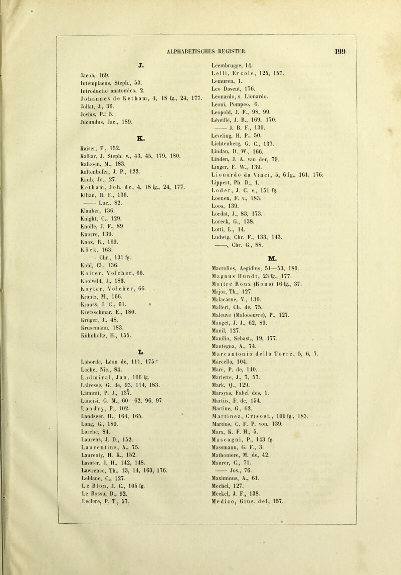 J. •lacül), 169. Iiitemplaeus, Stepli., 53. Introductio anatomica, 2. .loliannes de Ketham, 4, 18 fg., 24, 177. Jollat, .1., 36. Jovius, P., 5. .lucundus, Jac., 189. K. Kaiser, F., 152. Kalkar, .1. Steph. v., 43, 45, 179, 180. Kalkoen, M., 183. Kaltenhofer, J. P., 122. Kaub, .Io., 27. Ketham, .loh. de, 4, 18 fg., 24, 177. Kilian, H. F., 136. Luc,. 82. Klauber, 136. Knigbt, C., 129. Knolle, J. F., 89 Knorre, 139. Knox, R., 169. Köck, 163. Clir., 131 fg. Kohl, CL, 136. Kolter, Volcher,66. Koolveld, .1., 183. Koyter, Volcher, 66. Krantz, M., 166. Krauss, .1. C., 61. • Kretzschmar, E., 180. Krüger, .1., 48. Krusemann, 183. Kühnholtz, H., 155. L. Laborde, Leon de, 111, 175.' Lache, Nie., 84. Lad m i r al, .1 a n , 106 fg. Lairesse, G. de, 93, 114, 183. Laminit, P. .1., 13V Lancisi, G. M., 60—62, 96, 97. Landry, P., 102. Landseer, H., 164, 165. Lang, G., 189. Lärche, 84. Laurens, .1. D., 152. Laurentius, A., 75. Laurenty, H. K., 152. Lavater, J. H., 142, 148. Lawrence, Th., 13, 14, 163, 176. Leblanc, C., 127. Le Blon, J. C., 105 fg. Le Bossu, D., 92. Ledere, P. T., 57. Leembrugge, 14. Le 11 i, Erco 1 e, 125, 157. Lemuren, 1. Leo Davent, 176. Leonardo, s. Lionardo. Leoni, Pompeo, 6. Leopold, .1. F., 98, 99. Leveille, .1. B., 169, 170. .1. B. F., 130. Leveling, H. P., 50. Lichtenberg, G. C., 137. Lindau, D. W., 166. Linden, .1. A. van der, 79. Linger, F. W., 139. Lionardo da Vinci, 5, 6fg., 161, 176. Lippert, Ph. D., 1. Loder, J. C. v., 151 fg. Loenen, F. v., 183. Loos, 139. Lordat, J., 83, 173. Loreck, G., 138. Lotli, L., 14. Ludwig, Chr. F., 133, 143. , Chr. G., 88. M. Macrolios, Aegidius, 51—53, 180. Magnus Hundt, 23 fg., 177. Maitre Roux (Rous) 16fg., 37. Major, Th., 127. Malacarne, V., 130. Malier!, Ch. de, 75. Maleuve (Malooeuvre), P., 127. Manget, J. J., 62, 89. Manil, 127. Manilio, Sebast., 19, 177. Mantegna, A., 74. Marcantonio della Torre, 5, 6, 7. Marcella, 104. Mare, P. de, 140. Mariette, .1., 7, 57. Mark, Q., 129. Marsyas, Fabel des, 1. Martiis, F. de, 154. Martine, G., 62. Martinez, Crisost., 100 fg., 183. Martins, C. F. P. von, 139. Marx, K. F. H., 5. Mascagni, P., 143 fg. Massmann, G. F., 3. Mathoniere, M. de, 42. Maurer, C., 71. Jos., 76. Maximinus, A., 61. Mechel, 127. Meckel, J. F., 138. Medico, Gius. del, 157.